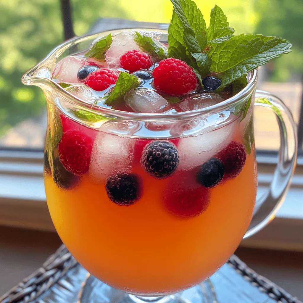 - 2 green tea bags - 1 cup freshly pressed apple juice - 1/2 cup mixed berries (strawberries, blueberries, and raspberries) - 1 teaspoon honey (or to taste) - 1 tablespoon freshly squeezed lemon juice - 2 cups boiling water - Fresh mint leaves for garnish - Ice cubes (optional) To make apple berry green tea, you need fresh and quality ingredients. The green tea bags bring a lovely flavor and health benefits. Apple juice adds sweetness and charm. Mixed berries provide vibrant color and nutrients. Honey gives a touch of sweetness, while lemon juice adds a zesty kick. Boiling water is essential for steeping the tea properly. Fresh mint leaves not only look nice but also offer a refreshing aroma. Ice cubes are optional if you want a chilled drink on warm days. - Additional sweeteners (agave, stevia) - Different berry combinations (blackberries, cranberries) - Citrus options (lime, orange juice) You can customize your apple berry green tea with optional add-ins. If you prefer a sweeter drink, try agave or stevia. Feel free to mix different berries for a unique twist. Blackberries and cranberries can bring new flavors to the drink. You can also play with citrus options like lime or orange juice for an extra zing. Each choice allows you to make this drink truly your own. For the full recipe, check out the complete guide. Boil 2 cups of water in a pot. Once the water boils, remove the pot from heat. Place 2 green tea bags into the hot water. Cover the pot and let the tea steep for 3 to 4 minutes. This time gives the tea a nice flavor. If you steep too long, the tea can taste bitter, so keep an eye on the clock! While your tea steeps, it’s time to make the berry-apple mixture. Take 1/2 cup of mixed berries, such as strawberries, blueberries, and raspberries. Add these to a blender along with 1 cup of freshly pressed apple juice. Blend until smooth. To make the juice silky, strain the mixture through a fine mesh sieve into a pitcher. This helps remove any seeds or pulp. Once the tea is ready, remove the tea bags. Pour the strained berry-apple juice into the brewed green tea. Stir gently to mix the flavors. Now, add 1 teaspoon of honey and 1 tablespoon of freshly squeezed lemon juice. Stir until the honey dissolves. Taste the drink and add more honey if you like it sweeter. If you want it cold, chill the drink in the fridge or pour it over ice. For a pretty touch, add fresh mint leaves on top before serving. To make the best apple berry green tea, start with the right water temperature. Green tea needs hot water, but not boiling. Aim for about 175°F to 185°F. This keeps the tea from tasting bitter. For steeping, I suggest 3 to 4 minutes. If you steep too long, it may lose its fresh taste. You can add spices or herbs to boost flavor. A pinch of cinnamon or fresh ginger can add warmth. If you like mint, toss in a few leaves when serving. Pair this tea with light snacks. Think fruit salads, cheese platters, or even light pastries. They will complement the drink well. Serve your tea in clear glasses to show off its vibrant colors. This makes it look more inviting. For a touch of elegance, add a slice of apple on the rim of each glass. You can also garnish with fresh mint leaves for a pop of color and aroma. These small details make your drink even more special. For the full recipe, check out the [Full Recipe]. {{image_4}} You can mix and match fruits to make apple berry green tea even better. Try using seasonal fruits like peaches or nectarines in summer. For a tropical twist, add pineapple or mango. Citrus fruits like oranges or limes brighten the drink and add zing. Each fruit offers a unique taste and can change the drink's character. To make a delicious iced version, prepare the tea as usual. After steeping, let it cool for a bit. Pour it over ice cubes and enjoy a refreshing drink. Add fresh fruit slices to enhance the flavor and look. If you prefer hot tea, serve it right after steeping. This keeps the flavor strong and aromatic. Honey is a good choice for sweetening your drink. You can also try agave syrup or maple syrup for variety. If you want to cut calories, use stevia or monk fruit. These options keep the drink sweet without the extra sugars. Adjust the amount to suit your taste. For more ideas, check the Full Recipe for different sweetener suggestions! To keep leftover apple berry green tea fresh, store it in the fridge. Use a tight lid on your container. Glass jars work great for this. They help keep flavors strong and prevent spills. Drink the tea within three days for the best taste. If you want to save the apple-berry mix for later, consider freezing it. Pour the mix into ice cube trays. Once frozen, transfer the cubes to a freezer bag. This way, you can avoid spoilage. The mix can last for up to three months frozen. Just remember to label the bag with the date. To reheat stored tea, use the stove or microwave. Heat it gently to avoid losing flavor. If using the microwave, start with 30 seconds. Stir and check the temperature. Repeat if necessary. If you want to keep it cold, pour it over ice straight from the fridge. Enjoy your refreshing drink! For the complete recipe, check out the Full Recipe section. Apple berry green tea is packed with health benefits. First, green tea has antioxidants. These help fight free radicals in your body, which can keep you healthy. Second, apples and berries are full of vitamins. Apples give you vitamin C, which helps your immune system. Berries, like strawberries and blueberries, add more vitamins and minerals. They also provide fiber, which is good for digestion. Yes, you can use other types of tea. If you want a stronger flavor, try black tea. For a lighter taste, white tea works well too. Herbal teas can add different flavors, like chamomile or peppermint. Just remember, the flavor will change based on the tea you choose. Apple berry green tea can be great for kids. It has natural sweetness from fruits. Just be careful with the caffeine in green tea. You can use decaf green tea to make it better for children. You might also want to reduce the honey. That way, it will be less sweet for little ones. You can find apple berry green tea at many grocery stores. Look for it in the tea aisle. Many brands offer it, so you can choose your favorite. You can also buy it online at places like Amazon or specialty tea shops. This way, you can find exactly what you want. Brewed apple berry green tea is best when fresh. If you keep it in the fridge, it can last about 3 days. Make sure to store it in a sealed container. This keeps it fresh and tasty. If you notice any changes in smell or color, it’s best to throw it out. This blog post covers the tasty apple berry green tea recipe you can easily make. We explored how to prepare the drink, select ingredients, and enhance its flavors. You can enjoy many variations, whether hot or cold. In my experience, this tea offers generous health benefits, and it tastes great. It's easy to adapt for your taste, so feel free to experiment with flavors. Enjoy your refreshing drink, and share it with friends!