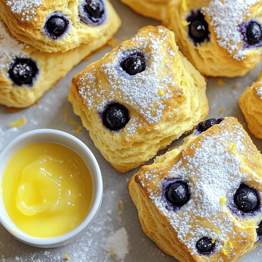 To make the perfect lemon blueberry scones, gather these key ingredients: - 2 cups all-purpose flour - 1/3 cup granulated sugar - 1 tablespoon baking powder - 1/2 teaspoon salt - 1/2 cup unsalted butter, cold and cut into small cubes - Zest of 1 large lemon (about 1 tablespoon) - 1 cup fresh blueberries (or frozen blueberries, thawed and well-drained) - 1/2 cup heavy cream - 1 large egg, beaten - 1 teaspoon pure vanilla extract - 1 tablespoon freshly squeezed lemon juice These ingredients balance each other well. The flour gives structure, while the sugar adds sweetness. Baking powder helps the scones rise. The butter creates a flaky texture, and the lemon zest gives a fresh flavor. Blueberries add a burst of sweetness and color. You can also customize your scones with optional add-ins. Consider these ideas: - Use raspberries or strawberries instead of blueberries for a twist. - Add more citrus zest like orange or lime for extra flavor. - For a sweet touch, drizzle a glaze made of powdered sugar and lemon juice on top after baking. These options allow you to create your unique scone while keeping the core recipe intact. Try different combinations to find your favorite. For the full recipe, check out the complete guide. - Preheat your oven to 400°F (200°C). - Line a baking sheet with parchment paper. This helps the scones not stick. - In a large mixing bowl, combine: - 2 cups all-purpose flour - 1/3 cup granulated sugar - 1 tablespoon baking powder - 1/2 teaspoon salt Whisk these dry ingredients until they mix well. - Take 1/2 cup of cold, unsalted butter and cut it into small cubes. - Add the butter to the dry mix. Use a pastry cutter or your fingers to blend. - Aim for a coarse, crumbly texture. It should look like small pebbles. - Gently fold in: - Zest of 1 large lemon - 1 cup fresh blueberries (or frozen, thawed, and drained) In a separate bowl, mix: - 1/2 cup heavy cream - 1 large beaten egg - 1 teaspoon pure vanilla extract - 1 tablespoon lemon juice Whisk these wet ingredients until smooth. - Slowly pour the wet mix into the dry mix. - Gently fold with a spatula or wooden spoon until just combined. - Be careful not to overmix; this keeps the scones tender. - Transfer the dough to a floured surface. - Shape the dough into a circular disc, about 1 inch thick. - Cut the disc into 8 wedges or use a round cutter for individual scones. - Place the scones on the prepared baking sheet, leaving space between them. - Bake for 15-18 minutes. Look for a light golden brown color on the tops. Once baked, let them cool slightly on a wire rack. Enjoy your lemon blueberry scones! For the full recipe, check the earlier sections. To make the best lemon blueberry scones, use cold ingredients. Cold butter helps create a flaky texture. When you mix the butter with flour, aim for small crumbs. Avoid overmixing the dough. If you mix too much, the scones can become tough. Gently fold in the wet mixture until just blended. The goal is to keep the dough light and airy. These scones shine when paired with lemon curd or clotted cream. The tangy lemon curd complements the sweet blueberries. Clotted cream adds a rich, velvety touch. Serve them warm for the best flavor. You can even add a drizzle of honey for extra sweetness. To make your scones look great, dust them with powdered sugar. This adds a lovely touch. You can also serve them on a nice platter. Arrange the scones in a circle or in a stack. A small bowl of lemon curd next to the scones invites guests to dig in. These simple tricks enhance the visual appeal and make your treat even more special. For the full recipe, check out the details above. {{image_4}} You can change the flavor of your scones easily. Try using different fruits like raspberries, strawberries, or blackberries. Each fruit gives a new taste. You can also add spices. Cinnamon or nutmeg can add warmth. For a fun twist, mix in some chopped nuts or chocolate chips. Just remember to keep the ratios similar to the blueberries. This way, your scones will still be light and fluffy. Making these scones gluten-free is simple. Use a gluten-free flour blend instead of all-purpose flour. Look for blends that include xanthan gum for the best texture. If you want a vegan option, replace the butter with coconut oil or vegan butter. Use a flax egg instead of a regular egg. Mix 1 tablespoon of ground flaxseed with 2.5 tablespoons of water. Let it sit for a few minutes until it thickens. These changes will keep your scones tasty and fluffy. You can shape the scones in different ways. A traditional round cutter gives you classic scones. Just press down and twist for a clean edge. If you prefer wedges, shape the dough into a circle and cut it into triangles. Wedges can be easier and faster. Both methods work well, so choose what you like best. Just make sure to space them apart on the baking sheet. This helps them bake evenly and rise nicely. For the full recipe, check out the Lemon Blueberry Bliss Scones 🫐. To keep your scones fresh, wrap them in plastic wrap. Place them in an airtight container. This method locks in moisture and prevents drying. Store them at room temperature for up to two days. For longer storage, the fridge is a good option, but it may change the texture. You can freeze scones before or after baking. To freeze before baking, shape the dough into wedges and place them on a baking sheet. Freeze them for about 30 minutes. Once firm, transfer them to a freezer bag. Seal and label the bag. When ready to bake, add a few extra minutes to the baking time. Freezing after baking is also easy. Let the scones cool, then wrap each one in plastic wrap. Place them in a freezer bag, seal, and label. They can last for up to three months. To restore freshness to thawed or leftover scones, preheat your oven to 350°F (175°C). Place the scones on a baking sheet lined with parchment paper. Heat for about 10 minutes. This warms them up and helps regain their fluffiness. You can also use the microwave, but they may not be as crisp. Heat for 20-30 seconds, and enjoy! To make fluffy scones, keep your butter cold. Cold butter creates steam as it melts, which helps the scones rise. Use a pastry cutter or your fingers to mix the butter into the dry mix. Don’t overmix when adding wet ingredients. Mix just until combined for the best fluffiness. Yes, you can use frozen blueberries! Just thaw them first and drain any excess liquid. Frozen blueberries can add a nice burst of flavor. They may make your dough a bit purple, but that’s okay. The taste will still be great. Lemon blueberry scones pair well with many treats. You can serve them with lemon curd for a tangy touch. Clotted cream adds richness, making each bite decadent. A cup of tea or coffee also complements these scones perfectly. Homemade scones stay fresh for about two days at room temperature. Store them in an airtight container. For longer storage, place them in the fridge for up to a week. You can also freeze scones for up to three months. Just reheat them in the oven when ready to eat. You now know how to bake perfect lemon blueberry scones. Remember to use cold ingredients and avoid overmixing. Personalize your scones with different fruits or flavors to suit your taste. Store leftovers to enjoy later, and don’t forget to serve them with your favorite toppings. With these tips, you can impress anyone with your baking skills. Enjoy your baking journey and share these tasty treats with friends and family!
