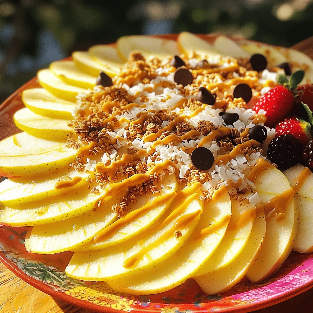 Here’s what you need to make Healthy Apple Nachos. These ingredients blend to create a treat that is tasty and good for you. - 2 medium apples (Fuji, Gala, or other favorites) - 1/4 cup creamy almond butter (or peanut butter) - 2 tablespoons honey or pure maple syrup - 1/4 cup granola (your preferred type) - 2 tablespoons mini chocolate chips (dark or semi-sweet) - 1/4 cup unsweetened shredded coconut - A pinch of warm cinnamon - Fresh berries for garnish (optional) These ingredients provide a balance of flavors and textures. The apples give a crisp bite, while the almond butter adds creaminess. Honey or maple syrup brings sweetness, and granola offers crunch. The chocolate chips are a fun touch, and coconut adds a tropical vibe. Cinnamon warms the dish, making it inviting. Fresh berries, if you choose to add them, give a splash of color and tartness. Using these simple ingredients, you can create a dish that satisfies your sweet tooth without the guilt. I find this recipe encourages creativity, too. You can switch up the nut butter or toppings based on what you have at home. For the full recipe, check out the steps provided earlier. Enjoy creating your delicious apple nachos! - Wash and dry the apples. This step keeps them clean and fresh. - Slice apples into rounds, about 1/4 inch thick. Thin slices make them easy to eat and look nice. - Arrange apple slices on a serving plate. You can make them look fun by stacking or fanning them out. - Mix almond butter with honey or maple syrup in a small bowl. This blend creates a sweet and creamy sauce. - Drizzle the mixture over your apple slices. Make sure each slice gets some love from the drizzle. - Sprinkle granola, chocolate chips, and coconut on top. Each topping adds a tasty crunch and burst of flavor. You can find the Full Recipe for more details. Enjoy your delicious and healthy apple nachos! To make your healthy apple nachos shine, use a colorful plate or a decorative platter. The fun shapes and colors of the apples pop against vibrant backgrounds. For a special touch, serve extra almond butter on the side. This lets everyone add their favorite amount of nutty goodness. You can switch things up with different nut butters. Try peanut butter, cashew butter, or even sunflower seed butter. Each choice adds its own flavor. Don’t stop there—experiment with toppings too! Nuts, seeds, or dollops of yogurt can enhance your nachos. This way, you can make them your own. Apples are not just tasty; they are also very healthy! They are full of fiber, which helps with digestion. Almond butter adds protein and healthy fats, making this treat more filling. Honey or maple syrup gives a natural sweetness, while granola adds crunch. Each ingredient plays a role in making your apple nachos a balanced snack. Enjoy all these benefits while treating your taste buds! {{image_4}} You can make Healthy Apple Nachos even more fun by trying new flavors. Use different fruits like pears or bananas for a twist. Each fruit brings its own taste and texture. Add spices like nutmeg or ginger for an extra kick. A sprinkle of nutmeg can add warmth, while ginger gives a nice zing. Mix and match your favorites to keep things interesting! Adapting this snack to fit your diet is easy. For a vegan option, just swap out honey for maple syrup. This keeps it sweet and plant-based. If you need a gluten-free version, choose gluten-free granola. You can also lower the sugar by using less honey or maple syrup. Try topping with nuts or seeds instead of chocolate chips. This way, you get healthy fats and protein. Enjoy experimenting with these ideas! To keep apple slices fresh, store them in an airtight container. You can use a bowl with a lid or a zip-top bag. Add a squeeze of lemon juice to the apples. This will help slow down browning. Keep the container in the fridge. This will keep your apples crisp and tasty for longer. For leftover toppings, store them separately. Place any extra almond butter in a small jar. Seal it tightly and keep it in the fridge. Granola, chocolate chips, and coconut can stay in their original packaging. Make sure they are sealed well to keep them fresh. Fresh apple slices can last about 3 days in the fridge. However, they are best eaten within the first day. Almond butter can last for months if kept sealed and stored in a cool place. Granola usually has a shelf life of about 3 to 6 months. Chocolate chips and coconut can last a year if stored properly. By following these tips, you can enjoy your Healthy Apple Nachos over several days. For the full recipe, check the earlier sections. To keep apples from browning, try using lemon juice. Just squeeze some juice over the sliced apples. The acid in the lemon slows down the browning process. You can also use orange juice or vinegar in a pinch. Another method is to soak the slices in a mix of water and lemon juice for a few minutes. Yes, you can make Healthy Apple Nachos ahead of time, but some steps work best fresh. Slice the apples and store them in a bowl with lemon juice. This keeps them crunchy. You can prepare the toppings, like almond butter and granola, ahead of time. Just wait to drizzle the almond butter until you serve. This keeps everything fresh. If you need substitutes for almond butter, many options exist. Peanut butter is a great choice and adds a rich taste. Sunflower seed butter works well for nut-free diets. Cashew butter and tahini are also tasty alternatives. Each of these options gives a unique flavor to your Healthy Apple Nachos. This blog post showed you how to make healthy apple nachos using simple ingredients. We covered the best apples to use, step-by-step instructions for easy assembly, and creative ways to customize your dish. You can even store extras for later! Incorporating apples and nut butters adds great taste and nutrition. With all the tips shared, you can make this dish perfect for any occasion. Enjoy experimenting and creating your own delicious versions!