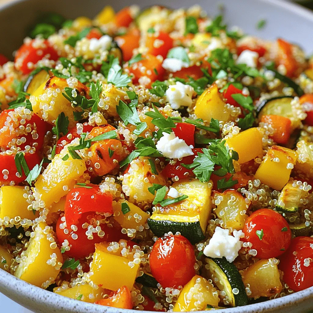 To make this vibrant roasted vegetable quinoa salad, you need: - 1 cup quinoa, thoroughly rinsed under cold water - 2 cups vegetable broth - 1 red bell pepper, diced into bite-sized pieces - 1 yellow bell pepper, diced into bite-sized pieces - 1 medium zucchini, diced into uniform pieces - 1 red onion, chopped into large chunks - 1 cup cherry tomatoes, halved - 2 tablespoons extra-virgin olive oil - 1 teaspoon garlic powder - 1 teaspoon smoked paprika - Salt and freshly cracked black pepper to taste - 1/4 cup fresh parsley, finely chopped - Juice of 1 medium lemon - 1/4 cup crumbled feta cheese (optional) Quinoa stands out as a superfood. It is high in protein and fiber. This makes it great for digestion and energy. The bell peppers add vitamins A and C. These help keep your skin healthy. Zucchini is low in calories but high in hydration. It can help you feel full without adding weight. Cherry tomatoes are full of antioxidants, which support your heart. Fresh parsley not only adds flavor but also packs vitamin K. Lemon juice gives you vitamin C and can aid digestion. Using fresh vegetables is key for flavor and texture. They add crunch and color to the salad. Fresh veggies also have more nutrients than frozen ones. However, frozen vegetables can be a good option in a pinch. They are picked at peak ripeness and flash-frozen. This helps lock in nutrients. If you choose to use frozen, make sure to thaw and drain them well. This avoids excess water in your salad. I recommend fresh for the best taste, but frozen works in a hurry. For the full recipe, check out the details. Start by preheating your oven to 400°F (200°C). This step is key for roasting. In a bowl, mix diced red and yellow bell peppers, zucchini, red onion, and halved cherry tomatoes. Drizzle 2 tablespoons of extra-virgin olive oil over the veggies. Add 1 teaspoon of garlic powder, 1 teaspoon of smoked paprika, salt, and freshly cracked black pepper. Toss everything well. Make sure all the vegetables get coated. Spread them on a baking sheet in one layer. Roast for 25-30 minutes, stirring halfway. Look for tender veggies with a nice caramelized edge. While your veggies roast, it’s time to cook the quinoa. In a medium saucepan, pour in 2 cups of vegetable broth. Bring it to a rapid boil. Add 1 cup of thoroughly rinsed quinoa to the boiling broth. Reduce the heat to low. Cover the pot with a lid. Let it simmer for 15 minutes. When the liquid is absorbed, your quinoa will be fluffy. Remove it from heat and let it cool with the lid on. Once your veggies are roasted and quinoa is cooked, it’s time to combine. In a large bowl, mix the cooked quinoa with the roasted vegetables. Squeeze the juice of 1 medium lemon over the mix. This brightens the flavors nicely. Gently toss everything together. Next, fold in 1/4 cup of finely chopped fresh parsley. If you like, sprinkle 1/4 cup of crumbled feta cheese on top. Taste and adjust seasoning with extra salt or pepper if needed. You can serve it warm or let it cool to room temperature. For a full recipe, check out the complete guide! To roast vegetables well, start with a hot oven. Preheat it to 400°F (200°C). Chop your veggies into uniform pieces. This helps them cook evenly. Use a large baking sheet and spread the veggies out. Avoid overcrowding; it leads to steaming instead of roasting. Stir the veggies halfway through cooking. This ensures all sides get nice and brown. Look for a golden color and a soft texture. These signs mean they are ready. To boost flavor, use fresh herbs. Rosemary and thyme work great. Toss in some minced garlic for an extra kick. You can also try adding balsamic vinegar or lemon juice before serving. These add brightness and depth. If you like heat, sprinkle some red pepper flakes. You can also mix in nuts or seeds for crunch and taste. You can serve this salad warm or cold. For a fun twist, use it as a filling in wraps. Add some avocado for creaminess. Serve on a bed of greens for extra freshness. You can also pair it with grilled chicken or fish for protein. Garnish with extra parsley or feta cheese for a pop of color. Check out the Full Recipe for a delightful blend of flavors! {{image_4}} You can change up your roasted vegetable quinoa salad by swapping in other veggies. Try carrots, sweet potatoes, or even broccoli. Each vegetable brings its own taste. For a sweeter note, add butternut squash. If you like greens, toss in spinach or kale. Just remember to cut them into similar sizes to ensure even cooking. While lemon juice adds a nice zing, you can try different dressings. A balsamic vinaigrette gives a tangy flavor. For something creamy, use a yogurt-based dressing. Try tahini for a nutty twist. You can also mix olive oil with fresh herbs for a simple yet tasty option. Each dressing can change the flavor profile of the salad. To make your salad more filling, add protein. Chickpeas or black beans are great choices. They boost fiber and add texture. For meat lovers, grilled chicken or shrimp work well too. If you want a quick option, toss in some canned tuna. Adding protein makes the salad a full meal, perfect for lunch or dinner. Feel free to explore the [Full Recipe] for more ideas! To store leftover roasted vegetable quinoa salad, place it in an airtight container. Make sure to cool it down before sealing. This helps keep the flavors fresh. You can store it in the fridge for up to three days. Always check for any signs of spoilage before eating. You can enjoy this salad cold or warm. If you prefer it warm, simply heat it in the microwave for about one minute. Stir it halfway through to ensure even heating. If you like it cold, serve it straight from the fridge. The flavors will still be delicious! The salad lasts for about three days in the fridge. For longer storage, you can freeze it. Portion the salad into freezer-safe bags. Remove as much air as possible before sealing. When ready to eat, thaw it in the fridge overnight. Reheat it gently, or enjoy it cold. This way, you can savor the delightful flavors anytime! Yes, you can make this salad ahead of time. It stores well in the fridge. Prepare the salad up to two days in advance. Just keep the dressing separate until you are ready to serve. This way, the salad stays fresh and crisp. This salad pairs well with many side dishes. Here are some great options: - Grilled chicken or fish for added protein - Crusty bread or pita for a nice crunch - A light soup, like tomato or vegetable, for warmth - A fresh fruit salad for a sweet contrast Making this salad vegan is easy! Simply omit the feta cheese. You can add extra veggies or nuts for creaminess. Try avocado or sunflower seeds for a tasty twist. This keeps the salad full of flavor while being plant-based. This blog post covered all you need for a tasty quinoa salad. We looked at key ingredients and their health benefits. You learned how to prepare and cook them well. We shared roasting tips and ways to boost flavor. Feel free to explore variations and discover new ingredients. Remember, proper storage keeps your salad fresh. Enjoy making quinoa salad your way!