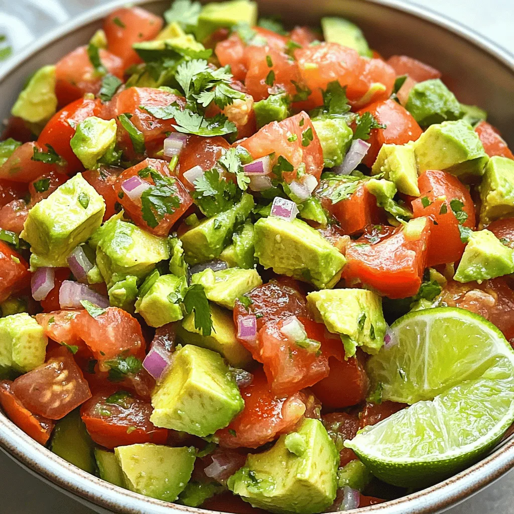 To make the Simple Tomato Avocado Salad, gather these fresh ingredients: - 3 ripe tomatoes, diced into bite-sized pieces - 2 ripe avocados, diced into cubes - 1 small red onion, finely chopped - 1/4 cup fresh cilantro, finely chopped - 2 tablespoons fresh lime juice - 1 tablespoon extra virgin olive oil - Salt and freshly ground black pepper to taste - Optional: 1 jalapeño, finely chopped (for a spicy kick) This salad is not only tasty, but it also provides great nutrition. Each serving has about: - Calories: 180 - Total fat: 14g - Protein: 3g - Vitamins: Rich in Vitamin C and Vitamin E Tomatoes and avocados offer many benefits. - Tomatoes are high in antioxidants, which help fight free radicals. They support heart health and may lower cancer risk. - Avocados are packed with healthy fats. These fats can lower bad cholesterol and improve heart health. They also provide fiber, which aids digestion and keeps you full. Adding this salad to your meals boosts your health while delighting your taste buds. Enjoy the full recipe for a fresh and vibrant treat! To start, gather your ingredients. You need ripe tomatoes, avocados, red onion, and cilantro. Begin by dicing the tomatoes into bite-sized pieces. Then, cut the avocados into cubes. Place both in a large mixing bowl; this will form the salad's base. Next, finely chop the red onion and cilantro. Add them to the bowl, mixing everything together. If you like heat, now is the time to add finely chopped jalapeño. This will give your salad a fun kick. For the dressing, you'll use fresh lime juice and extra virgin olive oil. Drizzle these over your salad. This brightens up the flavors and adds a lovely shine. Now, it’s time to toss. Use a large spoon to gently mix everything. Be careful not to mash the avocado. You want those creamy chunks to stay whole for the best texture. After mixing, let the salad sit for about 5 minutes. This short resting time allows the flavors to meld nicely. The salad will taste even better after resting. Enjoy every bite of this fresh and vibrant dish! For the full recipe, check out the details provided earlier. Choosing ripe tomatoes and avocados is key. Look for tomatoes that feel firm but yield slightly when pressed. They should have a bright color and a sweet scent. For avocados, pick ones that are dark and slightly soft to touch. Avoid those with large dents or dark spots. If you find firm avocados, let them ripen at room temperature for a few days. To boost flavor, try adding spices. A pinch of cumin or smoked paprika adds warmth. For a fresh twist, chopped mint or basil can work wonders too. If you like heat, add red pepper flakes or a splash of hot sauce. Feel free to experiment with your favorite spices to find the perfect mix. Serving the salad in a large, shallow dish makes it pop. Consider plating it on individual plates for a more personal touch. Garnish with extra cilantro leaves and lime wedges for color. Drizzling a bit more olive oil on top gives it an inviting shine. This makes your salad not just tasty but also a feast for the eyes. {{image_4}} You can easily turn this salad into a heartier dish. Adding proteins like grilled chicken or shrimp works great. They bring a nice texture and flavor. Simply grill your protein of choice, then slice or chop it. Toss it in with the tomatoes and avocados. This small change makes the salad filling and satisfying. You can switch up the dressing to keep things exciting. A balsamic vinaigrette adds a sweet touch. Or, try a yogurt-based dressing for creaminess. You can even use a simple mix of olive oil and red wine vinegar. Each choice brings a unique taste and pairs well with the fresh ingredients. Use seasonal ingredients for a fresh twist. In summer, add sweet corn or cucumbers for crunch. In fall, try roasted butternut squash for warmth. You can also mix in fruits like peaches or strawberries in the warmer months. Each season offers new flavors to explore, making this salad a year-round favorite. To keep your tomato avocado salad fresh, store it in an airtight container. This helps reduce air exposure. Avocados can brown quickly. To slow this down, sprinkle more lime juice on top. It adds flavor and helps keep the color bright. You can prepare the ingredients ahead of time. Dice the tomatoes and avocados just before serving. If you need to prep early, chop the onion and cilantro. Store them separately in the fridge. This keeps them fresh until you are ready to mix everything. This salad is best enjoyed fresh. If you have leftovers, do not heat them. Instead, enjoy the salad cold. If it loses some texture, gently toss it again. This helps revive the salad's look and flavor. For the best results, eat it within a day. Yes, you can make this salad ahead of time, but keep a few things in mind. To prep, chop the tomatoes and avocados just before serving. If you cut them too early, they may brown. You can store the salad in the fridge for a few hours if you mix the other ingredients first. - Store Separately: Keep the lime juice and olive oil off until right before serving. - Use Airtight Containers: This helps keep the salad fresh. - Add Lime Juice: The lime juice can help slow down browning. This salad pairs well with many main dishes. Here are some great options: - Grilled Chicken: The flavors of lime and avocado work well together. - Fish Tacos: The fresh taste of the salad complements the tacos nicely. - Steak: A juicy steak and this salad make a perfect match. - Pasta Dishes: Try it alongside light pasta. Absolutely! You can swap out ingredients based on your taste or needs. Consider these options: - Tomatoes: Use cherry tomatoes or heirloom for a different flavor. - Avocado: If you can't have avocado, try using cooked chickpeas for creaminess. - Onion: If red onion is too strong, use green onions instead. - Cilantro: If you dislike cilantro, parsley or basil works well too. For the full recipe, refer to the earlier section. This blog post shared a simple recipe for Fresh Tomato Avocado Bliss Salad. You learned key ingredients and optional spices for flavor. We discussed its nutritional value and health perks. The step-by-step instructions guided you in preparing and serving the salad. You also found tips for freshness, variations, and storage. Incorporating this salad into your meals boosts health and taste. Enjoy creating your own unique version!