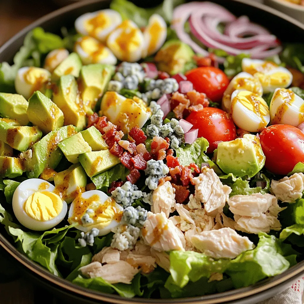 To make a classic Cobb salad, you need key ingredients for taste and texture. Here are the essentials: - 2 cups mixed greens (romaine and spinach work well) - 1 cup cooked chicken breast, diced - 2 hard-boiled eggs, chopped - 1 ripe avocado, diced - 1 cup cherry tomatoes, halved - 1/2 cup crumbled blue cheese - 1/4 cup cooked bacon bits (optional) - 1/4 cup red onion, thinly sliced These ingredients create a salad that is fresh and full of flavor. The mix of textures makes it enjoyable, and each bite bursts with taste. You can customize your Cobb salad to fit your tastes. Here are some optional ingredients: - 1/4 cup black olives, sliced - 1/4 cup cucumber, diced - 1/4 cup bell pepper, diced - Fresh herbs like parsley or dill for added flavor Feel free to swap or add any of these options. This way, you make the salad your own. A great dressing ties the whole salad together. For a simple yet tasty dressing, you will need: - 3 tablespoons extra-virgin olive oil - 2 tablespoons red wine vinegar (or apple cider vinegar) - 1 teaspoon Dijon mustard - Salt and freshly ground black pepper to taste Mix these dressing ingredients well. A good dressing adds richness and balances the salad's flavors. For the full recipe, check out the detailed steps to bring all these ingredients together! First, gather your ingredients to make your Cobb salad shine. Here’s what you need: - 2 cups mixed greens (romaine and spinach are great) - 1 cup cooked chicken breast, diced - 2 hard-boiled eggs, chopped - 1 ripe avocado, diced - 1 cup cherry tomatoes, halved - 1/2 cup crumbled blue cheese - 1/4 cup cooked bacon bits (optional) - 1/4 cup red onion, thinly sliced - 3 tablespoons extra-virgin olive oil - 2 tablespoons red wine vinegar (or apple cider vinegar) - 1 teaspoon Dijon mustard - Salt and freshly ground black pepper 1. Start with the eggs. Place them in cold water in a saucepan. Bring the water to a boil. 2. Remove from heat. Cover the pan and let the eggs sit for 12 to 15 minutes. 3. Cool the eggs. Transfer to an ice bath to stop cooking, then chop. Now it’s time to put your salad together. Follow these steps: 1. Build the base. In a large bowl, toss the mixed greens to create a solid foundation. 2. Add chicken. Layer the diced chicken on top of the greens evenly. 3. Add eggs. Arrange the chopped hard-boiled eggs in sections for a pretty look. 4. Incorporate avocado and tomatoes. Place the cubed avocado and halved cherry tomatoes in separate sections. 5. Sprinkle blue cheese. Add crumbled blue cheese for creaminess, and if using, scatter bacon bits on top. 6. Top with red onion. Distribute the sliced red onion for a sharp flavor kick. A good dressing pulls it all together. Here’s how to make it: 1. Whisk together. In a small bowl, mix olive oil, red wine vinegar, Dijon mustard, salt, and pepper. 2. Combine well. Make sure the mixture is fully blended and emulsified. 3. Dress the salad. Drizzle the dressing over the salad or serve it on the side. For a beautiful presentation, keep the layers intact or toss gently before serving. Enjoy this fresh and flavorful dish! For detailed steps, check the Full Recipe. To get hard-boiled eggs just right, start with older eggs. They peel easier. Use a pot and cover the eggs with cold water. Bring it to a boil. Once boiling, turn off the heat and cover the pot. Let the eggs sit for 12 to 15 minutes. After that, cool them in an ice bath. This helps stop the cooking process and makes peeling easier. Layering makes your Cobb salad look amazing. Start with mixed greens as the base. Add cooked chicken evenly on top. Next, create sections with chopped hard-boiled eggs, diced avocado, and halved cherry tomatoes. This method keeps flavors distinct. Finish by sprinkling blue cheese and bacon on top. This way, every bite is a mix of textures and tastes. For the dressing, I love a mix of olive oil, red wine vinegar, and Dijon mustard. This blend brings bright flavors to the salad. You can adjust the vinegar for a milder taste. Add honey for sweetness if you prefer. For a kick, try adding a pinch of garlic powder or a squeeze of lemon juice. Always taste as you mix to find the balance you like best. For the complete recipe, check out the [Full Recipe]. {{image_4}} You can switch up the protein in your Cobb salad. Instead of chicken, try turkey or grilled shrimp. For a beefy twist, add diced steak. Even tofu works if you want a meatless option. Each choice brings its own flavor and texture. Experiment until you find your favorite! To make a vegetarian Cobb salad, skip the bacon and chicken. Use chickpeas or grilled tempeh for protein. Avocado adds creaminess, while nuts bring crunch. For a vegan option, replace the blue cheese with a nut-based cheese or a creamy dressing made from tahini. This keeps the salad fresh and tasty! The classic dressing is great, but you can use others too. Try ranch or balsamic vinaigrette for a new taste. A honey mustard dressing adds sweetness. For a spicy kick, mix in sriracha or hot sauce. Choose a dressing that suits your mood or the season. Each dressing makes the salad feel different! For the full recipe, check out the Classic Cobb Salad details. If you have leftover Cobb salad, store it in an airtight container. This keeps the salad fresh and prevents it from wilting. Try to separate the dressing from the salad. This helps maintain the crispness of the greens and the texture of other ingredients. Use fresh ingredients to make your Cobb salad last longer. Store each ingredient separately if possible. For example, keep the avocado in its own container to avoid browning. Store the chicken and bacon bits in another container. This method keeps everything tasting great. - Mixed greens: Wrap in a damp paper towel and place in a plastic bag. - Avocado: Squeeze lemon juice on cut sides before sealing. - Cooked chicken: Use within 3-4 days for best taste. Reheating Cobb salad is tricky since it contains fresh veggies. Instead, consider repurposing it. You can turn leftovers into a tasty wrap. Use a tortilla and fill it with salad ingredients. Or, toss them into a quinoa bowl for a hearty meal. Enjoy the flavors in new ways! Cobb Salad started in Hollywood. It was created in the 1930s at the Brown Derby restaurant. A chef named Bob Cobb made it for his friends. The salad had ingredients like chicken, bacon, and eggs. It became popular because of its tasty mix. Today, it is a favorite in many homes and restaurants. Yes, you can make Cobb Salad ahead of time. Prepare the ingredients and store them separately. Keep the greens, proteins, and toppings apart. This way, they stay fresh. You can mix them just before serving. If you want to make the dressing early, do that too. Just keep it in the fridge. Mix it in right before you eat. If you don't like blue cheese, try other options. Feta cheese or goat cheese work well. They add creaminess without the strong flavor. You can also skip the cheese. Just use extra avocado or nuts for texture. This keeps the salad tasty and enjoyable for everyone. Cobb salad is a versatile dish with essential and optional ingredients that suit anyone's taste. I shared easy steps for preparation and assembly, and tips for perfect eggs and layers. You can customize it with various proteins or dressings as you like. Remember to store leftovers properly to keep them fresh. Explore the world of Cobb salad, and enjoy creating your perfect version!