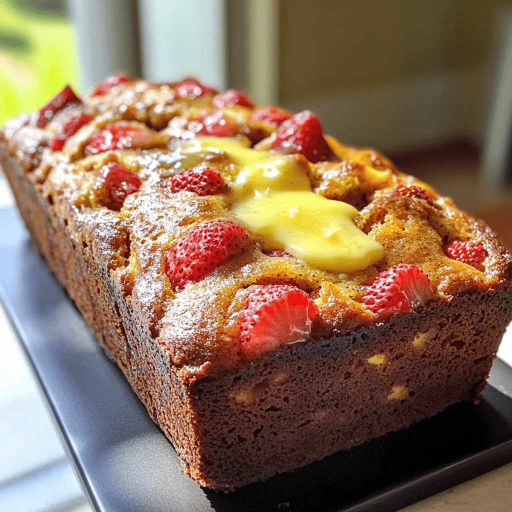 To make tasty Strawberry Banana Bread, gather these ingredients: - 2 ripe bananas - 1 cup fresh strawberries - 1/2 cup granulated sugar - 1/4 cup brown sugar - 1/3 cup coconut oil - 2 large eggs - 1 teaspoon pure vanilla extract - 1 teaspoon baking soda - 1/2 teaspoon salt - 1 1/2 cups all-purpose flour - 1/2 teaspoon ground cinnamon (optional) - 1/4 cup chopped walnuts or pecans (optional) These ingredients create a moist and flavorful loaf. The ripe bananas add sweetness. Fresh strawberries bring a burst of flavor and color. You can make choices based on what you have: - Alternative oils for coconut oil: Use vegetable oil or melted butter. Both work well in this recipe. - Using frozen strawberries instead: If fresh strawberries aren't available, frozen ones are fine. Just thaw and chop them first. - Egg substitutes for vegan options: Use flax eggs or applesauce. Mix one tablespoon of flaxseed meal with three tablespoons of water. Let it sit for five minutes. Each slice of Strawberry Banana Bread has around 150 calories. Here’s a breakdown: - Carbohydrates: About 30 grams - Fats: Around 5 grams - Proteins: Roughly 2 grams This bread is not only tasty but also gives you energy from the carbs. It's a great snack or breakfast choice! For the complete recipe, check the full recipe section. 1. Preheat your oven to 350°F (175°C). This is key for even baking. 2. Prepare a 9x5-inch loaf pan. Grease it well or line it with parchment paper. This helps with easy removal later. 3. In a large mixing bowl, combine wet ingredients. Add the thoroughly mashed bananas, granulated sugar, brown sugar, and melted coconut oil. Mix until smooth. 4. Incorporate the beaten eggs and vanilla extract. Stir until everything is fully mixed and smooth. 1. Mix the dry ingredients in a separate bowl. Combine baking soda, salt, flour, and ground cinnamon if you like that flavor. Whisk them well. 2. Gradually add the dry mix to the wet mix. Stir gently until just combined. Avoid overmixing for a tender bread. 3. Fold in the chopped strawberries and nuts. Make sure they are evenly distributed in the batter. 4. Pour the batter into the prepared loaf pan. Use a spatula to smooth the top evenly. 1. Check for doneness after 55-60 minutes. Insert a toothpick in the center. It should come out clean. 2. Let the bread cool in the pan for about 10 minutes. Then, transfer it to a wire rack to cool completely. This helps the texture stay just right. You’ll find the full recipe details earlier in this article. Enjoy making this tasty treat! To get that soft and fluffy texture, avoid overmixing. When you mix too much, the bread can become tough. You want to mix just until the ingredients come together. This keeps your bread light and airy. Using ripe bananas is also key. Ripe bananas are sweeter and add moisture. Look for bananas with brown spots. They will give your bread the best taste and texture. To make your bread even tastier, try adding spices. Nutmeg and ginger bring warmth to the flavor. A little bit goes a long way, so start with just a pinch. You can also brighten the flavor with citrus zest. Lemon or orange zest adds a nice touch. Just a teaspoon stirred into the batter will do wonders. When it comes to serving, warm slices with butter are a classic choice. The meltiness of the butter complements the bread's sweetness. For a fancier touch, add a dollop of whipped cream on top. Then, sprinkle fresh strawberries around the plate. This makes your dish look inviting and special. Enjoy every delightful bite! If you're ready to try making this delicious treat, check out the Full Recipe for all the details. {{image_4}} You can change up the fruits in your bread. Blueberries or raspberries work well. They add a burst of flavor and color. You can also use peaches or apples for a sweet twist. These fruits keep the bread moist and tasty. Each option brings its own special touch to the recipe. If you need gluten-free options, use gluten-free flour. It will still taste great! For a sugar-free adaptation, try using ripe bananas. They add natural sweetness. You can also use stevia or a similar sweetener if you prefer. These changes make your bread fit different diets while tasting delicious. You can bake this recipe as mini loaves or muffins. Just adjust the bake time. Mini loaves may need about 30-40 minutes. Muffins usually take about 20-25 minutes. Check for doneness with a toothpick. For muffins, you can get creative with toppings. Try adding a sprinkle of oats or a drizzle of honey. These small changes can make your treats even more fun to eat. Enjoy the variations! [Full Recipe] To keep your strawberry banana bread fresh, wrap it tightly. Use plastic wrap or foil. You can also store it in an airtight container. This keeps the bread moist and tasty. Avoid letting it sit out in the open air. To freeze your bread, let it cool completely first. Then wrap it well in plastic wrap. Place it in a freezer bag or container. Label it with the date. When you’re ready to eat, take it out. Thaw it in the fridge overnight for best flavor. At room temperature, your bread lasts about 3 to 4 days. Check for signs of spoilage. If you see mold or it smells off, it’s best to toss it. If it looks and smells fine, enjoy a slice! Can I use frozen bananas? Yes, you can use frozen bananas. Just thaw them first. Drain excess water. This helps keep the mix moist and sweet. What can I do if my bread is too dry? If your bread is dry, add a bit of milk or yogurt. You can also include mashed banana for moisture. These will help bring back that soft texture. How do I make it vegan? To make vegan strawberry banana bread, replace eggs with flax eggs. Mix one tablespoon of flaxseed meal with three tablespoons of water. Let it sit for five minutes. Use a plant-based oil instead of coconut oil. What to do if the bread doesn't rise? If the bread doesn’t rise, check the baking soda. Make sure it’s fresh. Old baking soda can lose its power. Also, avoid overmixing the batter. How to fix an undercooked loaf? If your loaf is undercooked, bake it longer. Cover it with foil to avoid burning the top. Check every five minutes with a toothpick until it comes out clean. Can I use another type of oil? Yes, you can use vegetable oil or butter instead of coconut oil. Just keep the amount the same. Each oil adds a unique flavor and texture. What can I substitute for eggs? You can use unsweetened applesauce or mashed bananas as egg substitutes. Use 1/4 cup for each egg. This will help keep the bread moist and flavorful. For the complete recipe, check out the Full Recipe section. This blog post covered how to make delightful strawberry banana bread. We reviewed ingredients, substitutions, and baking steps. You learned tips for perfect texture and flavor, plus variations for dietary needs. Proper storage and common questions were also addressed. Now, you can bake scrumptious bread and impress everyone. Trust these simple steps, and enjoy your baking journey!