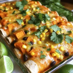 - 2 medium sweet potatoes, peeled and diced into 1-inch cubes - 1 can (15 oz) black beans, thoroughly drained and rinsed under cold water - 1 cup corn kernels (can use fresh, frozen, or canned) - 1 teaspoon ground cumin - 1 teaspoon chili powder - 1/2 teaspoon smoked paprika for depth of flavor - 1/2 teaspoon garlic powder - Salt and freshly ground black pepper to taste - 8 corn tortillas (6-inch) - 2 cups enchilada sauce (choose between red or green) - 1 cup shredded cheese (cheddar or Monterey Jack work great) - Fresh cilantro leaves for garnish - Lime wedges for an extra zesty touch on the side This recipe is packed with flavor and nutrition. Sweet potatoes bring sweetness and fiber. Black beans add protein and texture. Corn kernel’s sweetness rounds out the filling perfectly. Spices like cumin, chili powder, and smoked paprika give depth to the flavor. They create a warm and inviting taste. Garlic powder adds a savory kick that makes this dish truly satisfying. You can use different kinds of cheese if you prefer. Cheddar offers a sharp flavor, while Monterey Jack melts beautifully. The choice is yours! Don't forget fresh cilantro for a pop of color and taste. Lime wedges add a zesty touch just before you dig in. Check out the [Full Recipe] for step-by-step instructions on how to create this delicious dish. - Preheating the oven: Start by preheating your oven to 375°F (190°C). This makes sure the oven is hot when you bake. - Cooking sweet potatoes: Boil a medium pot of water. Add the diced sweet potatoes. Cook them for 10-12 minutes. They should be tender when poked with a fork. Drain and let them cool. - Preparing the filling: In a large bowl, mix the cooled sweet potatoes, black beans, corn, and spices. Stir well to combine. Add salt and pepper to taste. - Assembling the enchiladas: Spread half a cup of enchilada sauce in a 9x13 inch baking dish. Take a tortilla and place 1/4 cup of the filling in the middle. Roll it up tightly and place it seam-side down in the dish. Repeat this for all tortillas. - Adding sauce and cheese: Pour the remaining enchilada sauce over the rolled tortillas. Make sure to cover each one. Then, sprinkle shredded cheese on top for a nice cheesy finish. - Covering and baking enchiladas: Cover the baking dish with aluminum foil. Bake in the preheated oven for 20 minutes. After 20 minutes, remove the foil and bake for another 10-15 minutes. The cheese should be melted and bubbly. - Garnishing before serving: Take the enchiladas out of the oven and let them cool for 5 minutes. Just before serving, sprinkle cilantro on top. Serve with lime wedges for a fresh kick. This savory sweet potato and black bean enchiladas recipe is a delicious way to enjoy healthy ingredients. For the complete recipe, check out the Full Recipe section. To achieve the perfect flavor balance, taste your filling before you roll the enchiladas. Adjust seasoning as needed. The spices really bring out the sweet potato and black bean flavors. For a kick, add a pinch of cayenne pepper. To ensure the enchiladas are not soggy, use enough sauce, but don’t drown them. A light coating on top keeps them moist without making them mushy. Make sure to bake them until the cheese is bubbly and golden. I love to pair these enchiladas with a fresh side salad. A crisp mix of greens, tomatoes, and avocado complements the dish well. Guacamole adds a creamy touch that balances the flavors perfectly. For creative presentation, serve each enchilada on individual plates. Garnish with cilantro and lime wedges for a pop of color. You could also drizzle some extra enchilada sauce over the top for added flair. If you want alternatives for sweet potatoes, consider using butternut squash or pumpkin. Both provide a similar sweetness. For a different twist, try using pinto or kidney beans instead of black beans. You can also switch up the cheese; feta or queso fresco adds a unique taste. Just remember to keep it melty for the best texture! For the full recipe, check out the detailed steps. {{image_4}} You can make these enchiladas spicy by adding jalapeños. Slice them thin and mix them into the filling. You can also drizzle hot sauce on top before baking. This adds heat and flavor, making the dish even more exciting. For a vegetarian or vegan version, skip the cheese. Instead, load up on more vegetables like spinach or zucchini. You can also use vegan cheese if you want that creamy texture. This keeps the dish hearty and satisfying. To make these enchiladas gluten-free, use gluten-free tortillas. They hold the filling well and taste great. Look for gluten-free enchilada sauce too. This way, everyone can enjoy this dish without worry. For the complete recipe, check the full recipe section. After you make sweet potato and black bean enchiladas, let them cool. Store leftovers in an airtight container. They will stay fresh in the fridge for about 3-5 days. If you want to enjoy them later, make sure they are well-covered to avoid drying out. For longer storage, you can freeze enchiladas. First, let them cool completely. Then, wrap each enchilada tightly in plastic wrap. Place them in a freezer bag or container. This method helps keep them fresh. They can last up to 3 months in the freezer. When you’re ready to eat, thaw them overnight in the fridge. To reheat the enchiladas, preheat your oven to 350°F (175°C). Place them in a baking dish. Cover with foil to keep them moist. Heat for about 20-25 minutes. Check if they are warm throughout. For a crispy top, remove the foil for the last 5 minutes. Serve hot and enjoy! If you lack enchilada sauce, use salsa instead. It adds a nice flavor. You can also blend tomatoes with spices like cumin and chili powder. This mix works well too. Just adjust the spices to your taste. For a creamier option, try sour cream or a white sauce. Yes, you can prepare these enchiladas in advance. Assemble them, then cover and refrigerate. They stay fresh for up to two days. When ready to bake, just pop them in the oven. You may need to add extra time for baking. To add some heat, include jalapeños in the filling or top them with hot sauce. You can also mix in spices like cayenne or chipotle powder. For a fresh twist, add lime juice or fresh herbs like cilantro. Experiment with your favorite flavors! Absolutely! Assemble your enchiladas, cover them tightly, and freeze. They last for about three months in the freezer. When you’re ready to eat, let them thaw in the fridge overnight. Bake them as you normally would for a tasty meal. For the full recipe, check the details above. This article covered your guide to making sweet potato and black bean enchiladas. We went over the ingredients, step-by-step instructions, and even tips for great flavor. I shared variations and storage info to help you adapt the recipe to your needs. These enchiladas are not just tasty; they are also easy to prepare. With a few simple steps, you can enjoy a delicious meal. Get cooking, and enjoy every bite!