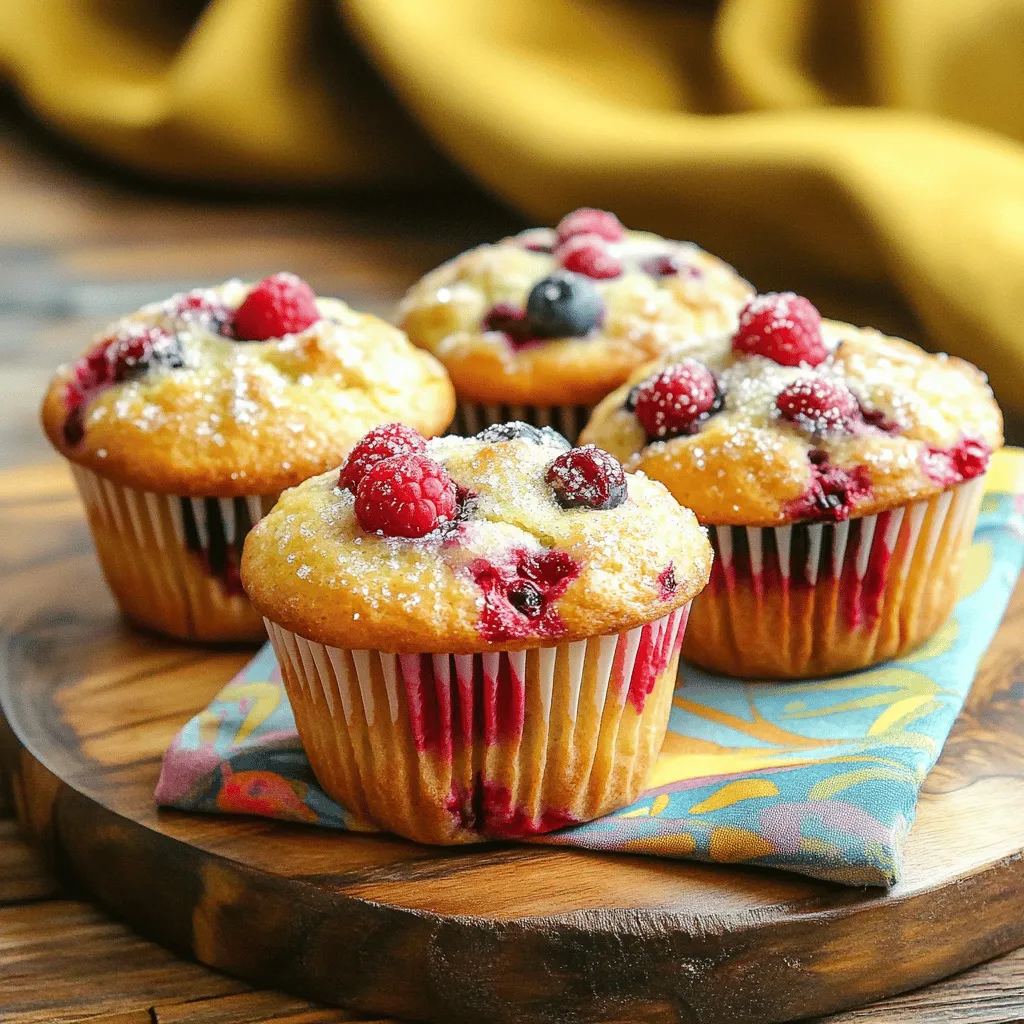 To make these tasty muffins, gather these essential ingredients: - 1 cup all-purpose flour - 1/2 cup rolled oats - 1/2 cup granulated sugar - 1 tablespoon baking powder - 1/2 teaspoon salt - 1/2 teaspoon ground cinnamon - 1/2 cup milk (or almond milk for a dairy-free option) - 1/4 cup vegetable oil - 1 large egg - 1 teaspoon vanilla extract - 1/2 cup fresh blueberries - 1/2 cup fresh raspberries - 1/2 cup chopped strawberries - Optional: Turbinado sugar for a crunchy topping These ingredients create a soft and moist texture that everyone loves. Fresh berries are the stars of this recipe. I love using blueberries, raspberries, and strawberries. Each berry adds its unique flavor and color. - Blueberries: These tiny gems are sweet and juicy. They also pack antioxidants. - Raspberries: Their tartness adds a nice balance. They are rich in fiber too. - Strawberries: These berries bring a burst of sweetness and a lovely color. Using fresh berries gives the best taste. They make the muffins fun to eat! You can personalize your muffins with a few optional ingredients. Here are some ideas: - Turbinado Sugar: Sprinkle this on top for a crunchy texture. - Nuts: Walnuts or pecans add a nice crunch. - Cinnamon: A pinch more can enhance the flavor. - Zest: Add lemon or orange zest for a citrus twist. Feel free to mix and match these options. Create a muffin that is perfect for you! You can find the full recipe to try out these delicious combinations. Start by preheating your oven to 375°F (190°C). This ensures the muffins bake evenly. Next, prepare your muffin tin. Line it with paper liners or grease each cup with cooking spray or butter. This step helps the muffins release easily after baking. In a large mixing bowl, combine the following dry ingredients: - 1 cup all-purpose flour - 1/2 cup rolled oats - 1/2 cup granulated sugar - 1 tablespoon baking powder - 1/2 teaspoon salt - 1/2 teaspoon ground cinnamon Whisk these together thoroughly. This step removes clumps and mixes the flavors well. A good mix helps create a light and fluffy muffin. In another bowl, whisk together the wet ingredients: - 1/2 cup milk (or almond milk) - 1/4 cup vegetable oil - 1 large egg - 1 teaspoon vanilla extract Keep whisking until the mixture is smooth and uniform. This ensures a well-blended batter, which is key to great muffins. Pour the wet ingredients into the bowl with the dry ingredients. Use a spatula to stir gently. Mix just until combined. Overmixing can lead to dense muffins. Use a spoon or an ice cream scoop to fill the muffin cups. Fill each cup about two-thirds full. This allows room for the muffins to rise. If you want a crunchy top, sprinkle turbinado sugar on each muffin. Place the muffin tin in the preheated oven. Bake for 18 to 22 minutes. Your muffins are done when they are golden brown and a toothpick comes out clean. After baking, cool them in the tin for 5 minutes. Then transfer the muffins to a wire rack to cool completely. Enjoy the delightful aroma while they cool! For the full recipe, check out Triple Berry Bliss Muffins. To keep your muffins light, do not overmix the batter. Once the wet and dry ingredients combine, stop stirring. Too much mixing can trap air and create dense muffins. Also, measure your flour correctly. Use a spoon to fill the measuring cup, then level it off with a knife. This method prevents adding too much flour, which can lead to a heavy texture. When adding berries, fold them in gently at the end. This method keeps them intact and evenly distributed. If you mash the berries, they can turn the batter purple and make it soggy. You can also toss the berries in a bit of flour before adding them. This step helps prevent them from sinking to the bottom during baking. Bake your muffins at 375°F (190°C) for 18 to 22 minutes. Check for doneness by inserting a toothpick in the center. If it comes out clean, your muffins are ready. Let them cool in the tin for about 5 minutes before transferring them to a wire rack. Cooling helps maintain their texture and flavor. For a crunchy top, sprinkle turbinado sugar on before baking. {{image_4}} You can easily make these muffins gluten-free. Just swap all-purpose flour for a gluten-free blend. Make sure the blend contains xanthan gum for the right texture. For a dairy-free version, use almond milk instead of regular milk. This keeps the muffins light and fluffy without dairy. Feel free to mix and match berries. Blackberries, cranberries, and cherries are great choices. Each adds a unique flavor. For a tart kick, use sour cherries. If you prefer sweetness, try using more strawberries. The best combinations often come from personal taste. Experiment and find your favorite mix! You can boost flavor by adding nuts. Chopped walnuts or pecans add crunch. Zest from lemons or oranges makes the muffins bright and fresh. If you want warmth, sprinkle in some nutmeg or cardamom. These small changes can make a big difference in taste. Adding spices can create a cozy feel, perfect for breakfast or snacks. To keep your muffins fresh, store them in an airtight container. This prevents moisture loss and keeps them soft. Place a paper towel in the container to absorb excess moisture. Make sure you cool the muffins completely before storing them. If not, they may become soggy. Storing them at room temperature works best for up to three days. For longer freshness, consider freezing them. Freezing muffins is easy and effective. First, let them cool completely. Then, wrap each muffin in plastic wrap or aluminum foil. Place the wrapped muffins in a freezer-safe bag or container. This protects against freezer burn. You can freeze them for up to three months. When you're ready to enjoy, just thaw them overnight in the fridge or heat them in the microwave for a quick treat. Reheating muffins brings back their fresh taste. You can use the oven or microwave. For the oven, preheat it to 350°F (175°C). Place the muffins on a baking sheet and heat for about 5 to 10 minutes. If using a microwave, heat one muffin for about 15 to 20 seconds. This method makes them soft again. Enjoy your muffins warm with a little butter or jam on top! For the complete recipe, check out the Full Recipe. To make Triple Berry Muffins from scratch, gather your ingredients. You will need flour, oats, sugar, baking powder, salt, cinnamon, milk, oil, egg, vanilla, and fresh berries. Start by mixing the dry ingredients in one bowl. In another bowl, whisk the wet ingredients together. Combine both mixtures gently, then fold in the berries. Pour the batter into a muffin tin and bake. You can find the full recipe for detailed steps. Yes, you can use frozen berries! They work well in muffins. Just make sure to add them straight from the freezer. This helps keep your muffins from getting too wet. Frozen berries may not be as firm, but they add great flavor. Triple Berry Muffins last about 3 to 5 days when stored properly. Keep them in an airtight container at room temperature. If you want to keep them longer, freeze them. They can last up to three months in the freezer. You can use almond milk, soy milk, or even oat milk. These substitutes work just as well as regular milk. They keep the muffins moist and fluffy. Choose the option that fits your dietary needs best. To make healthier muffins, reduce the sugar by half. You can also use whole wheat flour instead of all-purpose flour. This adds fiber and nutrients. Adding nuts or seeds can boost protein. Lastly, consider using yogurt for part of the oil for added creaminess without extra fat. In this guide, we explored how to make delicious Triple Berry Muffins. We covered essential ingredients, like fresh berries and optional additions for personalization. The step-by-step instructions helped you create the perfect texture and rise. I shared tips to avoid dense muffins and offered storage advice for keeping them fresh. Finally, I answered common questions to help you feel confident in your baking. Enjoy making these tasty treats! They’re sure to please everyone at your table.