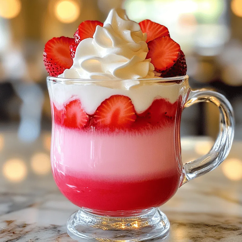 To make the Strawberry Vanilla Bean Latte, you need the following ingredients: - 1 cup fresh strawberries, hulled and sliced - 2 tablespoons vanilla bean paste (or 1 teaspoon of pure vanilla extract) - 2 cups milk (dairy or non-dairy) - 1-2 tablespoons honey or maple syrup - 1 shot of espresso or 1/2 cup of strong brewed coffee - Whipped cream (optional) - Additional fresh strawberry slices for garnish Each ingredient plays a key role. The strawberries add a fresh and fruity flavor. Vanilla bean paste brings out a rich aroma. Milk adds creaminess and balances the drink. Honey or maple syrup sweetens it just right. Espresso gives a strong coffee base that pairs well with the other flavors. Whipped cream adds a nice touch if you want to make it extra special. Finally, fresh strawberry slices make the drink look pretty and inviting. Using high-quality ingredients makes a big difference. Fresh strawberries will give you the best taste. Choose the milk you love best. You can even try different sugars based on your taste. For the full recipe, check out the Strawberry Vanilla Bean Latte section. - First, slice the fresh strawberries. - In a small saucepan, combine the sliced strawberries with honey or maple syrup. - Cook this mix over medium heat for 5-7 minutes. Stir often until the strawberries soften and release their juices. - Next, warm the milk in a separate saucepan over medium heat. - Make sure it gets hot but does not boil. - Add the vanilla bean paste or extract and whisk until it’s smooth and slightly frothy. - Brew your espresso or strong coffee in your favorite coffee maker. - Pour the brewed coffee into a large mug. - Strain the warm strawberry mixture into the coffee. You can keep some solids if you like texture. - Gradually pour in the vanilla-infused milk. Stir gently to mix everything well. - For a special touch, add whipped cream on top and garnish with fresh strawberry slices. You can find the full recipe [here]. Enjoy your drink! Serve your strawberry vanilla bean latte in clear glass mugs. This shows off the pretty layers of color. The vibrant red strawberries and the creamy milk look beautiful together. For a touch of class, add a sprig of fresh mint on top. This will make your drink look even more inviting. You can make your drink sweeter if you like. Adjust the honey or maple syrup to fit your taste. If you want to try something new, swap out the milk. You can use almond, oat, or coconut milk. Each choice adds its own flavor and richness. To get that café-style finish, use a milk frother. It makes the milk light and fluffy. You can also play with the temperature settings. Warmer milk gives a different foam than cooler milk. Experiment to find the froth that you love best. You can check out the Full Recipe for more details on making this delightful drink! {{image_4}} You can switch strawberries for other fruits. Raspberries or blueberries work great. Each fruit adds a unique flavor. You can also mix fruits for a berry latte. Try combining strawberries, raspberries, and blueberries. This mix gives a fun, colorful drink. If you want a dairy-free drink, use coconut or almond milk. Both options add a nice twist. You can also try different non-dairy creamers. These alternatives can make your latte just as creamy and rich. To make an iced version, simply brew your coffee and chill it. You can use cold milk instead of heating it. Pour the cold coffee over ice for a refreshing treat. For fun, make ice cubes from coffee or fruit juice. This adds extra flavor as they melt. To keep the strawberry base fresh, store it in an airtight container. Place it in the fridge right after it cools. This way, you keep the flavors intact. Consume it within three days for the best taste. After that, the strawberries may lose some of their flavor and freshness. If you have leftover milk, seal it tightly and store it in the fridge. Use it within five days for optimal taste. When reheating, heat the milk slowly over low heat. Stir it gently to prevent curdling. You can also use a microwave, but do it in short bursts and stir in between. If you have leftover latte, store it in the fridge in a covered container. Drink it within one day for the best flavor. To reheat, warm it gently on the stove or in the microwave. Stir well to mix the layers again. This will ensure it tastes just as good as when freshly made. For the full recipe, check out the Strawberry Vanilla Bean Latte section to enjoy a creamy delightful drink. Yes, you can easily make this latte vegan. For milk, try using almond, oat, or soy milk. These options give a rich flavor. For sweeteners, agave syrup or coconut sugar works well. Both options are plant-based and will still keep your drink sweet and tasty. To make this latte sugar-free, you can skip the honey or maple syrup. Instead, use stevia or monk fruit sweetener. These alternatives provide sweetness without added sugar. You can adjust the amount based on your taste. They blend well with the strawberry and vanilla flavors. For the best flavor, espresso is my top choice. It adds a strong, rich taste that pairs perfectly with strawberry. If you prefer brewed coffee, make it strong to balance the sweetness. I recommend using a dark roast for a deep flavor. Both options work, but espresso gives a more authentic café taste. This blog post has covered how to create a delicious strawberry latte. You need just a few key ingredients, including fresh strawberries, milk, and coffee. I shared step-by-step instructions to guide you in preparing this drink. You also learned helpful tips for presentation and variations you can try. Remember, this latte is fun to customize. Enjoy experimenting with flavors and ingredients! Making your own drinks at home can be simple and rewarding. Now, go ahead and make your perfect strawberry latte!