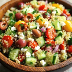 Here’s what you need to make a hearty Mediterranean quinoa salad with feta. Gather these fresh and flavorful ingredients: - 1 cup quinoa, thoroughly rinsed - 2 cups water or vegetable broth for added flavor - 1 medium cucumber, diced into bite-sized pieces - 1 cup cherry tomatoes, halved for freshness - 1 red bell pepper, diced for a sweet crunch - 1/2 red onion, finely chopped for flavor - 1 cup Kalamata olives, pitted and halved for a savory touch - 1/2 cup feta cheese, crumbled for creaminess - 1/4 cup fresh parsley, chopped for herbaceous notes - 1/4 cup extra virgin olive oil for richness - 2 tablespoons fresh lemon juice for brightness - 1 teaspoon dried oregano for earthy depth - Salt and pepper to taste, for seasoning These ingredients come together to create a dish that is not only tasty but also colorful and healthy. The quinoa serves as a great base, while the veggies add crunch and freshness. Feta cheese gives a creamy touch that balances the flavors. You can find the full recipe at the end of the article. - Combine 1 cup of rinsed quinoa and 2 cups of water or vegetable broth in a saucepan. - Bring the mixture to a vigorous boil. Once boiling, reduce the heat to low. - Let it simmer for about 15 minutes, then cool the quinoa. - Dice 1 medium cucumber and 1 red bell pepper into bite-sized pieces. - Slice 1 cup of cherry tomatoes in half. - Chop 1/2 of a red onion and halve 1 cup of Kalamata olives. - Combine the cooled quinoa with the prepared vegetables and 1/2 cup of crumbled feta cheese. - In a separate bowl, whisk together the dressing ingredients: 1/4 cup of extra virgin olive oil, 2 tablespoons of fresh lemon juice, and 1 teaspoon of dried oregano. - Drizzle the dressing over the salad, mix gently, and fold in 1/4 cup of chopped fresh parsley. This recipe offers a fresh and hearty taste, perfect for any meal. For detailed steps, check the Full Recipe. - Rinse quinoa well to remove the bitter coating. - Ensure quinoa is fully cooked and fluffy. When cooked, it should look translucent and have a slight tail. - Chill the salad before serving for better flavor melding. The cold helps all the tastes mix well. - Adjust salt and pepper to taste for seasoning. Start with a little and add more as needed. - Serve in large bowls or individual plates. This makes it easy for guests to serve themselves. - Garnish with extra feta and parsley for visual appeal. A sprinkle of color makes the dish inviting. {{image_4}} You can boost the protein in your salad easily. Add grilled chicken for a hearty twist. If you prefer plant-based options, chickpeas work well too. They add great texture and flavor. For a seafood option, incorporate shrimp. Their light taste pairs nicely with the salad. Switching up the veggies can keep this salad fresh. Try using seasonal vegetables like zucchini or bell peppers. They add color and crunch, making your salad more vibrant. You can also use different olives. Green olives bring a milder flavor or add artichoke hearts for a tangy kick. If you want to try something new, swap feta cheese for goat cheese. This change adds a creamy texture and different taste. For those avoiding dairy, choose a dairy-free cheese. Mixing in fresh herbs like basil or mint can also enhance the flavor. These herbs bring a bright, aromatic quality to the dish. To keep your Mediterranean quinoa salad fresh, store it in an airtight container. Place it in your refrigerator. Enjoy it within 3-5 days for the best taste. If you want to freeze it, do so without the dressing. This helps keep the texture nice. When ready to eat, thaw it in the refrigerator before serving. I recommend serving this salad chilled. Do not reheat it, as this will alter the bright flavors and fresh ingredients. Enjoy the cool, refreshing taste as it is! Yes, you can make this salad ahead. It tastes best when chilled for 30 minutes before serving. This chilling time lets the flavors mix well. You can prepare it a few hours earlier or even the day before. You can replace quinoa with couscous or bulgur wheat. Both options work well and offer a different texture. Couscous is quick to cook, while bulgur provides a hearty bite. Each adds its own unique flavor to the salad. Yes, quinoa is a gluten-free grain option. If you choose to use couscous, it will no longer be gluten-free. Always check labels to be sure. Enjoy this salad without worry if you are gluten-sensitive. To make this salad vegan, simply omit the feta cheese. You can also use a plant-based dressing. This keeps the salad fresh and tasty while fitting vegan diets. Many dressings blend well with the salad's natural flavors. This blog covers how to make a delicious Mediterranean quinoa salad. We explored ingredients, step-by-step cooking, and tips for the best flavor. Remember to rinse the quinoa and adjust seasoning to your taste for the best results. You can also mix in your favorite proteins and vegetables. Enjoy this healthy salad as a meal or side dish. With these simple steps, you can create a tasty and nutritious dish that suits your needs. Try it out, and make it your own!