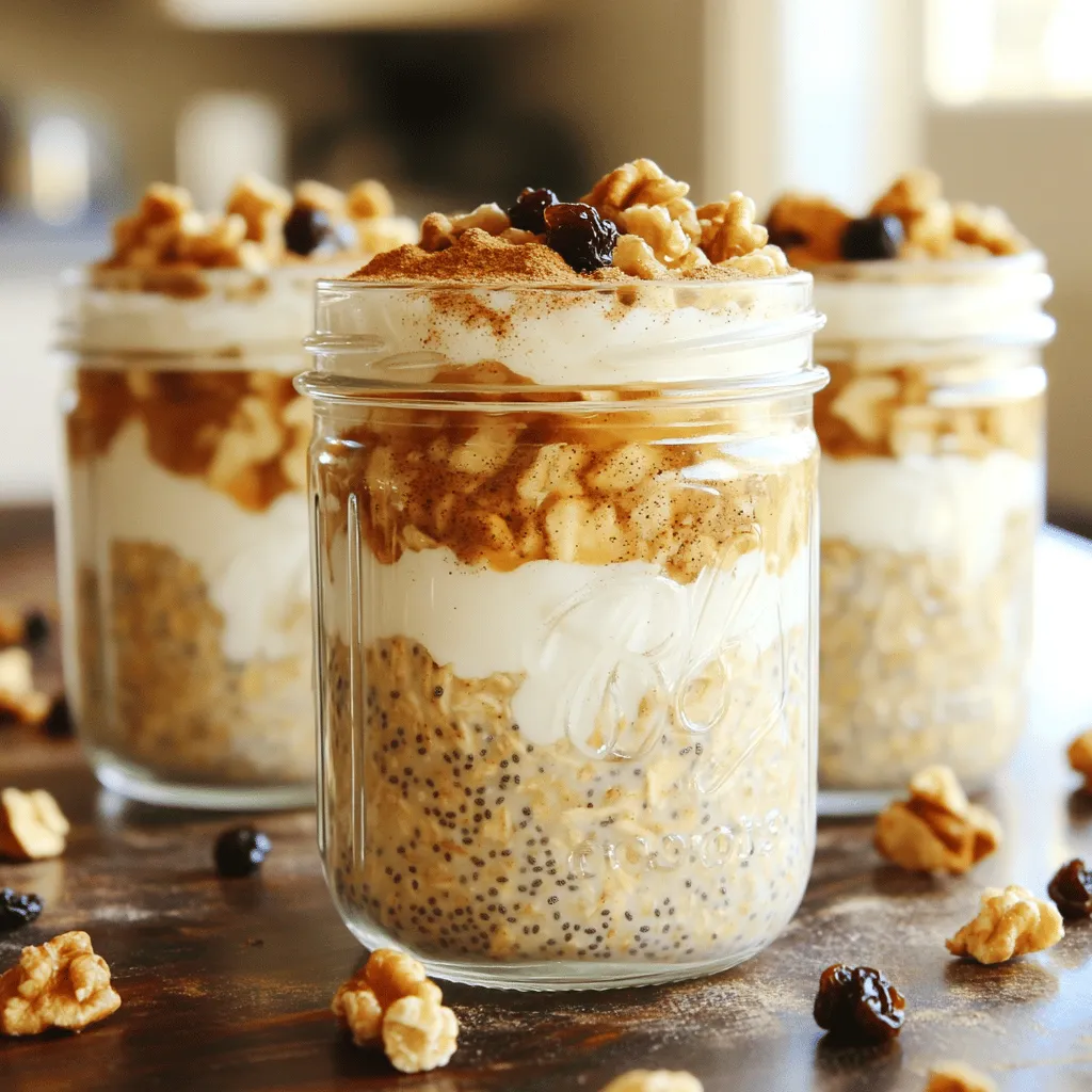 - 1 cup rolled oats - 1 cup almond milk (or any milk of your choice) - 1 tablespoon chia seeds - 1 teaspoon vanilla extract - 1 teaspoon ground cinnamon - 1 tablespoon maple syrup (or honey) - 1/2 cup Greek yogurt (or plant-based yogurt for a vegan option) - 1/4 cup walnuts, roughly chopped - 1/4 cup raisins or dried cranberries (optional for sweetness) - A pinch of salt These ingredients create a creamy, sweet, and satisfying breakfast. Each one plays a vital role. Rolled oats are the base, giving you good fiber. Almond milk adds creaminess, while chia seeds help thicken the mix. Vanilla and cinnamon bring warmth and flavor. Maple syrup sweetens the dish and can be swapped for honey if you prefer. Greek yogurt adds protein and a rich texture. Walnuts give a nice crunch, while raisins or cranberries offer bursts of sweetness. Finally, the pinch of salt balances all the flavors. For the Full Recipe, combine these ingredients to create a delightful meal that you can enjoy any morning. - In a large bowl, combine the rolled oats, almond milk, chia seeds, vanilla extract, ground cinnamon, maple syrup, and a pinch of salt. Stir well until everything mixes together nicely. - Next, gently fold in the Greek yogurt. This makes your oats creamy and adds protein. Make sure the yogurt blends in fully. - Now, stir in the chopped walnuts and raisins if you want some extra crunch and sweetness. Mix carefully so you don’t break the nuts. - Divide the oat mixture into mason jars or airtight containers. You can make enough for 2-4 servings, depending on how hungry you are. - Seal the jars tightly and put them in the fridge. Let them chill overnight or for at least 4 hours. This step is key for the oats to soak up all the flavors. - When you are ready to eat, stir the mixture well. If it seems too thick, add a splash of your favorite milk to thin it out. - For a tasty finish, top your oats with extra chopped walnuts, a drizzle of maple syrup, and a sprinkle of cinnamon. This makes it look great and taste even better! You can find the full recipe for Cinnamon Roll Overnight Oats above. Enjoy your delicious breakfast! - Choosing the right type of oats: I recommend using rolled oats. They soak up the liquid well and give a creamy texture. Instant oats can become mushy, while steel-cut oats may stay too hard. - Adjusting sweetness to taste: I often start with one tablespoon of maple syrup. You can add more or less based on your taste. Honey or agave syrup works too. - Ensuring proper soaking time: Make sure to let your oats soak for at least four hours. Overnight is best. This allows the oats to absorb all the flavors and become soft. - Options for flavor additions: You can mix in extras like vanilla, nutmeg, or cocoa powder. These add depth and richness to your oats. - Suggested toppings: For a tasty finish, try adding chopped fruits like bananas or apples. A dollop of nut butter can also boost flavor and nutrition. Don’t forget a sprinkle of cinnamon for that cinnamon roll taste! {{image_4}} You can easily adapt this cinnamon roll overnight oats recipe to fit your needs. If you want a dairy-free or vegan option, simply swap the Greek yogurt for plant-based yogurt. You can also use almond milk or any milk you like. This change keeps the oats creamy and delicious. For nut and fruit substitutions, feel free to mix things up! If you have allergies or just prefer different flavors, use sunflower seeds instead of walnuts. You can also try dried figs or chopped dates instead of raisins or cranberries. Each option adds a unique taste and texture. Want to take it up a notch? Consider adding chocolate chips to your oats. They melt slightly and create a sweet surprise in every bite. A handful of mini chocolate chips goes a long way. Peanut butter or almond butter works great too! Just stir in a tablespoon for added creaminess and flavor. It turns your oats into a protein-packed breakfast that keeps you full longer. You can even swirl in your favorite nut butter before serving for a fun twist. By using these variations, you can create a new breakfast treat each time you make cinnamon roll overnight oats. To keep your cinnamon roll overnight oats fresh, use airtight containers. I recommend mason jars or glass containers. These help keep moisture in and air out. Store the oats in the fridge. They stay good for up to five days. This makes them great for meal prep! If you have leftovers, enjoy them cold or warm. To warm them, microwave for about 30 seconds. Stir well and check the temperature. If the oats are too thick, add a splash of milk. If they are too thin, just let them sit for a bit. The oats will absorb more liquid. For the best taste, top with more nuts or a drizzle of maple syrup. Check out the Full Recipe for more details! How long do overnight oats last? Overnight oats can last in the fridge for up to five days. Store them in airtight containers. This makes them great for meal prep. You can enjoy them throughout the week. Can I make this vegan? Yes, you can easily make this recipe vegan. Just use plant-based yogurt and any milk you prefer. Almond milk works well, but soy or oat milk are good choices too. What are the health benefits of this recipe? Cinnamon roll overnight oats are nutritious and filling. They contain fiber from oats and protein from yogurt. Chia seeds add omega-3 fatty acids, which are good for your heart. Walnuts add healthy fats, and cinnamon can help regulate blood sugar. My oats are too watery, what should I do? If your oats are watery, try adding more oats or chia seeds. Both ingredients absorb liquid. You can also let the oats soak longer to thicken them. How can I make them sweeter without sugar? You can add natural sweeteners like mashed banana or applesauce. Maple syrup is also a great choice. Cinnamon will add a sweet flavor too, without added sugar. For the full recipe, check the above section. Enjoy your tasty breakfast! This blog shows you how to make tasty overnight oats. You learned about the key ingredients, step-by-step prep, and easy storage tips. We explored fun variations and topping ideas too. In my view, overnight oats are simple to make and very healthy. You can customize them any way you want. Enjoy these recipes, and have fun trying new flavors! Happy eating!
