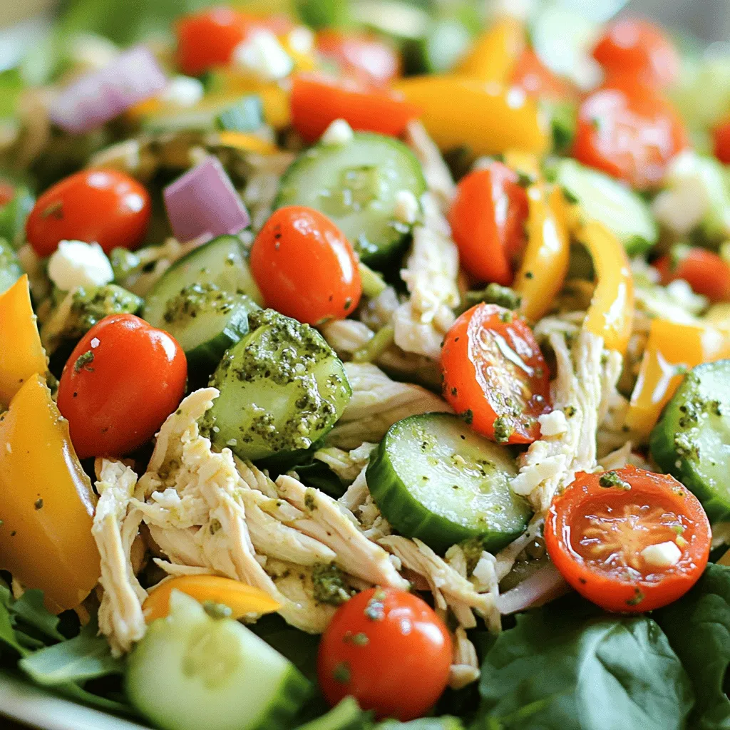 - 2 cups cooked chicken breast - 1 cup cherry tomatoes - 1 cup cucumber - ½ cup red bell pepper - ¼ cup red onion - ½ cup basil pesto - 2 tablespoons extra virgin olive oil - Juice of 1 fresh lemon - Seasoning: Sea salt and black pepper - 4 cups mixed greens - ¼ cup feta cheese, crumbled This recipe for pesto chicken salad combines fresh, vibrant ingredients. You start with cooked chicken breast. You can use leftover chicken or boil it fresh. Next, add juicy cherry tomatoes for sweetness. They bring color and flavor to the dish. Then, chop a cucumber for a crisp bite. Red bell pepper adds a nice crunch and a pop of color. Finally, include finely minced red onion for a touch of sharpness. For the dressing, basil pesto is the star. You can buy it or make your own. Mix it with olive oil for richness. A squeeze of lemon juice adds brightness. Don’t forget to season with sea salt and black pepper. This dressing ties all the flavors together perfectly. If you want to make it heartier, add mixed greens. They provide a fresh base for the salad. Crumbled feta cheese is optional but adds creaminess. It balances the bold flavors of the pesto. This pesto chicken salad is fresh and flavorful. You can find the full recipe in the article. Enjoy making this dish! - Start by shredding 2 cups of cooked chicken breast into bite-sized pieces. This makes it easy to mix and eat. - Next, chop your vegetables. Dice 1 cup of cucumber, halve 1 cup of cherry tomatoes, chop ½ cup of red bell pepper, and mince ¼ cup of red onion. Keep your cuts small for a nice texture. - In a large bowl, combine the shredded chicken with your chopped vegetables. Stir gently to mix them well. - In a smaller bowl, whisk together ½ cup of basil pesto, 2 tablespoons of extra virgin olive oil, and the juice of 1 fresh lemon. This will be your flavorful dressing. Add sea salt and black pepper to taste. - Drizzle this pesto dressing over the chicken and vegetable mix. Use a spatula to toss everything together until well-coated with the dressing. - On a large serving platter, lay down 4 cups of mixed greens as a colorful base. - Spoon the pesto chicken mixture on top of the greens. Make sure the vibrant colors shine. - If you like, add ¼ cup of crumbled feta cheese on top for extra creaminess and flavor. Serve it fresh or chill in the fridge for 30 minutes to let the flavors deepen. For the full recipe, check out the details! To get the best chicken texture, use cooked chicken breast. Shred it into bite-sized pieces. This makes it easier to mix with the veggies. You can also roast or grill the chicken for extra flavor. When slicing vegetables, uniformity matters. Cut the cherry tomatoes in half and dice the cucumber and bell pepper into small, even pieces. This ensures a balanced bite in every forkful. For an elegant look, serve the salad in individual bowls. This makes each serving special. You can also layer the greens first before adding the chicken mix. Garnish with fresh basil leaves or a sprinkle of feta cheese. This adds color and a nice touch that makes the dish pop. Adding nuts or seeds can give your salad a great crunch. Try pine nuts, walnuts, or sunflower seeds for a different texture. You can also explore spices like smoked paprika or crushed red pepper for added zing. Top it off with fresh lemon zest for a bright finish. For the full recipe, check out the details above. Enjoy! {{image_4}} You can easily change the protein in this pesto chicken salad. Try turkey or tofu for a fun twist. Both options add unique flavors and textures. You can also swap out vegetables based on what you have. Avocados add creaminess while radishes give a nice crunch. Just remember, keep it colorful for visual appeal! If you want to mix things up, try different dressings. A lemon vinaigrette can brighten the salad. You can also customize the pesto sauce. Add more garlic for a punch or mix in some nuts for extra texture. Experimenting with flavors keeps the dish exciting and fresh. Seasonal produce can change your salad game. In summer, add fresh corn or ripe peaches. In winter, consider roasted root vegetables or citrus slices. These ingredients bring warmth and depth. Adjusting your recipe to match the season keeps it lively and delicious, no matter the time of year. To keep your pesto chicken salad fresh, place it in the fridge. Use an airtight container to seal it well. This method helps maintain flavor and texture. You can safely eat leftovers for up to three days. After that, the ingredients may spoil. If you want to save the salad for later, consider freezing portions. Place the salad in freezer-safe bags or containers. Remove as much air as possible to prevent freezer burn. To thaw, put the salad in the fridge overnight. When ready to eat, reheat it gently in the microwave or serve it cold. For meal prep, use airtight containers to store your salad. This keeps each portion fresh and prevents spills. Portion out servings for easy grab-and-go meals. This way, you can enjoy a healthy lunch without extra work during the week. Can I use store-bought pesto? Yes, you can use store-bought pesto. It saves time and still tastes great. Just pick a brand with quality ingredients. You can also make your own for a fresh twist. Is this salad suitable for meal prep? Absolutely! This salad is perfect for meal prep. Just store the chicken salad and greens separately. Mix them together when you're ready to eat. This keeps everything fresh and tasty. Caloric content per serving Each serving of pesto chicken salad has about 300 calories. This makes it a light yet filling meal option. It’s great for lunch or dinner. Key nutrients in pesto chicken salad This salad packs a punch of protein from the chicken. It also has vitamins from the veggies. Basil pesto adds healthy fats, which are good for your heart. Enjoy this dish knowing it’s nutritious! What to serve with Pesto Chicken Salad? You can serve this salad with crusty bread or pita chips. A light soup pairs well too. A glass of iced tea or lemonade can refresh your meal. Ideas for complementary sides or bread Consider serving it with a side of roasted veggies. A simple quinoa salad can also enhance the meal. Fresh fruit like berries can add a sweet touch to your plate. In this blog post, you learned how to make a tasty pesto chicken salad. We covered the main ingredients, the pesto dressing, and optional add-ons like feta. The step-by-step guide helps you prepare and serve this dish easily. I shared tips for perfecting the salad's taste and look, along with variations using different ingredients. In conclusion, this salad is not only simple to make but also fun to customize. Enjoy the fresh flavors while keeping it healthy!