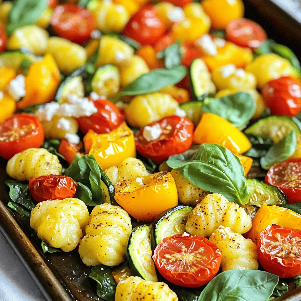 To make Easy Sheet Pan Gnocchi, you will need a few simple ingredients. Here’s your list: - 1 pound gnocchi (store-bought or homemade) - 1 cup cherry tomatoes, halved - 1 bell pepper (choose your favorite color), sliced into strips - 1 medium zucchini, sliced into half-moons - 2 cups fresh spinach, roughly chopped - 3 tablespoons extra-virgin olive oil - 1 teaspoon garlic powder - 1 teaspoon Italian seasoning blend - Salt and freshly ground black pepper to taste - 1/2 cup feta cheese, crumbled - Fresh basil leaves, for a vibrant garnish Each ingredient adds flavor and color to the dish. Gnocchi serves as the heart, while the veggies bring freshness. Olive oil helps everything roast nicely. The feta cheese adds creaminess and tang. You can use this [Full Recipe] to guide your cooking. Enjoy the process of gathering these ingredients! This recipe shows you how to create a quick and tasty sheet pan gnocchi. You start by mixing the gnocchi and veggies, then bake to perfection. I shared tips on swaps, storage, and easy serving ideas. Whether you prefer a twist with cheese or different veggies, this dish offers many options. Easy cleanup makes this a win. Enjoy your tasty masterpiece!