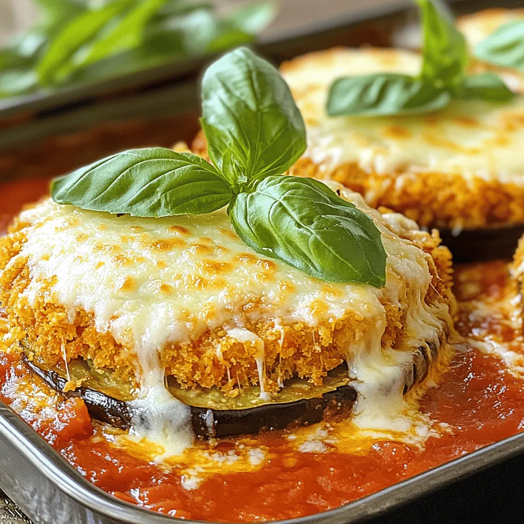 Here is what you need to make a tasty Eggplant Parmesan with Marinara Sauce: - 2 large eggplants - 1 teaspoon salt - 2 cups marinara sauce - 2 cups shredded mozzarella cheese - 1/2 cup grated Parmesan cheese - 1 cup all-purpose flour - 3 large eggs, beaten - 2 cups breadcrumbs - 1/4 cup fresh basil, chopped - 1 teaspoon garlic powder - 1 teaspoon onion powder - Olive oil for frying - Fresh basil leaves for garnish Each ingredient plays a key role in this dish. The eggplants are the star, adding a rich texture. Salt helps draw out moisture and bitterness from the eggplants. The marinara sauce brings a lovely, tangy flavor. Mozzarella melts beautifully, while Parmesan adds a salty bite. Flour, eggs, and breadcrumbs create a crispy coating. Fresh herbs, like basil, give a bright taste and nice color. When you gather these ingredients, think about quality. Fresh eggplants will taste better. Use a savory marinara sauce, whether store-bought or homemade. The right cheese will elevate your dish. Investing in good ingredients makes the meal special. For the full recipe, check out the specific steps to create this delightful Eggplant Parmesan! Start by slicing your eggplants into 1/4-inch rounds. Place these slices in a colander. Sprinkle 1 teaspoon of salt evenly over the slices. Let them rest for 30 minutes. This process helps draw out extra moisture and makes the eggplant less bitter. After 30 minutes, rinse the slices under cold water. Pat them dry with paper towels to remove any remaining moisture. Next, set up a dipping station with three shallow dishes. In the first dish, pour in 1 cup of all-purpose flour. In the second dish, place 3 large beaten eggs. In the third dish, mix 2 cups of breadcrumbs with 1 teaspoon of garlic powder and 1 teaspoon of onion powder. This adds extra flavor to the coating. Take each eggplant slice and first dredge it in the flour. Make sure it is evenly coated. Then dip the floured slice into the beaten eggs, letting any excess drip off. Finally, press the slice into the breadcrumb mixture, ensuring it is fully coated. This helps create a crunchy crust. In a large skillet, heat olive oil over medium heat. You want enough oil to cover the bottom of the pan. Fry the breaded eggplant slices in batches. Don’t overcrowd the pan. Cook each side for about 3 to 4 minutes, until they turn golden brown. After frying, place the slices on a plate lined with paper towels. This helps drain off any excess oil. Preheat your oven to 375°F (190°C). Get a 9x13-inch baking dish ready. Start by spreading a thin layer of marinara sauce on the bottom. Layer half of the fried eggplant slices evenly on top. Next, add half of the remaining marinara sauce. Sprinkle half of the mozzarella and Parmesan cheese on top. Repeat the layering process, finishing with the remaining cheeses. Cover the baking dish tightly with aluminum foil. Bake in the preheated oven for 25 minutes. After 25 minutes, remove the foil. Continue baking for another 15 minutes, or until the cheese is bubbling and golden brown. The final bake gives the dish a nice crust. Once you take it out of the oven, let the dish cool for a few minutes. This helps the layers set. Garnish with freshly chopped basil leaves for a fragrant finish. Serve warm, and feel free to add extra marinara sauce on the side. For the complete recipe, check out the Full Recipe section. To boost flavor in your Eggplant Parmesan, focus on the breadcrumbs. Adding herbs like oregano or thyme can make a big difference. Use Italian seasoned breadcrumbs for a richer taste. Also, the marinara sauce is key. A good quality sauce elevates the whole dish. You can even make your own marinara for a fresh touch. Frying the eggplant correctly is crucial. Use enough olive oil and heat it well. If the oil is hot enough, the eggplant will fry nicely. Avoid overcrowding the pan to keep the heat consistent. This helps the eggplant stay crispy. To avoid sogginess later, let the fried slices drain on paper towels. This step removes excess oil. You can prep this dish in advance. Fry the eggplant and layer it with marinara and cheese. Cover it well and store it in the fridge. The flavors will blend nicely overnight. For reheating, use the oven for best results. Preheat it to 350°F and bake until it’s hot and bubbly. This keeps the texture just right. For the full recipe, check the aubergine delight section. {{image_4}} You can make this dish even better by using different vegetables. Try zucchini, mushrooms, or even bell peppers. These can add a fresh twist to your meal. You can also switch out the cheese. Instead of mozzarella, use a vegan cheese or a lighter ricotta. This change can keep it creamy without all the calories. If you need a gluten-free version, swap the flour and breadcrumbs. Use almond flour or gluten-free breadcrumbs instead. These options will still give you a nice crunch. You can also use eggs with ground flaxseed or chia seeds as a binder. This keeps it together while making it gluten-free. Want to boost the taste? Add herbs and spices to your breadcrumbs. Try oregano, thyme, or red pepper flakes for some heat. You can also mix in different cheeses. Blend in provolone or gouda for a rich flavor. These small changes can make a big difference in taste. For more tips, check the Full Recipe. To store leftover Eggplant Parmesan, let it cool first. Place it in an airtight container. You can keep it in the fridge for up to four days. Be sure to label the container with the date. This helps you keep track of freshness. For long-term storage, you can freeze Eggplant Parmesan. Start by letting it cool completely. Cut it into portions for easy serving later. Wrap each portion tightly in plastic wrap. Then, place the wrapped portions in a freezer-safe bag. It can stay fresh in the freezer for about three months. To reheat, remove it from the freezer and let it thaw overnight in the fridge. This keeps the texture nice. When you’re ready to enjoy it again, the best method is using an oven. Preheat your oven to 350°F (175°C). Place the Eggplant Parmesan in a baking dish and cover it with foil. Heat for about 20-25 minutes. This helps keep the cheese melty and the eggplant tender. If you're in a hurry, you can use the microwave. Place a portion on a microwave-safe plate. Cover it with a damp paper towel. Heat for about 2-3 minutes. This method is quicker but may not keep the same texture as the oven. For the best taste, I recommend the oven method. It brings back that fresh, baked flavor, just like the first time. For full details on making this dish, check out the Full Recipe. To salt the eggplant, follow these steps: - Slice the eggplants into 1/4-inch rounds. - Place the slices in a colander. - Sprinkle 1 teaspoon of salt evenly over the slices. - Let them sit for 30 minutes. This process draws out moisture, making the eggplant less bitter and soggy. After 30 minutes, rinse the slices in cold water. Pat them dry with paper towels. This method enhances the flavor and texture of your Eggplant Parmesan. Yes, you can make Eggplant Parmesan ahead of time. Here are some tips: - Prepare the eggplant and layer it in the baking dish. - Cover it tightly with plastic wrap or foil. - Store it in the fridge for up to a day. When ready to bake, remove the wrap and bake as directed. For reheating, cover it with foil to keep moisture in. Bake until heated through. You can serve many tasty sides with Eggplant Parmesan: - A fresh green salad with a light dressing. - Garlic bread for a crunchy contrast. - Roasted vegetables for added flavor. These sides complement the rich flavors of the dish and create a balanced meal. Eggplant Parmesan is great for meal prep. Here are some advantages: - You can make a large batch at once. - Store leftovers in the fridge for easy lunches or dinners. - It reheats well, keeping its flavor and texture. Making it in bulk saves time and effort, letting you enjoy it throughout the week. To make Eggplant Parmesan healthier, consider these substitutions: - Use whole wheat breadcrumbs instead of regular. - Swap the mozzarella for part-skim cheese. - Bake instead of frying for less oil. These changes reduce calories while keeping the dish delicious. Eggplant Parmesan and Eggplant Rollatini are different dishes. Here are their features: - Eggplant Parmesan layers fried eggplant with sauce and cheese. - Eggplant Rollatini involves rolling eggplant slices around cheese filling. Both dishes are tasty but offer unique flavors and textures. If you love Eggplant Parmesan, you might enjoy trying Rollatini too! For the full recipe, check out the details above. Eggplant Parmesan is a delightful dish that blends flavor and texture. We explored the key ingredients, from eggplants to marinara sauce, and covered every step in making this classic. Tips for enhancing flavor and texture help ensure your dish shines. Plus, we discussed variations and storage methods to keep it fresh. Remember, you can easily adapt this recipe to fit your needs. Now, it’s time for you to create your own tasty Eggplant Parmesan. Enjoy every bite!