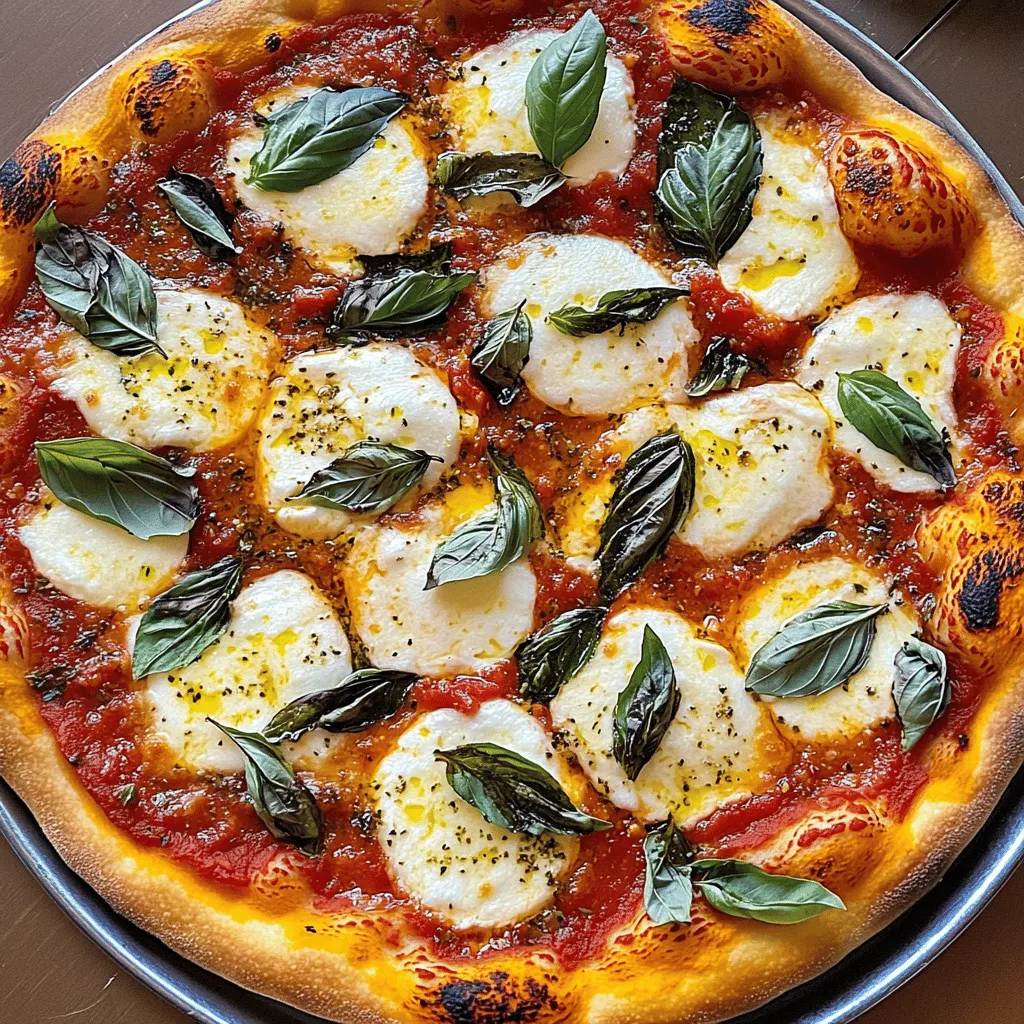 To make a great Margherita pizza, you need a few key ingredients. These are: - 2 cups all-purpose flour - 1 teaspoon instant yeast - 3/4 teaspoon salt - 3/4 cup warm water (about 110°F) - 1 tablespoon extra virgin olive oil - 1/2 cup high-quality tomato sauce (try San Marzano) - 8 oz fresh mozzarella cheese, sliced - A handful of fresh basil leaves - A drizzle of extra virgin olive oil for finishing - Salt and freshly cracked black pepper, to taste Using the best ingredients makes your pizza shine. Look for: - Tomato Sauce: Choose San Marzano tomatoes for a rich taste. - Mozzarella: Use fresh mozzarella for that creamy texture. - Olive Oil: A high-quality extra virgin olive oil adds flavor. These choices make a big difference in flavor and quality. You can add your twist to Margherita pizza. Consider these options: - Garlic: Minced garlic can boost flavor in the sauce. - Parmesan Cheese: Sprinkle some on top for added richness. - Spices: Add red pepper flakes for a bit of heat. Feel free to experiment. Cooking should be fun and personal! For the complete recipe, check the Full Recipe section. To make the dough, start with a big bowl. Mix 2 cups of all-purpose flour, 1 teaspoon of instant yeast, and 3/4 teaspoon of salt. Slowly add 3/4 cup of warm water and 1 tablespoon of olive oil. Use a wooden spoon to stir until the dough sticks together. Next, flour your work surface lightly. Place the sticky dough onto it. Knead the dough for 8-10 minutes. You want it smooth and elastic. If it gets too sticky, sprinkle a bit more flour while you knead. After kneading, shape the dough into a ball. Place it in a lightly greased bowl. Cover it with a damp cloth. Let it rise in a warm spot for about 1 hour. It should double in size. When the dough is ready, punch it down gently to release air. Divide the dough into two equal parts. Roll one piece out on a floured surface. Aim for a circle that is about 12 inches wide and 1/4 inch thick. Use a rolling pin for even thickness. If it sticks, add a little more flour. Don’t worry if it’s not a perfect circle. An artisanal touch adds character! Preheat your oven to its highest setting, around 475°F. If you have a pizza stone, place it in the oven to heat up. This helps create a crispy crust. Transfer your rolled-out dough to parchment paper. Spread 1/4 cup of tomato sauce on top, leaving a border for the crust. Add sliced mozzarella cheese evenly over the sauce. Now, slide the pizza onto the hot stone or baking sheet. Bake for 10-12 minutes. Look for a golden crust and bubbling cheese. Once done, take it out and let it rest briefly. Scatter fresh basil leaves on top and drizzle with olive oil. Add salt and black pepper to taste. Now, slice and enjoy your delicious Margherita pizza! For the complete process, check the Full Recipe. To make your Margherita pizza stand out, focus on the dough. Use high-quality flour to ensure a great texture. Let the dough rise longer for better flavor. A hot oven is key. Aim for at least 475°F. This helps create a crispy crust. Use fresh ingredients, especially the mozzarella and basil. Fresh flavors make a huge difference. Many people rush the dough process. Always let it rise fully; this builds flavor. Don’t overload the pizza with toppings. Too many can make the crust soggy. Spread the sauce evenly, but leave room for a crust. Lastly, avoid opening the oven too often. Each time you open it, you lose heat. While Margherita pizza shines with just basil, mozzarella, and tomato sauce, feel free to get creative! Add a sprinkle of chili flakes for heat or a drizzle of balsamic glaze for sweetness. You can also try adding thin slices of prosciutto or arugula after baking for a fresh twist. Just remember to keep it simple to honor the classic! For the full recipe, check out the detailed instructions above. {{image_4}} When you think about Margherita pizza, the classic version comes to mind. It has a simple yet rich flavor. This version uses fresh mozzarella, basil, and tomato sauce. Some regions in Italy add a sprinkle of Parmigiano-Reggiano for extra depth. Others may use buffalo mozzarella for creaminess. Each variation keeps the spirit of the dish intact. If you want to play around with flavors, consider adding different toppings. You might try arugula or prosciutto for a fresh twist. Another option is to use spicy salami for a bit of heat. You can also add roasted garlic or caramelized onions for sweetness. These changes can make your pizza unique while still honoring the classic style. For those who need gluten-free pizza, many stores sell gluten-free dough. You can also make your own using rice flour or almond flour. Just swap the regular flour in the dough recipe. For vegan pizza, use plant-based cheese instead of mozzarella. A blend of cashews and nutritional yeast can mimic the creamy texture. These options let everyone enjoy pizza night without missing out. For the full recipe, check the ingredients and instructions listed above. To keep your leftover pizza fresh, store it in an airtight container. Place a piece of parchment paper between the slices to avoid sticking. You can also wrap each slice in plastic wrap. This helps keep the crust crispy. For the best taste, reheat your pizza in an oven. Preheat the oven to 375°F (190°C). Place the pizza directly on the oven rack or on a baking sheet. Heat for about 10 minutes. This method keeps the crust crunchy and the cheese melty. You can also use a skillet over medium heat. Add a few drops of water, cover the skillet, and heat for 5 minutes. This helps steam the pizza while keeping it crispy. If you want to save pizza for later, freezing is a great option. Wrap each slice tightly in plastic wrap. Then, place the wrapped slices in a freezer bag. Label the bag with the date. This way, you can enjoy your Margherita pizza up to three months later. To reheat, just thaw in the fridge overnight before using the oven or skillet method. For a full recipe, check out the details above! Margherita pizza is classic for its simple, fresh ingredients. It uses high-quality tomato sauce, fresh mozzarella, and basil. This pizza reflects the colors of the Italian flag: red, white, and green. The flavors are bright and balanced, making it a favorite worldwide. Yes, you can use pre-made pizza dough. It saves time and still tastes great. Look for high-quality dough in stores. Just remember, fresh dough gives the best flavor and texture. To make a lower-calorie version, you can use less cheese. Try using part-skim mozzarella instead of whole milk. You can also add more veggies. Spinach, zucchini, or bell peppers add flavor without many calories. You can find authentic Margherita pizza in Italian restaurants, especially those that focus on traditional dishes. Look for places that use San Marzano tomatoes and fresh mozzarella. If you are in Italy, Naples is the birthplace of this pizza! For the full recipe, check out Margherita Pizza Extravaganza. It includes all the steps to make your own delicious pizza at home! This guide covered how to make classic Margherita pizza from scratch. We explored essential ingredients, including quality options and customizations. You gained step-by-step instructions for dough and baking techniques. We discussed tips and tricks for perfect flavor and avoided common mistakes. You also learned about variations, storage methods, and common questions. Making pizza can be fun and easy. With practice, you’ll impress family and friends. Enjoy your delicious creations!