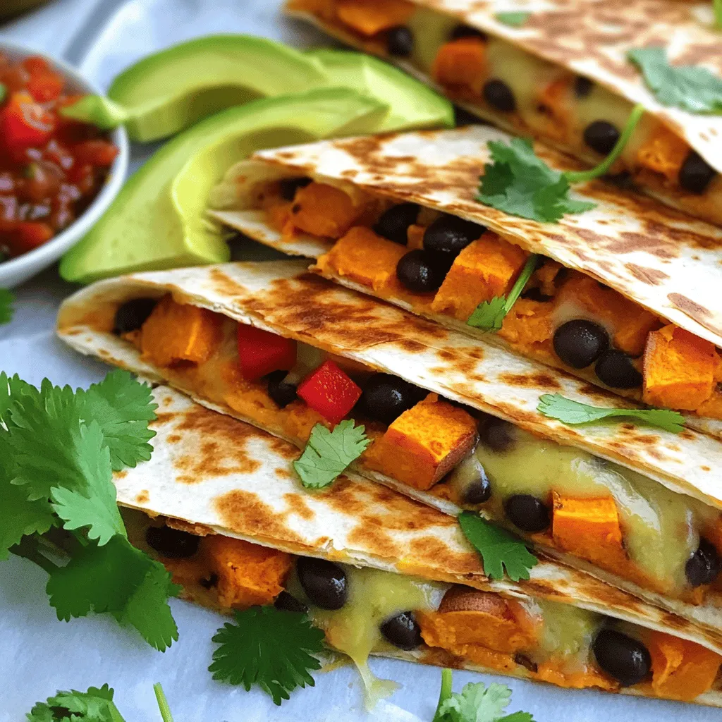 To make Sweet Potato Black Bean Quesadillas, you need simple ingredients that pack a punch. Here’s the list: - 2 medium sweet potatoes, peeled and diced - 1 can (15 oz) black beans, rinsed and drained - 1 cup shredded cheese (cheddar or Mexican blend) - 1 red bell pepper, diced - 1 small onion, finely chopped - 2 cloves garlic, minced - 1 teaspoon ground cumin - 1 teaspoon smoked paprika - Olive oil, salt, and black pepper to taste - 4 large whole wheat tortillas - Fresh cilantro, chopped (for garnish) - Slices of avocado and your favorite salsa (for serving) These ingredients blend together to create a tasty and satisfying meal. Sweet potatoes give a creamy texture while black beans add protein. The spices, like cumin and smoked paprika, elevate the taste. You can choose any cheese you love, but I recommend a nice sharp cheddar for that extra zing. Using whole wheat tortillas makes this dish even more wholesome. Plus, fresh cilantro and avocado on top make each bite fresh and delightful. If you want the full recipe, just check out the recipe section. First, preheat your oven to 400°F (200°C). This step is key for a good roast. Next, take your diced sweet potatoes and spread them on a baking sheet. Drizzle some olive oil over the top. You want to coat them well. Then, sprinkle salt, pepper, cumin, and smoked paprika. Toss everything together to mix. Roast the sweet potatoes for 25 to 30 minutes. Make sure to flip them halfway. When they are tender and slightly caramelized, take them out and let them cool. While the sweet potatoes roast, heat a skillet over medium heat. Add a splash of olive oil to the pan. Once hot, toss in the chopped onion and diced bell pepper. Cook these for about 5 minutes. You want them soft and fragrant. After that, add the minced garlic and stir for one more minute. This adds a nice flavor. Be careful not to burn the garlic; keep stirring. Now it's time to combine the ingredients. In a large bowl, mix the roasted sweet potatoes, black beans, and sautéed veggies. Add half of the shredded cheese to this mixture. Gently stir everything together. Taste the filling and adjust with salt and black pepper as needed. This step helps balance the flavors. Next, prepare to cook your quesadillas. Heat a non-stick skillet or griddle on medium heat. Lightly grease it with olive oil. Lay one tortilla flat in the skillet. On one half, spread a generous amount of the sweet potato mixture. Sprinkle some of the remaining cheese on top. Fold the tortilla over to cover the filling. Cook the quesadilla for about 3 to 4 minutes. You want the bottom to be golden and crispy. Carefully flip it over and cook for another 3 to 4 minutes on the other side. The cheese should be melted, and the tortilla crispy. Repeat this with the rest of the tortillas and filling. Once cooked, slice the quesadillas into wedges. Serve them hot and garnish with fresh chopped cilantro. I love pairing these with creamy avocado slices and your favorite salsa. It adds a nice touch to the meal. For more details, check out the Full Recipe. To get sweet potatoes just right, even roasting is key. Cut them into small, even pieces. This helps them cook at the same speed. Spread them out on a baking sheet. Avoid stacking them to let hot air flow. Toss them in olive oil, salt, and pepper. For extra flavor, try adding garlic powder or chili powder. These spices bring out the sweetness and add a kick. For the best melty texture, use cheddar or Mexican blend cheese. These cheeses melt well and add rich flavor. If you want a dairy-free option, use vegan cheese. Look for brands that melt nicely. Some even taste just like real cheese! Feel free to swap out veggies. You can add spinach, zucchini, or mushrooms. Each brings a different taste and texture. Want some heat? Add fresh herbs like cilantro or a splash of hot sauce. This can really wake up the flavors and make your quesadillas exciting. {{image_4}} You can make these quesadillas even tastier by adding more veggies. Try spinach, mushrooms, or zucchini. These will add color and nutrients. You can also use different beans. Pinto beans or kidney beans work well too. Each bean adds its unique flavor and texture. If you want more protein, add grilled chicken or turkey. Just chop the meat and mix it in with the other fillings. For a vegan option, try adding tofu or tempeh. Both give a nice boost of protein without any meat. The type of tortilla can change the dish. Corn tortillas offer a nice crunch. Spinach tortillas add a colorful twist. If you need a gluten-free option, look for gluten-free tortillas in stores. They work great and taste delicious! Store leftovers in an airtight container. This keeps them fresh longer. Your quesadillas will last about 3 to 4 days in the fridge. Make sure to let them cool before sealing the container. You can freeze both uncooked and cooked quesadillas. For uncooked ones, wrap each quesadilla in plastic wrap. Place them in a freezer bag to avoid freezer burn. For cooked quesadillas, let them cool first. Then, store them in a freezer-safe container. They will last for about 2 to 3 months. When you want to reheat, cook the frozen quesadillas directly from the freezer. For uncooked, cook on medium heat for about 6 to 8 minutes on each side. For cooked quesadillas, reheat in a skillet over medium heat for about 5 minutes on each side. To keep texture and flavor, avoid microwaving. Instead, use a skillet or an oven. Cooking in a skillet helps maintain crispiness. If using an oven, set it to 350°F (175°C). Bake for about 10 minutes. Adjust timing based on how many quesadillas you are reheating. Enjoy your Sweet Potato Black Bean Quesadillas warm and crispy! Sweet potato black bean quesadillas are tasty tortillas filled with roasted sweet potatoes, black beans, and cheese. The main ingredients are: - 2 medium sweet potatoes, peeled and diced - 1 can (15 oz) black beans, rinsed and drained - 1 cup shredded cheese (cheddar or Mexican blend) - 1 red bell pepper, diced - 1 small onion, finely chopped - 2 cloves garlic, minced - Olive oil, salt, and black pepper for seasoning - 4 large whole wheat tortillas The soft sweet potatoes pair well with the hearty black beans. Together, they create a filling meal packed with flavor. Yes, you can make these quesadillas ahead. Store them in an airtight container in the fridge for up to three days. To reheat, place them in a skillet over medium heat. Cook for about 3-4 minutes on each side until warm and crispy. You can also reheat them in an oven at 350°F for 10-15 minutes. Definitely! Sweet potatoes offer vitamins A and C, fiber, and antioxidants. Black beans provide protein, fiber, and iron. Together, they make a balanced meal. Using whole wheat tortillas adds extra fiber. Overall, these quesadillas are a nutritious choice. You can serve these quesadillas with: - Fresh avocado slices - Your favorite salsa - A side salad - Sour cream or Greek yogurt - Guacamole These sides enhance the flavors and create a complete meal. Absolutely! You can add or change ingredients based on your taste. For a spicy kick, include jalapeños or hot sauce. You can also try different veggies like spinach or zucchini. If you follow a specific diet, feel free to swap cheese for a dairy-free option. The choices are endless! Sweet potato black bean quesadillas are tasty and easy to make. We covered ingredients, step-by-step instructions, and tips to enhance flavor. You can adjust fillings and choose different cheeses. Storing leftovers is simple, and reheating keeps them delicious. These quesadillas are healthy and perfect for many diets. Try them with fresh salsa and avocado to elevate the meal. Now, gather your ingredients and enjoy this flavorful twist on a classic dish!