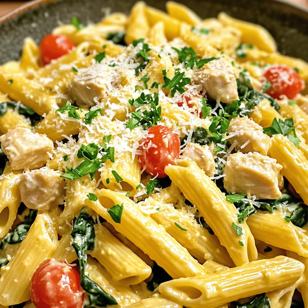 To make this dish, you need a few key ingredients: - 12 oz penne pasta - 2 boneless, skinless chicken breasts, diced - 2 tablespoons extra virgin olive oil - 1 teaspoon garlic powder - 1 teaspoon onion powder - Salt and freshly ground black pepper, to taste - 1 cup heavy cream - 1 cup ranch dressing - 1 cup freshly grated Parmesan cheese - 1 cup baby spinach, roughly chopped - 1/2 cup cherry tomatoes, halved - Fresh parsley, finely chopped (for garnish) These ingredients blend well to create a creamy, savory pasta dish. The ranch dressing adds a unique flavor that makes this meal stand out. You can tweak the recipe to fit your taste. Here are some optional ingredients: - Cooked bacon or pancetta for added flavor - Bell peppers for a crunchy texture - Mushrooms for an earthy taste - Different cheese types, like mozzarella or feta - Fresh herbs like basil or thyme These options let you make the dish your own. Feel free to mix and match as you like! This meal is hearty and filling. Here's a quick look at its nutritional value (per serving): - Calories: Approximately 600 - Protein: 30g - Carbs: 60g - Fat: 25g You can enjoy a balanced dish while treating yourself. Just remember to enjoy it in moderation! For the full details, check the Full Recipe. - First, cook the pasta. Bring salted water to a boil in a large pot. Add 12 oz of penne pasta. Cook it according to the package instructions until it is al dente. Drain well and keep it warm. - Next, sauté the chicken. Heat 2 tablespoons of olive oil in a large skillet over medium heat. Add 2 diced chicken breasts along with 1 teaspoon of garlic powder and 1 teaspoon of onion powder. Season with salt and pepper. Cook for 7-10 minutes until the chicken turns golden brown. - Now, make the cream sauce. Lower the heat to a gentle simmer. Pour in 1 cup of heavy cream and stir to mix with the chicken. Let it simmer for about 2 minutes while stirring often. - Then, add the ranch and cheese. Mix in 1 cup of ranch dressing with the cream and chicken. Gradually add 1 cup of grated Parmesan cheese while stirring until the cheese melts into a creamy sauce. - Combine the pasta and sauce. Add the drained penne pasta to the skillet. Toss the pasta gently in the sauce until every piece is coated. - Add spinach and tomatoes. Fold in 1 cup of chopped baby spinach and 1/2 cup of halved cherry tomatoes. Cook for another 2-3 minutes, stirring until the spinach wilts and tomatoes soften. - Season to taste. Taste your dish and add more salt and pepper as needed. Adjust the flavor to fit your liking. - Lastly, serve it up! Serve the creamy ranch chicken pasta hot. Garnish with fresh parsley for color and flavor. - Cooking the pasta: 10 minutes - Sautéing the chicken: 7-10 minutes - Making the cream sauce: 2 minutes - Adding ranch and cheese: 3 minutes - Combining pasta and sauce: 2 minutes - Adding spinach and tomatoes: 3 minutes - Total cooking time: About 30 minutes - Always use plenty of water for boiling. This helps the pasta cook evenly. - Add salt to the water. This enhances the flavor of the pasta. - Stir the pasta occasionally while cooking to prevent sticking. - Taste the pasta a minute before the time is up to check for doneness. - Drain the pasta right away to stop the cooking process. For the full recipe, feel free to refer back to the provided details. When making creamy ranch chicken pasta, be careful not to overcook the chicken. Overcooked chicken can become dry and tough. Always sauté the chicken until it turns golden brown and is just cooked through. Also, avoid adding the pasta too early. If you mix it in too soon, the pasta can soak up too much sauce and become mushy. To make the dish creamier, add more heavy cream or Parmesan cheese. This will give the pasta a rich, velvety texture. If you want a lighter version, swap heavy cream for Greek yogurt or a light cream. You can also use less ranch dressing for a fresher taste while keeping the flavor balance intact. Serve the creamy ranch chicken pasta in bowls for a cozy feel. Top with extra Parmesan and a sprinkle of fresh parsley for color. Pair it with a side salad to add freshness. A glass of white wine can also enhance the meal. For a fun twist, serve with garlic bread for a perfect bite. {{image_4}} You can make this dish even better with some simple add-ins. Try adding: - 1 cup of mushrooms, sliced - 1 cup of broccoli florets - 1 cup of bell peppers, diced These will give your pasta more flavor and color. You can also swap the penne pasta for other shapes, like fusilli or farfalle. If you like a bit of crunch, toss in some toasted nuts or seeds before serving. If chicken isn't your thing, don’t worry! You can use other proteins, such as: - Shrimp - Turkey - Tofu Shrimp cooks quickly and adds a nice touch. Turkey can be a great lean option. For tofu, make sure to press it first to remove extra water. This helps it soak up the flavors better. You can easily make this dish vegetarian or vegan. For a vegetarian version, simply use vegetable broth instead of chicken. To make it vegan, swap the heavy cream and cheese for: - 1 cup of coconut cream - Nutritional yeast for a cheesy flavor Adding more vegetables will also help create a hearty meal. Use cauliflower or zucchini for added texture and taste. Remember, cooking is all about enjoying the process and making it your own! You can find the full recipe for creamy ranch chicken pasta to get started. After enjoying your creamy ranch chicken pasta, let it cool. Place leftovers in an airtight container. This helps keep it fresh. Store the container in the fridge. It will last for about three to four days. If you want to enjoy it later, freezing is a great option. To reheat, use a microwave or stovetop. If using a microwave, put the pasta in a bowl and add a splash of milk or cream. This keeps it moist. Heat in short bursts, stirring in between. For stovetop, warm it gently in a pan. Add a little milk or cream to help it heat evenly. Stir often to avoid sticking. Freezing is easy. First, let the pasta cool completely. Then, portion it into freezer-safe containers. Leave some space at the top for expansion. Label the containers with the date. It can last for up to three months. When ready to eat, thaw it overnight in the fridge. Reheat as described above. Enjoy every bite! To make this dish gluten-free, swap regular pasta for gluten-free penne. Many brands offer great options. Look for rice, quinoa, or chickpea pasta. These work well and taste good. Just follow the cooking time on the package. This way, you can enjoy the meal without gluten. Yes, you can use different types of pasta! While penne pasta is great, you could try fusilli, farfalle, or even spaghetti. Each shape holds the sauce well. Choose your favorite based on what you have at home. Cooking time may vary a bit, so keep an eye on it. Creamy Ranch Chicken Pasta goes well with many sides. Consider a simple green salad with vinaigrette. Garlic bread is also a great choice. You could even serve steamed broccoli or roasted vegetables. These sides add color and balance to your meal. Absolutely! To make it dairy-free, use coconut cream instead of heavy cream. Choose a dairy-free ranch dressing as well. For the cheese, try nutritional yeast or a plant-based cheese. These swaps still give you a tasty dish without dairy. To spice things up, add red pepper flakes when cooking the chicken. You can also mix in diced jalapeños or hot sauce to the sauce. Adjust the spice level to your taste. This will give your creamy ranch chicken pasta a nice kick! For the complete recipe, check out the Full Recipe. This blog post shared how to make creamy ranch chicken pasta. We covered key ingredients, cooking steps, and helpful tips. You can customize it to your taste and even make it lighter or creamier. We also talked about storing leftovers and reheating them. Remember, cooking should be fun and easy. Now you have all the tools to try this dish. Enjoy your cooking adventure and make your meals delicious!