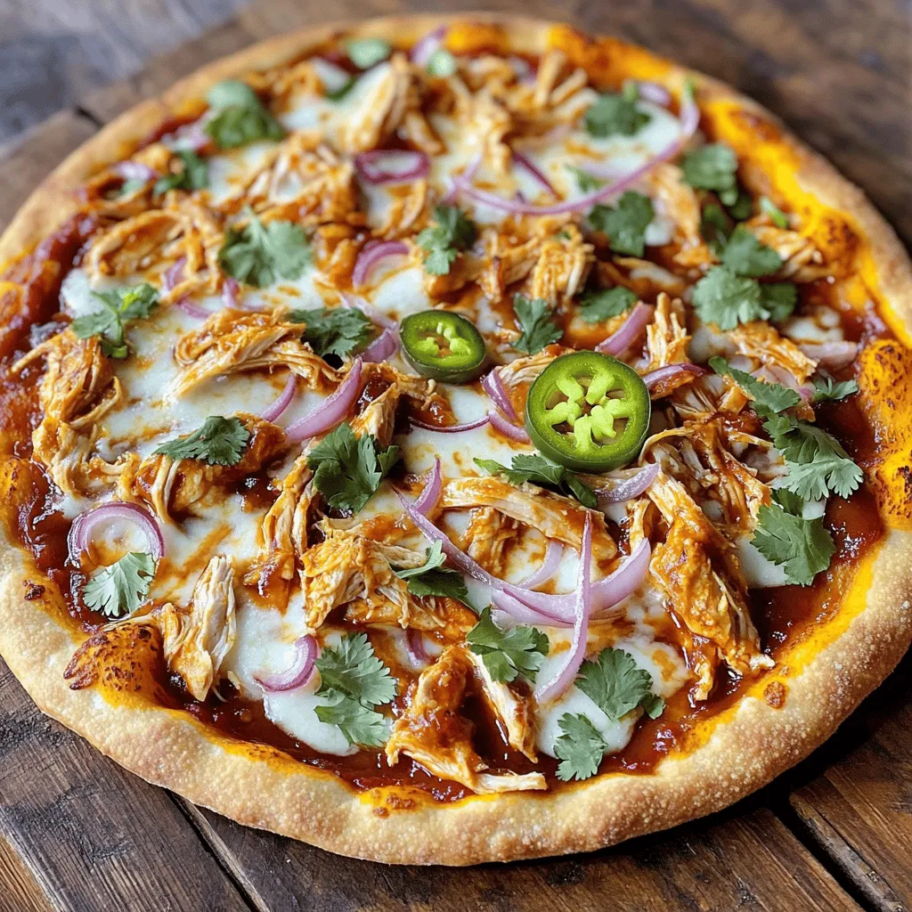 - Pre-made or homemade pizza dough - Cooked chicken breast (shredded) - BBQ sauce options For your Spicy BBQ Chicken Pizza, you can use either pre-made or homemade pizza dough. If you choose homemade, roll it out on a floured surface. Shredded cooked chicken adds great texture and flavor. You can use rotisserie chicken for more taste. Choose a BBQ sauce that fits your spice level. A spicy sauce brings heat, while a regular sauce keeps it milder. - Mozzarella cheese (shredded) - Red onion (thinly sliced) - Jalapeño (optional) Mozzarella cheese is key for that gooey texture. Shred it yourself for the best melt. Slice red onions thinly for a little crunch. If you like heat, add jalapeño slices on top. Adjust the amount based on your taste. - Fresh cilantro (for garnish) - Olive oil, salt, and pepper Fresh cilantro adds a burst of flavor at the end. Drizzle a bit of olive oil over the pizza before serving. A sprinkle of salt and pepper enhances all the flavors. You can find this complete recipe in the Full Recipe section. Enjoy your cooking! First, preheat your oven to 475°F (245°C). If you use a pizza stone, place it in the oven now. This helps the crust get nice and crispy. Next, prepare your pizza dough. Roll it out or stretch it on a lightly floured surface. Aim for an even thickness. If you use store-bought dough, just stretch it to fit your pizza stone or baking sheet. For the chicken, take 1 cup of cooked chicken breast and shred it well. Place the shredded chicken in a medium bowl. Add 1/2 cup of BBQ sauce. Mix it with a spoon until all the chicken is fully coated. This step is key for great flavor. Now, grab your prepared pizza dough. Spread the remaining BBQ sauce evenly across the top, leaving a little space around the edges. Next, layer the BBQ chicken mixture on top. Sprinkle 1 cup of shredded mozzarella cheese evenly over the chicken. Then, add 1/2 cup of thinly sliced red onion. If you like heat, add slices of jalapeño for an extra kick. Carefully place your pizza in the preheated oven. Bake it for about 12-15 minutes. Keep an eye on it! You want the crust to turn golden brown and the cheese to bubble. Once it looks perfect, take it out. A well-baked pizza will have a crispy crust and melted cheese. For the full experience, check out the Full Recipe link for more details. Choosing the right BBQ sauce Select a BBQ sauce that fits your taste. A spicy sauce adds a nice kick. If you prefer mild flavor, go for a regular sauce. You can mix sauces for a unique taste. Best practices for seasoning Season your chicken well. Salt and pepper enhance the flavor of the BBQ sauce. You can also add garlic powder or smoked paprika. These spices bring out the best in your dish. Tips for achieving crispy crust To get a crispy crust, preheat your oven to 475°F. Use a pizza stone if you have one. This helps the crust cook evenly and turn golden brown. Roll the dough thin for extra crunch. Common mistakes to avoid Do not overload your pizza with toppings. Too many toppings can make the crust soggy. Avoid using cold dough; let it sit at room temperature before shaping. This helps it stretch better and cook evenly. Ideal side dishes or drinks to pair Serve your pizza with a light salad. A crisp Caesar or garden salad complements the rich flavors. Pair it with a cold drink, like iced tea or a light beer. These choices balance the spice of the pizza. Presentation tips for serving Slice the pizza into even wedges for easy serving. Garnish with fresh cilantro for color. A drizzle of BBQ sauce on top adds flair. Serve it hot on a wooden board for a rustic look. For the full recipe, check out [Full Recipe]. {{image_4}} You can kick up the heat in your spicy BBQ chicken pizza. Add more jalapeños for a spicy kick. Slice them thin, and spread them evenly on top. You can also mix in spicy sausage or pepperoni. This adds a nice layer of flavor. Choose your favorite spicy meat to make your pizza even more exciting. Want a veggie version? You can easily swap chicken for plant-based proteins. Try using shredded jackfruit or a store-bought meat substitute. Both options work well to capture the BBQ flavor. For toppings, add bell peppers, mushrooms, or spinach. These veggies pair nicely with the BBQ sauce and cheese. You can choose different crust types for your pizza. A thin crust gives a crispy base, while a thick crust offers more chew. Both styles work well with the spicy toppings. If you want a smoky flavor, try grilling your pizza. Just cook it on a BBQ grill for a few minutes. This adds a fun twist to your spicy BBQ chicken pizza. For the complete cooking method, check the Full Recipe. To keep your spicy BBQ chicken pizza fresh, wrap it well. Use plastic wrap or place it in an airtight container. This keeps moisture in and stops the pizza from drying out. You can store it in the fridge for up to four days. After that, the taste and texture may change. When reheating pizza, I recommend using the oven. Preheat it to 375°F (190°C). Place the pizza on a baking sheet and heat for about 10 minutes. This helps the crust stay crisp. If you use a microwave, heat it for 30 seconds to 1 minute. But be careful; the crust may become soggy. To freeze your pizza, slice it first. This makes it easy to grab just one piece later. Wrap each slice in plastic wrap. Then, place the wrapped slices in a freezer bag. This way, they stay fresh for up to three months. When you're ready to eat, thaw the pizza in the fridge overnight. For a quick option, you can reheat it straight from the freezer. Just add a few extra minutes to your baking time. For more details, check the Full Recipe. The best BBQ sauce for pizza has bold and rich flavors. I recommend sauces that mix sweet, tangy, and spicy notes. Look for brands like Sweet Baby Ray's or Stubb's for a classic taste. If you want more heat, try a spicy BBQ sauce like Blues Hog. A good sauce can make your pizza shine. Yes, frozen pizza dough works well. It saves time and effort. To use it, let it thaw in the fridge overnight. When ready, take it out and let it rise for about 30 minutes. This helps it stretch better. Just follow the package directions for the best results. To make more servings, simply scale the ingredients. For example, if you want to serve eight, double the amounts. Use two cups of chicken and one cup of BBQ sauce. Keep the same amounts for cheese and toppings. Just ensure your pizza stone or baking sheet is big enough for the larger pizza. You can find spicy BBQ chicken pizza at many local pizzerias. Chains like Domino's or Papa John's often have spicy BBQ options. If you prefer unique flavors, check out your local gourmet pizza shops. These places often put their spin on classic recipes. Look for reviews online to find the best spots in your area. This recipe can fit into a balanced diet. A slice has protein from the chicken and some vitamins from the onions and cilantro. If you're watching calories, use less cheese or a whole wheat crust. You can also add more veggies for extra nutrients. Always remember, moderation is key for a healthy meal. For the full recipe, click here. Making BBQ chicken pizza at home is easy and fun. You start with dough, add chicken, and top it with cheese and veggies. Remember to perfect your crust and choose the right BBQ sauce for great flavor. Don’t forget to store leftovers properly and consider variations like adding more spice or using plant-based toppings. I hope you feel inspired to create your delicious version. Enjoy your tasty pizza night!