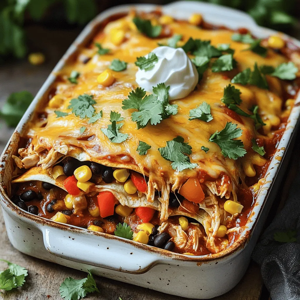 - 2 cups cooked chicken, shredded - 1 can (15 oz) enchilada sauce - 1 cup black beans, drained and rinsed - 1 cup corn - 1 cup diced bell peppers - 1 teaspoon ground cumin - 1 teaspoon chili powder - 2 cups shredded cheese - 8 small flour tortillas - Fresh cilantro, chopped - Sour cream, for serving You can swap the chicken for turkey or tofu. This makes the dish fit different diets. For cheese, try a mild mozzarella or a spicy pepper jack. These choices change the dish's flavor. If you prefer a different texture, use a cream cheese blend. It melts nicely and adds richness. You can also use corn tortillas instead of flour. They add a nice crunch. This dish is versatile. Feel free to mix and match based on what you have. For the full recipe, refer to the detailed instructions above. - Preheat oven to 375°F (190°C). This step is key for even cooking. - Spread a thin layer of enchilada sauce in a 9x13 inch baking dish. This keeps the tortillas from sticking. - In a large bowl, mix shredded chicken, black beans, corn, diced bell peppers, ground cumin, chili powder, and half of the enchilada sauce. Stir well until everything is combined. - Lay four tortillas in the dish over the sauce. Scoop the chicken mixture onto each tortilla and roll it up tightly. Place each tortilla seam side down in the dish. Repeat until all tortillas are filled. - Cover the dish with aluminum foil. Bake for 20 minutes. This helps the flavors blend and keeps things moist. - Remove the foil and bake for another 10 minutes, or until the cheese is melted and bubbly. The top should look golden and delicious. For the full recipe, refer to the earlier sections. * To stop tortillas from sticking, use a thin layer of sauce. Spread it well on the bottom of your baking dish. This simple step keeps your tortillas intact. * To avoid dryness, cover the dish with aluminum foil during the first part of baking. This traps steam and keeps your enchiladas moist. * For extra heat, add chili flakes or cayenne pepper to your mix. A little goes a long way! * Fresh ingredients can brighten your dish. Mix in chopped onions, diced tomatoes, or even corn for a burst of flavor. Fresh herbs like cilantro also add a nice touch. * Pair your enchilada bake with a fresh side salad. A mix of greens, tomatoes, and avocado works well. * For a fun twist, serve individual portions on colorful plates. Add lime wedges and extra cilantro for a pop of color and freshness. {{image_4}} You can make a tasty vegetarian version of this dish. Start by using beans or lentils instead of chicken. Black beans work well, or you can use pinto beans for a different taste. Lentils add a nice texture and protein, too. For vegetables, I suggest using colorful bell peppers, corn, and zucchini. These add flavor and crunch. You can also try spinach or mushrooms for extra nutrients. Mixing these veggies gives your enchilada bake a vibrant look and a healthy boost. If you like heat, consider adding jalapeños or hot sauce. You can slice fresh jalapeños and mix them in with the filling. If you want a kick, a few dashes of hot sauce will do the trick. Using a spicy enchilada sauce can also raise the heat level. Look for sauces that say "spicy" on the label. This way, you get a deeper flavor with every bite. Adjust the spice to your taste, and enjoy the warmth! For gluten-free eaters, swap flour tortillas with corn tortillas. Corn tortillas are soft and tasty, making them a great choice. Check that your enchilada sauce and other ingredients are gluten-free, too. Many brands offer gluten-free options now. This ensures everyone can enjoy the dish without worry. You still get that same delicious flavor, just in a gluten-free way. Enjoy your meal with confidence! For the full recipe, check out the detailed instructions above! To store leftovers, let the enchilada bake cool completely. Place it in an airtight container. This keeps it fresh and tasty. You can enjoy it for up to three days in the fridge. You can freeze the enchilada bake before or after baking. To freeze before baking, wrap the dish tightly. Use aluminum foil and plastic wrap for best results. When ready to eat, bake it from frozen, adding extra time. If freezing after baking, let it cool first. Then, cover it well and freeze. It stays good for about three months. For the best texture, reheat in the oven. Preheat to 350°F (175°C). Cover the dish with foil to keep it moist. Bake for about 20 minutes, or until hot. You can also use the microwave for a quick option. Place a piece on a microwave-safe plate, cover it loosely, and heat for one to two minutes. However, the oven gives a better texture. For more details on making this dish, check out the Full Recipe. How long does it take to make Easy Chicken Enchilada Bake? It takes about 15 minutes to prep. The baking time is around 30 minutes. So, in total, you need about 45 minutes to make this dish. Can I make this dish in advance? Yes, you can prepare the enchilada bake ahead of time. Just assemble it, cover it, and store it in the fridge. When ready, bake it straight from the fridge. This makes dinner easy on busy days! How to make it low-carb or keto-friendly? To make this dish low-carb, swap flour tortillas for low-carb options like cauliflower tortillas. You can also skip the beans for fewer carbs. Focus on meats and cheese for a filling meal. Suggestions for dairy-free options For a dairy-free version, choose non-dairy cheese that melts well. Also, check the enchilada sauce to ensure it is dairy-free. You can use avocado or guacamole as a creamy topping instead of sour cream. Can I use different types of meat? Absolutely! You can use turkey, pork, or even beef. Shredded rotisserie chicken works well too. Each type of meat gives a different flavor and texture. What’s the best way to make it spicier? To add heat, include diced jalapeños or fresh chili peppers in the filling. You can also use a spicy enchilada sauce. For an extra kick, sprinkle chili flakes on top before baking. In this blog post, we explored how to make an Easy Chicken Enchilada Bake. We covered the main ingredients, the step-by-step instructions, and tips for great flavor and texture. You learned about variations, storage options, and answered common questions. This dish is versatile and simple. You can customize it to fit your tastes. With all these ideas, it's easy to make a meal your family will love. Enjoy creating your delicious enchilada bake!