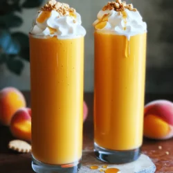 - 2 ripe peaches - 1 ripe banana - 1 cup vanilla Greek yogurt - 1 cup almond milk - 1 tablespoon honey - 1 teaspoon ground cinnamon - 1/4 teaspoon ground nutmeg - 1/2 cup rolled oats - 1 teaspoon pure vanilla extract To make the peach pie smoothie, you need fresh, ripe peaches. These fruits provide a sweet and juicy base. Choose peaches that smell sweet and feel slightly soft. The banana adds creaminess and natural sweetness. Make sure to peel and freeze it beforehand for the best texture. Next, vanilla Greek yogurt adds a rich flavor. It also gives your smoothie a nice protein boost. Almond milk is a great choice for a smooth blend. You can swap it for any milk you like. Honey sweetens the mix, but you can use maple syrup if you prefer a vegan option. Ground cinnamon and nutmeg bring warmth to the flavor. They remind you of a classic peach pie. Rolled oats add a hearty touch and help keep you full. Finally, pure vanilla extract enhances the smoothie’s taste, making it truly special. - Whipped cream - Crushed graham crackers Toppings can take your smoothie to the next level. Whipped cream adds a fun, light texture. Crushed graham crackers mimic the pie crust, creating a delightful crunch. You can mix and match these toppings to suit your taste. For the full recipe, be sure to check the details above. - Wash and chop peaches - Peel and freeze banana First, take your ripe peaches. Wash them well under cool water. Make sure to remove any dirt. Next, pit the peaches and chop them into bite-sized pieces. This helps them blend better. For the banana, peel it and freeze it. A frozen banana gives the smoothie a creamy texture. - Combine all ingredients in a blender - Blend until smooth Now it’s time to blend! In a high-speed blender, add the chopped peaches, frozen banana, and vanilla Greek yogurt. Pour in the almond milk too. Don’t forget the honey, ground cinnamon, ground nutmeg, rolled oats, and pure vanilla extract. Blend everything on high until smooth. Make sure there are no chunks left. - Modify with almond milk if needed - Taste test and add honey/maple syrup if preferred After blending, check the consistency. If it’s too thick, add a bit more almond milk. Blend again to mix it in. Now, taste your smoothie. If you want it sweeter, add more honey or maple syrup. Blend briefly one last time to combine. Enjoy this peach pie smoothie right away for the best taste! If you want to try the full recipe, check it out for all the details. To make the best peach pie smoothie, you need ripe peaches. Look for peaches that smell sweet and feel slightly soft. Avoid hard peaches, as they lack flavor. Store the peaches at room temperature until they ripen. Once ripe, keep them in the fridge for a few days. This helps them stay fresh and tasty. A frozen banana is key for a creamy smoothie. It acts like ice, making the drink thick without watering it down. When blending, start on low speed to combine the ingredients. Then, switch to high speed until the mixture is smooth. If it feels too thick, add more almond milk. Blend again until you reach your desired creaminess. Spices can take your smoothie to the next level. Ground cinnamon adds warmth, while nutmeg gives a nice twist. Try adding a pinch of ginger for a spicy kick. You can also experiment with different yogurt flavors, like peach or coconut. Each choice brings a unique taste to your smoothie. {{image_4}} To make a vegan peach pie smoothie, you can easily swap some ingredients. Use coconut yogurt instead of Greek yogurt. For milk, almond or oat milk works well. Instead of honey, choose maple syrup for sweetness. These changes make the smoothie plant-based without losing flavor. Want to make your smoothie even healthier? You can add protein powder to boost protein. Try vanilla or plain flavors for a smooth taste. You can also add superfoods like chia seeds or hemp seeds. If you want greens, toss in a handful of spinach. It blends well and adds nutrients without changing the taste. Mixing in other fruits can change the flavor of your smoothie. Try adding a handful of berries for a tangy kick. You can also use mango for a tropical twist. If you like a creamier texture, add avocado. These fruit combos give you new flavors to enjoy every time. To store leftovers in the fridge, pour your smoothie into a glass jar. Seal it tightly with a lid. It will stay fresh for up to 24 hours. After that, the quality may decline. You might notice changes in taste and texture. It’s best to enjoy your peach pie smoothie soon after making it. If you want to save some smoothie for later, freezing works well. Pour the unused smoothie into an ice cube tray or a freezer-safe bag. Fill the tray or bag, leaving a little space for expansion. It can last in the freezer for about one month. When ready to drink, thaw it in the fridge overnight. For a quick thaw, place the bag in warm water. Blend it again for the best taste and texture. Choose fun glassware to serve your smoothie. Tall glasses or mason jars add a nice touch. You can also layer it in a clear cup to show off the colors. Pair your peach pie smoothie with light meals. It goes well with granola bars or fruit salads. Enjoy it as a refreshing breakfast or a snack! To boost the protein in your smoothie, try these options: - Add a scoop of protein powder. - Use extra Greek yogurt. - Include cottage cheese for creaminess. - Toss in some nut butter like almond or peanut. These ingredients will make your smoothie richer and keep you full longer. Yes, you can use frozen peaches! They will give your smoothie a nice chill. Frozen peaches also create a thicker texture. However, they might taste a bit less fresh than ripe, juicy peaches. Just remember to blend longer to ensure a smooth finish. You can experiment with these spices: - Ginger adds warmth and zest. - Cloves bring a deep, sweet flavor. - Cardamom offers a unique twist. - Allspice gives a hint of nutmeg and cinnamon. Each spice will change the flavor and make your smoothie special. This blog post guides you in making a delicious peach pie smoothie. I shared key ingredients, like ripe peaches and almond milk, and provided easy steps to blend it all together. You can adjust sweetness and try fun toppings too. Remember, fresh or frozen peaches work well. In the end, feel free to experiment with flavors and textures. Enjoy your tasty smoothie as a snack or meal!