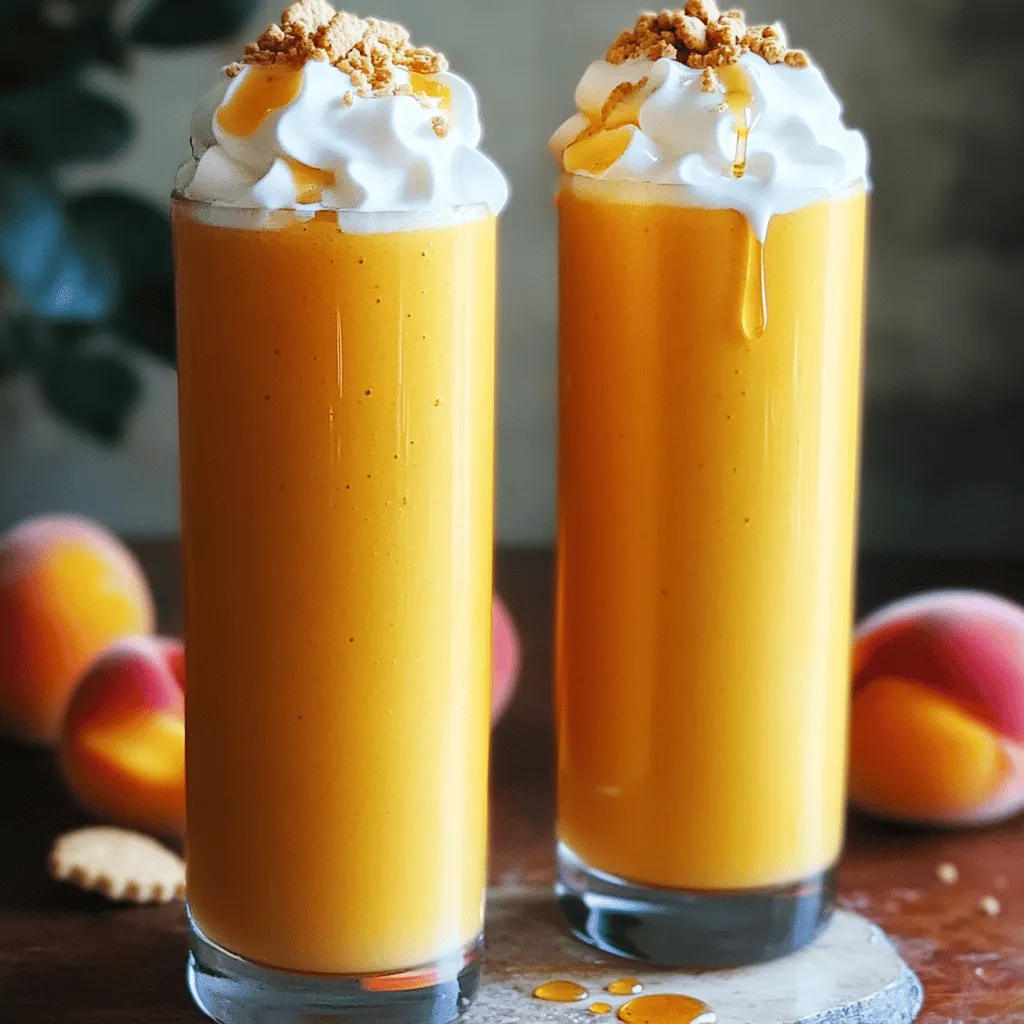 - 2 ripe peaches - 1 ripe banana - 1 cup vanilla Greek yogurt - 1 cup almond milk - 1 tablespoon honey - 1 teaspoon ground cinnamon - 1/4 teaspoon ground nutmeg - 1/2 cup rolled oats - 1 teaspoon pure vanilla extract To make the peach pie smoothie, you need fresh, ripe peaches. These fruits provide a sweet and juicy base. Choose peaches that smell sweet and feel slightly soft. The banana adds creaminess and natural sweetness. Make sure to peel and freeze it beforehand for the best texture. Next, vanilla Greek yogurt adds a rich flavor. It also gives your smoothie a nice protein boost. Almond milk is a great choice for a smooth blend. You can swap it for any milk you like. Honey sweetens the mix, but you can use maple syrup if you prefer a vegan option. Ground cinnamon and nutmeg bring warmth to the flavor. They remind you of a classic peach pie. Rolled oats add a hearty touch and help keep you full. Finally, pure vanilla extract enhances the smoothie’s taste, making it truly special. - Whipped cream - Crushed graham crackers Toppings can take your smoothie to the next level. Whipped cream adds a fun, light texture. Crushed graham crackers mimic the pie crust, creating a delightful crunch. You can mix and match these toppings to suit your taste. For the full recipe, be sure to check the details above. - Wash and chop peaches - Peel and freeze banana First, take your ripe peaches. Wash them well under cool water. Make sure to remove any dirt. Next, pit the peaches and chop them into bite-sized pieces. This helps them blend better. For the banana, peel it and freeze it. A frozen banana gives the smoothie a creamy texture. - Combine all ingredients in a blender - Blend until smooth Now it’s time to blend! In a high-speed blender, add the chopped peaches, frozen banana, and vanilla Greek yogurt. Pour in the almond milk too. Don’t forget the honey, ground cinnamon, ground nutmeg, rolled oats, and pure vanilla extract. Blend everything on high until smooth. Make sure there are no chunks left. - Modify with almond milk if needed - Taste test and add honey/maple syrup if preferred After blending, check the consistency. If it’s too thick, add a bit more almond milk. Blend again to mix it in. Now, taste your smoothie. If you want it sweeter, add more honey or maple syrup. Blend briefly one last time to combine. Enjoy this peach pie smoothie right away for the best taste! If you want to try the full recipe, check it out for all the details. To make the best peach pie smoothie, you need ripe peaches. Look for peaches that smell sweet and feel slightly soft. Avoid hard peaches, as they lack flavor. Store the peaches at room temperature until they ripen. Once ripe, keep them in the fridge for a few days. This helps them stay fresh and tasty. A frozen banana is key for a creamy smoothie. It acts like ice, making the drink thick without watering it down. When blending, start on low speed to combine the ingredients. Then, switch to high speed until the mixture is smooth. If it feels too thick, add more almond milk. Blend again until you reach your desired creaminess. Spices can take your smoothie to the next level. Ground cinnamon adds warmth, while nutmeg gives a nice twist. Try adding a pinch of ginger for a spicy kick. You can also experiment with different yogurt flavors, like peach or coconut. Each choice brings a unique taste to your smoothie. {{image_4}} To make a vegan peach pie smoothie, you can easily swap some ingredients. Use coconut yogurt instead of Greek yogurt. For milk, almond or oat milk works well. Instead of honey, choose maple syrup for sweetness. These changes make the smoothie plant-based without losing flavor. Want to make your smoothie even healthier? You can add protein powder to boost protein. Try vanilla or plain flavors for a smooth taste. You can also add superfoods like chia seeds or hemp seeds. If you want greens, toss in a handful of spinach. It blends well and adds nutrients without changing the taste. Mixing in other fruits can change the flavor of your smoothie. Try adding a handful of berries for a tangy kick. You can also use mango for a tropical twist. If you like a creamier texture, add avocado. These fruit combos give you new flavors to enjoy every time. To store leftovers in the fridge, pour your smoothie into a glass jar. Seal it tightly with a lid. It will stay fresh for up to 24 hours. After that, the quality may decline. You might notice changes in taste and texture. It’s best to enjoy your peach pie smoothie soon after making it. If you want to save some smoothie for later, freezing works well. Pour the unused smoothie into an ice cube tray or a freezer-safe bag. Fill the tray or bag, leaving a little space for expansion. It can last in the freezer for about one month. When ready to drink, thaw it in the fridge overnight. For a quick thaw, place the bag in warm water. Blend it again for the best taste and texture. Choose fun glassware to serve your smoothie. Tall glasses or mason jars add a nice touch. You can also layer it in a clear cup to show off the colors. Pair your peach pie smoothie with light meals. It goes well with granola bars or fruit salads. Enjoy it as a refreshing breakfast or a snack! To boost the protein in your smoothie, try these options: - Add a scoop of protein powder. - Use extra Greek yogurt. - Include cottage cheese for creaminess. - Toss in some nut butter like almond or peanut. These ingredients will make your smoothie richer and keep you full longer. Yes, you can use frozen peaches! They will give your smoothie a nice chill. Frozen peaches also create a thicker texture. However, they might taste a bit less fresh than ripe, juicy peaches. Just remember to blend longer to ensure a smooth finish. You can experiment with these spices: - Ginger adds warmth and zest. - Cloves bring a deep, sweet flavor. - Cardamom offers a unique twist. - Allspice gives a hint of nutmeg and cinnamon. Each spice will change the flavor and make your smoothie special. This blog post guides you in making a delicious peach pie smoothie. I shared key ingredients, like ripe peaches and almond milk, and provided easy steps to blend it all together. You can adjust sweetness and try fun toppings too. Remember, fresh or frozen peaches work well. In the end, feel free to experiment with flavors and textures. Enjoy your tasty smoothie as a snack or meal!