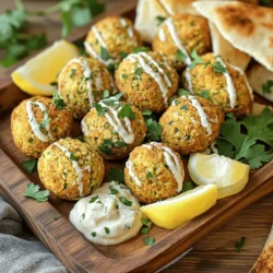 - 1 can chickpeas - 1 small onion - 2 cloves garlic - 1/4 cup fresh parsley - 1/4 cup fresh cilantro - 1 teaspoon ground cumin - 1 teaspoon ground coriander - 1 teaspoon baking powder - 1 tablespoon olive oil - 1 tablespoon lemon juice - Salt and pepper to taste - 1/2 cup breadcrumbs - 1/4 cup tahini - 2 tablespoons water - 1 tablespoon lemon juice - 1 garlic clove - Salt to taste When I make baked falafel, I love using simple and fresh ingredients. The star of this dish is the chickpeas. They give falafel its hearty texture and base flavor. You want to use one can of chickpeas that are well-rinsed and drained. This helps remove excess salt. Next, I add a small onion and two cloves of garlic. These add great flavor. I roughly chop the onion to help the food processor blend it all well. Then, I throw in fresh herbs: 1/4 cup each of parsley and cilantro. These herbs make the falafel bright and fresh. For spices, I use ground cumin and ground coriander, each one teaspoon. They bring warmth and a hint of citrus. To help the falafel rise a bit, I add one teaspoon of baking powder. It makes the texture lighter. I mix in a tablespoon of olive oil and a tablespoon of lemon juice. These add richness and a zesty kick. Finally, season with salt and pepper to taste. For the crunch, I use 1/2 cup of breadcrumbs. I prefer panko because it gives extra crispiness. Now let’s talk about the tahini sauce. I start with 1/4 cup of tahini. This gives a creamy texture. Then, I add two tablespoons of water and one tablespoon of lemon juice for brightness. A minced garlic clove adds depth of flavor. Finally, I season with salt for taste. These ingredients come together to create a tasty and healthy meal. You can find the full recipe for these delicious baked falafel with tahini sauce in the section above. Set the temperature to 400°F (200°C) for optimal baking. This step is key to getting crispy falafel. Combine chickpeas, onion, garlic, herbs, spices, baking powder, olive oil, and lemon juice in a food processor. Pulse until mostly smooth, but keep some texture. This gives your falafel that homemade feel. Transfer the chickpea mixture to a bowl. Incorporate breadcrumbs gently until well mixed. If it feels too moist, add more breadcrumbs until the mixture holds together. Using your hands, form small balls or patties. Aim for about 1.5 inches in diameter. Arrange them on a lined baking sheet. This helps them bake evenly. Bake for 20-25 minutes, flipping halfway through. You want them golden brown and crispy. This ensures a nice crunch with every bite. Whisk together tahini, water, lemon juice, minced garlic, and salt in a small bowl. Adjust the thickness with more water if needed. A smooth sauce complements the falafel perfectly. Enjoy crafting your baked falafel with tahini sauce! For the complete recipe, check out the Full Recipe section. To get the best falafel, do not over-process the chickpeas. You want a mix that stays chunky. This gives the falafel a nice bite. If the mix feels too wet, add more breadcrumbs. Start with a little, then check the mix. It should hold its shape but not be dry. Baking falafel is a healthier choice than frying. When you bake, you use less oil. This cuts down on calories and fat. Baked falafel still gets crispy and tasty. Plus, it is easier. You don’t have to stand over a hot stove. Just pop them in the oven and relax! Using fresh herbs makes a big difference. Fresh parsley and cilantro add bright notes. Dried herbs are good, but fresh is better. You can also adjust spices to suit your taste. If you love heat, add more cumin or a pinch of cayenne. Experiment to find the mix you like best! {{image_4}} If you need gluten-free options, you're in luck! You can replace regular breadcrumbs with gluten-free breadcrumbs. Here are some great options: - Almond flour: This adds a nice nutty flavor. - Ground oats: Just blend rolled oats until they’re fine. - Chickpea flour: It enhances the chickpea taste. These alternatives help maintain texture and flavor in your baked falafel. This recipe is already vegan-friendly! You can enjoy these baked falafels without any animal products. They are packed with plant-based protein and flavor. You can serve them with fresh veggies or in a wrap for a tasty meal. Want to spice it up? You can add some extra flavors to your falafel mix. Consider these ideas: - Paprika: This will add a mild smokiness. - Cayenne pepper: For those who like it hot, this adds a nice kick. - Cumin seeds: Whole seeds give a deeper flavor. Feel free to get creative! Just remember to adjust the amounts to match your taste. Experimenting with spices makes each batch unique and exciting. To store leftover falafel, let them cool completely. Place them in an airtight container. Keep the container in the refrigerator for up to four days. This keeps your falafel fresh and tasty. If you have tahini sauce left, store it separately in another container. It can last about a week in the fridge. Freezing falafel is easy. First, let your baked falafel cool completely. Then, arrange them on a baking sheet in a single layer. Make sure they do not touch each other. Freeze them for about two hours. After they are firm, transfer the falafel to a freezer bag. Remove as much air as possible before sealing. Label the bag with the date. They can stay in the freezer for up to three months. Reheating falafel can be simple. The best way is to use the oven. Preheat your oven to 375°F (190°C). Place the falafel on a baking sheet. Heat for about 10-15 minutes. This method keeps them crispy. You can also use a microwave, but this may make them soft. If you prefer, reheat them in a skillet with a little oil for extra crispiness. Enjoy your delicious baked falafel! Yes, you can prepare baked falafel in advance! You can shape the falafel and store them in the fridge. Just cover them well to keep them fresh. When ready to cook, bake them straight from the fridge. This saves time and helps when hosting or meal prepping. Baked falafel pairs well with many options. Consider serving them with fresh pita bread. You can also add a simple salad with cucumbers and tomatoes. Toppings like pickled onions, or a dollop of Greek yogurt enhance the flavor. Serve with hummus for a creamy touch. To adjust tahini sauce, add water for a thinner consistency. Start with a tablespoon and mix well. If you want it thicker, add more tahini. You can also include more lemon juice for a zesty kick. Adjust it to your liking! To keep your falafel intact, do not over-process the chickpeas. A few chunks add texture and help hold them together. Use breadcrumbs to absorb extra moisture. If the mixture feels too wet, add more breadcrumbs until it holds shape well. Shape them gently; don’t pack too tight. Baked falafel offers a tasty and healthy option packed with protein and flavor. We covered key ingredients, easy steps to prepare it, tips for perfect texture, and delicious variations. These recipes fit into many diets, and the tahini sauce adds a great touch. Remember, baking keeps it lighter than frying. Enjoy your yummy falafel with your favorite sides. Try different herbs and spices to make it your own.