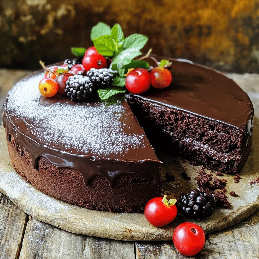 - 1 ½ cups all-purpose flour - 1 cup granulated sugar - 1/3 cup unsweetened cocoa powder - 1 teaspoon baking soda - ½ teaspoon salt - 1/3 cup unsweetened applesauce - 1 cup non-dairy milk - 1/3 cup vegetable oil - 1 teaspoon vanilla extract - 1 tablespoon apple cider vinegar - ½ cup vegan chocolate chips (optional) When you start making this vegan chocolate cake, gather all your ingredients first. This makes the process smooth and fun. Each ingredient plays a role in creating the cake's rich flavor and moist texture. Optional Ingredients for Toppings: - Vegan chocolate frosting - Powdered sugar - Fresh berries and mint for garnish These toppings add flair and flavor. You can go classic with frosting or keep it simple with powdered sugar. Fresh berries brighten the cake and add a pop of color. Mint gives a nice touch too, making your cake look like a dessert from a bakery. If you want to explore more, check out the Full Recipe for complete instructions and tips. Enjoy the process of baking! - Preheat your oven to 350°F (175°C). - Prepare a 9-inch round cake pan: grease lightly or use parchment paper. - Sift and mix flour, sugar, cocoa powder, baking soda, and salt. - Blend applesauce, non-dairy milk, oil, vanilla extract, and apple cider vinegar until smooth. - Pour wet ingredients into dry ingredients and mix gently. - Fold in optional vegan chocolate chips. - Transfer batter to the prepared pan and smooth the top. - Bake for 30-35 minutes and check doneness with a toothpick. - Let the cake cool in the pan for 10 minutes, then transfer to a wire rack. - Frost or dust with powdered sugar when cooled. This vegan chocolate cake is simple yet delicious. You can enjoy it any time. For the complete recipe, check the Full Recipe section. - Ensure all ingredients are at room temperature for better mixing. - Avoid overmixing to keep the cake light and fluffy. Using room temperature ingredients helps them mix well. This step makes your cake rise better and taste great. If you mix too much, the cake can become dense. Mix just until everything combines well. - Use a vegan frosting for a traditional look or opt for a simple dusting of sugar. - Consider chilling the cake before frosting for easier application. Choosing vegan frosting gives your cake a nice finish. You can also sprinkle powdered sugar for a simple touch. Chilling the cake makes it easier to frost. It helps prevent the frosting from sliding off. - Serve with fresh berries and a sprig of mint for added color. - Drizzle with a homemade chocolate sauce for indulgence. Fresh berries add color and flavor. A sprig of mint makes each slice look fancy. Drizzling chocolate sauce on top adds a rich flavor. It makes your cake feel special. Try these tips to impress your guests! {{image_4}} If you need a gluten-free cake, you can easily swap in a gluten-free flour blend. Look for a blend that includes xanthan gum to help with texture. This change keeps your cake light and fluffy while being suitable for those avoiding gluten. Want to give your cake an extra zing? Try adding a teaspoon of espresso powder to the batter. This addition gives a rich mocha flavor that pairs perfectly with chocolate. If you prefer something fresher, add a bit of citrus zest. Lemon or orange zest can brighten the taste and make it unique. For added texture, consider mixing in some nuts or seeds. Chopped walnuts or sunflower seeds add a delightful crunch. You can also play with non-dairy milk. Each type, whether almond, soy, or oat, brings its own flavor. This allows you to customize the cake to match your taste. For the full recipe, check out the detailed steps above. Enjoy experimenting with these variations! To keep your vegan chocolate cake fresh, store it in an airtight container. It will stay good at room temperature for up to 3 days. If you need it to last longer, refrigerate it. In the fridge, it can stay fresh for up to a week. Just remember to cover it well to keep it moist. You can freeze your baked cake or slices for later enjoyment. First, let the cake cool completely. Then, wrap it tightly in plastic wrap. Place it in a freezer-safe bag or container. It can stay in the freezer for about 3 months. To thaw, take it out of the freezer and let it sit in the fridge overnight. If you want to reheat it, do so in a preheated oven set to 350°F (175°C). This way, you won’t lose that fluffy texture. Enjoy your cake anytime! For more details, check the Full Recipe. Yes, you can use different non-dairy milk. Almond milk is light and slightly sweet. Soy milk adds creaminess and protein. Oat milk is thick and rich, perfect for baking. To check if the cake is done, use a toothpick. Insert it into the center. If it comes out clean, your cake is ready. Look for a slight spring back when you touch the top. The edges might pull away from the pan too. This cake uses oil, but you can reduce it. You can replace oil with unsweetened applesauce. You might also try using mashed bananas. Both will keep the cake moist. Yes, you can prepare the cake in advance. Bake it and let it cool completely. Wrap it in plastic wrap to keep it fresh. Store it in the fridge for up to a week. If you don’t have applesauce, try mashed bananas. They add a nice flavor. Silken tofu is another option, blending smoothly into the batter. Each substitute keeps the cake moist and tasty. For the full recipe, check out the Decadent Vegan Chocolate Dream Cake. You now have a clear guide to making a delicious vegan chocolate cake. From gathering the simple ingredients to baking and storing, you can create a tasty treat. Remember, baking can be flexible, so feel free to experiment with flavors and toppings. Whether you stick to the recipe or customize it, this cake is sure to impress. Enjoy sharing it with friends and family, or savor it all by yourself.