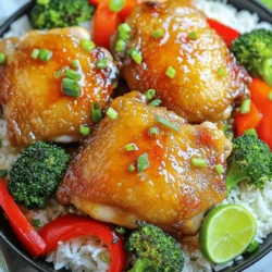 - 4 bone-in, skin-on chicken thighs - 1/4 cup honey - 4 cloves garlic, minced Bone-in, skin-on chicken thighs bring juiciness and flavor. The skin crisps up nicely, adding texture. Honey gives the dish a sweet balance. It caramelizes during cooking, adding depth. Fresh garlic offers health benefits, too. It adds a strong flavor and boosts immunity. - 1 cup broccoli florets - 1 red bell pepper, sliced into strips Broccoli florets add nutrition and crunch. They soak up the sauce well. Red bell pepper brings bright color and natural sweetness. Together, they make the dish look and taste great. - 1 tablespoon apple cider vinegar - 1 teaspoon freshly grated ginger - Cooked rice or quinoa for serving Apple cider vinegar adds a tangy kick. It balances the sweetness of honey. Freshly grated ginger gives a warm spice. It enhances the flavor profile nicely. Serve the chicken over cooked rice or quinoa. This adds heartiness and makes it a full meal. For the full recipe, check the previous section. - Preheat the oven to 400°F (200°C). This ensures even cooking. - Gather your ingredients for the honey garlic sauce. You will need honey, minced garlic, soy sauce, apple cider vinegar, and grated ginger. Mix them well in a bowl. Set aside. - Heat olive oil in a large oven-safe skillet over medium-high heat. - Season both sides of the chicken thighs with salt and pepper. - Place the chicken thighs skin-side down in the skillet. Sear for about 5-7 minutes until golden brown. - Flip the chicken carefully to sear the other side. This step gives it a nice crust. - Add broccoli florets and sliced red bell pepper around the chicken in the skillet. - Pour the honey garlic sauce over the chicken and vegetables. Make sure everything is well coated. - Transfer the skillet to the oven. Bake for 25-30 minutes. The chicken should reach an internal temperature of 165°F (74°C). Ensure the juices run clear. This simple recipe brings together great flavors in one pan. Enjoy your meal! To get crispy skin on chicken thighs, I recommend starting with a dry surface. Pat the chicken thighs with paper towels. This helps remove moisture, which can cause steaming instead of searing. Heat olive oil in your skillet until it shimmers. Place the chicken skin-side down and let it sear without moving it. Aim for about 5-7 minutes for a beautiful golden color. If you flip the chicken too soon, you won’t get that nice crisp. A key alteration to cooking temperature is lowering it slightly after searing. Once you flip the chicken, reduce the heat to medium. This allows the meat to cook evenly without burning the skin while keeping it crispy. If you need a soy sauce substitute, try coconut aminos or tamari. Both options give a similar savory flavor. You can also use Worcestershire sauce for a unique twist. To balance sweetness and savoriness, I recommend tasting the sauce before adding too much honey. If it’s too sweet, a touch of salt or more soy sauce can help. For side dishes, I love serving this dish with rice or quinoa. Both pair well with the honey garlic sauce. You can also try roasted potatoes for a hearty option. To make your dish visually appealing, garnish with chopped green onions or sesame seeds. Adding a lime wedge on the side brightens up the plate and adds a zesty flavor. {{image_4}} You can change the veggies to match the season. In spring, try snap peas or asparagus. In fall, roasted carrots and sweet potatoes work well. Adding more greens like spinach or kale boosts nutrition too. These greens cook fast and add color to your dish. Want a kick? Add chili flakes for some heat. A pinch can transform the dish. Fresh herbs like thyme or rosemary also add great flavor. They bring a nice earthiness that pairs well with chicken. Just sprinkle some on before baking for a fresh taste. To make this dish gluten-free, swap soy sauce for tamari. This keeps the flavor but removes gluten. For a low-carb option, skip the rice or quinoa. Instead, serve with cauliflower rice or a side salad. These swaps still taste great without the carbs. For more ideas, check the Full Recipe. After you enjoy your meal, let the chicken cool down. Place the chicken thighs in an airtight container. Make sure to add any leftover sauce and vegetables as well. This helps keep everything juicy and tasty. Store it in the fridge for up to four days. If you follow these steps, your chicken will stay fresh and full of flavor. When it’s time to eat your leftovers, you want them warm and delicious. The best way to reheat chicken thighs is in the oven. Set the oven to 350°F (175°C). Place the chicken in a baking dish and cover it with foil. This keeps the moisture in, making the chicken tender. Heat for about 15-20 minutes or until it's warm. You can also use a microwave, but be careful not to overheat. This can make the chicken dry. You can freeze one-pan honey garlic chicken thighs if you want to save them for later. Just make sure to cool them completely first. Then, wrap each piece tightly in plastic wrap. Place the wrapped thighs in a freezer bag, removing as much air as possible. They can last for up to three months in the freezer. When you're ready to eat, thaw the chicken overnight in the fridge. Reheat it using the oven or microwave to enjoy a tasty meal again. I bake chicken thighs for 25 to 30 minutes. This timing works well for bone-in, skin-on thighs. Make sure the chicken reaches an internal temperature of 165°F (74°C). If your thighs are larger, you may need to bake them a bit longer. Always check for clear juices to know they are done. Yes, you can use boneless chicken thighs. However, they cook faster than bone-in thighs. Bake boneless thighs for about 20 to 25 minutes. The texture will be a bit different too. Boneless thighs tend to be more tender but may not have as much flavor without the bone. You can mix it up easily! Try adding sriracha for heat or lime juice for zest. Use maple syrup instead of honey for a different sweetness. You can also add sesame oil for a nutty flavor. Experiment and find what you love! For the full recipe, check out the link above. This blog post covered how to make one-pan honey garlic chicken thighs. We discussed key ingredients like chicken, honey, and garlic. Vegetables like broccoli and red bell pepper enhance the dish both in taste and nutrition. I shared tips on perfecting the sear and suggestions for serving and storing leftovers. Remember, cooking is about exploring flavors and having fun. Whether trying new veggies or adjusting the sauce, feel free to make it your own. Enjoy your tasty, homemade meal!