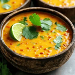 - 1 cup red lentils, thoroughly rinsed and drained - 1 can (14 oz) creamy coconut milk - 1 tablespoon vegetable oil (such as coconut or canola) - 1 medium onion, finely chopped - 3 cloves garlic, minced - 1 tablespoon fresh ginger, grated - 2 tablespoons red curry paste (adjust for desired spice level) - 1 teaspoon ground turmeric - 4 cups vegetable broth (homemade or store-bought) - 1 cup diced tomatoes (fresh or canned, drained if using canned) - 1 tablespoon soy sauce or tamari (for gluten-free option) - 1 tablespoon fresh lime juice (about half a lime) - Salt and freshly ground black pepper to taste - Fresh cilantro leaves, for garnish The red lentils are the star here. They cook fast and blend well. The creamy coconut milk adds richness. It balances the spices and gives a smooth texture. Onions, garlic, and ginger build a strong flavor base. They add warmth and depth. The red curry paste brings heat and complexity. You can adjust this to suit your taste. - Fresh cilantro - Lime wedges - Additional spices for customization For garnishes, fresh cilantro brightens the soup. It adds a fresh note that contrasts with the rich flavors. Lime wedges give you a zesty kick. Squeeze some juice on top before eating for extra brightness. You can also sprinkle in more spices to make it your own. If you want to dive deeper into making this dish, check the Full Recipe for detailed steps. 1. Start by heating the vegetable oil in a large pot over medium heat. 2. Once hot, add the finely chopped onion. Sauté for about five minutes. The goal is to make the onion soft and translucent. 3. Next, stir in the minced garlic and grated ginger. Cook for another minute. This step fills your kitchen with a wonderful aroma. 4. Now, add the red curry paste and ground turmeric. Stir well to mix it with the onion, garlic, and ginger. Cook for one more minute. This step builds a strong flavor base for your soup. 1. Pour in the rinsed red lentils, diced tomatoes, vegetable broth, and creamy coconut milk. Stir everything well. 2. Bring the mixture to a gentle boil. Once it boils, reduce the heat to low and cover the pot. 3. Let the soup simmer for about 25 to 30 minutes. Stir occasionally until the lentils are tender. This is when the soup starts to thicken. 1. Once the lentils are tender, stir in the soy sauce and fresh lime juice. Taste the soup and add salt and pepper if needed. 2. For a creamier texture, use an immersion blender to blend part of the soup. If you prefer some chunkiness, mash some lentils with a fork. 3. Serve the soup in bowls. Garnish with fresh cilantro leaves for a bright touch. You can also add a lime wedge on the side. For the full recipe, check out the earlier section. Enjoy your delicious Coconut Curry Lentil Soup! - How to avoid burning aromatics: Cook the onion over medium heat until soft. Stir often to prevent browning. Add garlic and ginger, cooking for just a minute until fragrant. Watch closely; they can burn quickly. - Adjusting spice levels: Start with a small amount of red curry paste. Taste the soup as it cooks. Add more paste if you want a spicier kick. This way, you can control the heat. - Blending for creaminess: For a smooth soup, use an immersion blender. Blend a portion until creamy. This adds richness without losing all the texture. - Mashing lentils for a chunkier texture: If you prefer some chunkiness, mash a few lentils with a fork. This keeps parts of the soup hearty while still creamy. - Complementing with garnishes: Fresh cilantro adds a burst of flavor. Lime wedges add brightness. Both are simple ways to enhance your soup's taste and look. - Using homemade broth for richer taste: Homemade vegetable broth brings a depth of flavor. If you have some, use it instead of store-bought. It makes your soup even tastier. Enjoy making this Coconut Curry Lentil Soup! It's flavorful and easy to customize with these tips. For the full recipe, check out the details above. {{image_4}} For those who need gluten-free options, simply use tamari instead of soy sauce. This small swap ensures you enjoy the same great flavor without the gluten. If you want vegan variations, you’re in luck! This soup is already vegan-friendly. Just check the labels on your broth and curry paste to confirm they’re plant-based. To boost flavor, consider adding fresh vegetables. Spinach, carrots, or bell peppers can bring more color and nutrients. Just toss them in during the last 10 minutes of cooking. You can also play with different lentil varieties. Yellow or green lentils can change the texture and flavor. They may take longer to cook, so adjust your simmer time. This soup pairs beautifully with rice or warm bread. A scoop of jasmine rice adds a nice touch. If you prefer bread, try crusty rolls for dipping. You can serve complementary dishes alongside, like a fresh salad or roasted veggies. These sides balance the richness of the coconut curry lentil soup. For the full recipe, check out the details above. Enjoy your cooking! To store your leftover Coconut Curry Lentil Soup, let it cool first. Pour it into an airtight container. This keeps the soup fresh and tasty. The soup can last in the fridge for about 4-5 days. When you're ready to eat, just reheat it on the stove or in the microwave until it's hot. Freezing this soup is easy. First, let it cool completely. Then, pour it into freezer-safe bags or containers. Leave some space at the top because the soup will expand when it freezes. Label the bags with the date, so you know when to use them. This soup can last in the freezer for about 2-3 months. When you want to enjoy it, take the soup out of the freezer. Place it in the fridge overnight to thaw. If you need it fast, you can use the microwave. Once thawed, reheat it on the stove over medium heat until hot. Stir it often to keep it from sticking. For a tasty meal, remember to check out the Full Recipe for Coconut Curry Lentil Soup! Can I make this soup in a slow cooker? Yes, you can use a slow cooker for this soup. Start by sautéing the onion, garlic, and ginger in a pan. Then, add the cooked mixture to the slow cooker with all other ingredients. Cook on low for 6-8 hours or on high for 3-4 hours. The flavors will meld beautifully, and the lentils will be tender. What can I substitute for red lentils if unavailable? If you can't find red lentils, green or brown lentils can work. However, they take longer to cook. You may need to adjust the cooking time. You can also use split peas for a different flavor profile. How many calories are in a serving of Coconut Curry Lentil Soup? A serving of this soup has about 250 calories. This can vary based on the exact ingredients and serving size. It is a hearty dish that fills you up without adding too many calories. Is this soup high in protein or fiber? Yes, this soup is high in both protein and fiber. Lentils are packed with protein. They also provide a good amount of fiber, which helps with digestion and keeps you full longer. How to scale the recipe for different serving sizes To adjust the recipe, simply multiply each ingredient by the number of servings you need. For example, if you want to serve ten, double the ingredients. This way, everyone gets a warm bowl of soup. Best practices for meal prep and batch cooking This soup is great for meal prep. You can make a big batch and store it in the fridge. It lasts up to five days. You can also freeze it for up to three months. Just thaw in the fridge overnight before reheating. Enjoy the creamy goodness any time! Coconut Curry Lentil Soup is simple and tasty. You learned key ingredients like red lentils and coconut milk. I shared steps to cook, customize, and store your soup. You can try optional spices or garnishes for more flavor. Remember, this soup is easy to adjust to fit your diet. Enjoy exploring variations and making it your own. With practice, you will create a dish that warms the soul. Happy cooking!