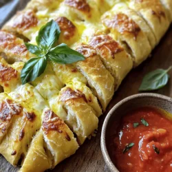 Cheesy Pull Apart Pizza Bread Ingredients: - 1 rustic Italian bread loaf - 1 cup shredded mozzarella cheese - 1/2 cup finely grated Parmesan cheese - 1/2 cup marinara sauce (plus extra for dipping) - 1 teaspoon Italian seasoning blend - 1/2 teaspoon garlic powder - 1/4 teaspoon red pepper flakes (optional for a spicy kick) - 2 tablespoons extra virgin olive oil - Fresh basil leaves for garnish To make this dish, you need a few key ingredients. The rustic Italian bread loaf forms the base. You’ll want to use fresh bread for the best taste. The mozzarella cheese gives that gooey texture. Parmesan adds a salty note, enhancing the flavor. Marinara sauce serves as a great dip. Italian seasoning blends the flavors beautifully. Garlic powder gives a nice aroma, while red pepper flakes add heat if you like spice. Extra virgin olive oil helps with crispiness. Finally, fresh basil adds freshness and color. If you don’t have rustic Italian bread, other bread types work too. You can use sourdough or French bread instead. For the cheese, feel free to mix in cheddar or provolone for a twist. If you want a lower-fat option, choose part-skim mozzarella. For the marinara sauce, any pasta sauce will do. If you can’t find Italian seasoning, make your own with dried oregano, basil, and thyme. Use fresh garlic instead of garlic powder for a stronger flavor. 1. First, preheat your oven to 375°F (190°C). This step helps the bread cook evenly. 2. Take your rustic Italian bread loaf and place it on a cutting board. 3. Use a serrated knife to cut the loaf in a grid pattern. Make diagonal cuts about 1 inch apart. Be careful not to cut all the way through the bottom; this keeps the loaf intact for easy pulling. 4. In a bowl, mix the shredded mozzarella, grated Parmesan, Italian seasoning, garlic powder, and red pepper flakes. Stir until it’s well combined. 5. Next, gently pull apart the cuts in the bread. Create pockets and stuff each cut with the cheese mixture. Make sure to fill every opening with cheesy goodness. 1. Drizzle extra virgin olive oil over the stuffed loaf. This helps add flavor and makes the crust crispy. 2. Wrap the loaf in aluminum foil with the shiny side facing in. This keeps moisture in and helps it bake well. 3. Place the wrapped loaf on a baking sheet for support. Bake for 15 minutes in the preheated oven. 4. After 15 minutes, unwrap the foil to let the bread crisp up. Bake for another 10 minutes or until the cheese is melted and the bread is golden brown. 5. Once done, take the bread out and let it cool for a few minutes. This makes it easier to handle and helps the filling set. 1. To serve, gently pull apart the sections of the bread. This makes for easy snacking. 2. Pair the bread with a bowl of marinara sauce for dipping. This adds a nice touch of flavor. 3. Finish with fresh basil leaves on top. They add color and a fresh taste. For the full recipe, check out the Cheesy Pull Apart Pizza Bread details. Enjoy this fun dish at your next gathering! For the best cheese melt, use fresh mozzarella. Shredded cheese often has anti-caking agents. These can prevent even melting. Mix mozzarella with Parmesan for added flavor and creaminess. This combo creates a gooey texture that stretches. Soggy bread can ruin your dish. To prevent this, use less sauce inside the bread. Apply marinara sauce only in the pockets. Drizzle some olive oil on top to enhance crispiness. Wrapping the bread in foil helps steam it but unwrap it later for a crunchy finish. Bake until the crust turns golden brown for the best texture. The right tools ensure a smooth cooking process. Use a serrated knife for cutting the bread. A mixing bowl is great for combining your cheese mix. An aluminum foil sheet helps with baking. A baking sheet provides stability while the bread cooks. These tools make the recipe easy and fun. For more details, check out the Full Recipe. {{image_4}} You can change the cheese blend to fit your taste. Try sharp cheddar for a bolder flavor. Gouda adds a nice smokiness. For a creamier texture, use fontina or cream cheese. Mixing cheeses gives your pull-apart bread a new twist. Each cheese melts differently, so experiment to find your favorite mix. Add some veggies for a tasty boost. Spinach, bell peppers, or sliced mushrooms work well. You can sauté them first to bring out their flavors. For protein, try adding cooked sausage, pepperoni, or even diced chicken. These additions make your cheesy pull-apart pizza bread heartier and more filling. If you need gluten-free options, use gluten-free bread. Many brands offer loaves that are soft and tasty. Just make sure to check the labels. The baking time may change slightly, so keep an eye on it. Your cheesy pull-apart pizza bread will still be delicious and satisfying! For the full recipe, check this out: Cheesy Pull Apart Pizza Bread. To store leftover cheesy pull apart pizza bread, first let it cool. Wrap it tightly in plastic wrap or foil. Place it in an airtight container. You can keep it in the fridge for up to three days. This helps keep the bread fresh and tasty. When you want to enjoy your leftovers, preheat your oven to 350°F (175°C). Unwrap the bread from its covering. Place it on a baking sheet. Heat it in the oven for about 10-15 minutes. This will make the cheese gooey again and crisp the bread nicely. If you want to freeze your cheesy pull apart pizza bread, wrap it tightly in plastic wrap. Then, place it in a freezer-safe bag. It can stay in the freezer for up to two months. When ready to eat, thaw it in the fridge overnight. Reheat it in the oven as mentioned above. This keeps your tasty treat ready for any time! You can dip Cheesy Pull Apart Pizza Bread in marinara sauce. It adds great flavor. Other tasty dips include ranch dressing or garlic butter. You can even try pesto for a fresh twist. Each dip gives a new taste to each bite! To add spice, mix in more red pepper flakes. You can also use spicy marinara sauce. Another option is to add sliced jalapeños into the cheese mix. This will give your bread a nice kick. Adjust the heat to match your taste! Yes, you can use different types of bread. A baguette or sourdough works well. Just make sure the bread is sturdy enough to hold the cheese. You want it to pull apart easily. Feel free to experiment with what you have on hand! This post covered all you need for Cheesy Pull Apart Pizza Bread. You learned about ingredients, step-by-step instructions, and helpful tips. Don't forget the fun variations and storage tips. Making this dish is easy and rewarding. Try different cheese and veggie combos to match your taste. Enjoy the crunchy outside and gooey cheese inside. Keep it simple, and have fun with your cooking. Your friends and family will love every bite!