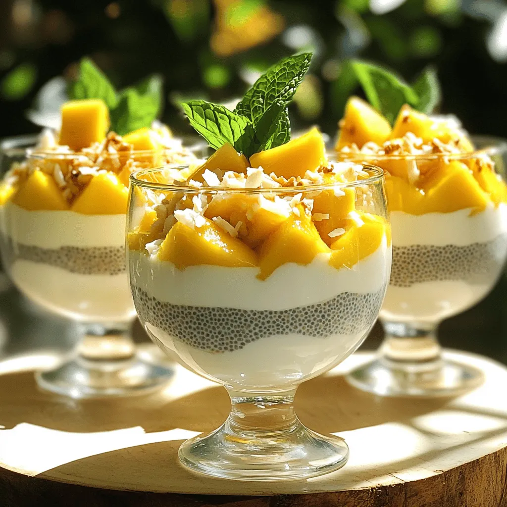 To make a delicious Mango Coconut Chia Pudding, you need a few key ingredients: - 1 cup coconut milk (canned or carton) - 1 cup diced fresh mango (plus extra for topping) - 1/4 cup chia seeds Coconut milk brings a rich and creamy base. It adds a smooth texture and tropical taste. Diced fresh mango gives a sweet, fruity burst. It brightens the pudding and adds color. Chia seeds are small but mighty. They swell up and create a thick, pudding-like feel. You can enhance your pudding with some optional ingredients: - 2 tablespoons honey or maple syrup (adjust to taste) - 1 teaspoon vanilla extract - A pinch of salt Adding honey or maple syrup gives sweetness. You can adjust the amount based on your taste. Vanilla extract adds a nice aroma and flavor. A tiny pinch of salt brings out the sweetness. Presentation makes everything more fun. Here are some great garnishes: - Toasted coconut flakes - Fresh mint leaves (optional) Toasted coconut flakes add crunch and extra coconut flavor. Fresh mint leaves add a pop of color. They also give a refreshing touch. For the best look, layer the pudding in clear cups. This shows off the bright colors of mango and coconut. Using the [Full Recipe] will help you combine these ingredients perfectly for a tasty treat! Start by pouring 1 cup of coconut milk into a medium bowl. Add 2 tablespoons of honey or maple syrup. Then, include 1 teaspoon of vanilla extract and a pinch of salt. Whisk these ingredients well until smooth. This blend gives your pudding a sweet and creamy base. Next, slowly add 1/4 cup of chia seeds to the mixture. Stir continuously to spread the seeds evenly. This step is key to avoid any clumps. The chia seeds will absorb the milk and thicken the pudding later. Now, cover the bowl with plastic wrap or a lid. Place it in the refrigerator. Let it chill for at least 4 hours, or better yet, overnight. This waiting time allows the chia seeds to soak up the liquid. You will see a creamy, thick texture form. Once the pudding sets, gently fold in 1 cup of diced fresh mango. Use a spatula and be careful not to mash the mango. You want to keep some chunks for texture and flavor. For serving, spoon the chia pudding into individual glasses or bowls. Layering the pudding and mango creates a beautiful visual. Top each serving with more mango, a sprinkle of toasted coconut flakes, and fresh mint leaves. These final touches make your treat look inviting and delicious. For the complete recipe, check the [Full Recipe]. Soaking chia seeds is key for this recipe. The seeds need time to absorb liquid. I suggest soaking them for at least four hours or overnight. This helps them swell and turn into a creamy pudding. To avoid clumps, stir the chia seeds well as you mix. Add them slowly to the coconut milk. Use a whisk or fork to blend them in. Stirring ensures even distribution and a smooth texture. You can boost the flavor of your pudding with spices. Adding a sprinkle of cinnamon or nutmeg can make a big difference. These warm spices pair well with mango and coconut. Also, think about your sweeteners. Honey and maple syrup are great options. You can try agave syrup or stevia for a different taste. Adjust the sweetness to match your preference. Make your pudding stand out with creative layers. Use clear glasses to show off the vibrant colors. Layer the pudding with mango for a beautiful effect. Garnishing adds a final touch. Use toasted coconut flakes for crunch. Fresh mint leaves can brighten the dish and add color. For extra flair, place a slice of mango on the rim of the glass. For the complete recipe, check the Full Recipe. {{image_4}} You can switch up the fruit in your pudding. Try using other tropical fruits like pineapple or kiwi. They bring a bright flavor that pairs well with coconut. Pineapple adds a sweet, tangy twist, while kiwi offers a refreshing zing. You can also experiment with berries. Strawberries, blueberries, or raspberries can create fun flavor combinations. Their sweetness and color make the pudding even more appealing. If you want a dairy-free version, you can substitute coconut milk with almond or oat milk. Both options keep it creamy. For sweeteners, try using agave syrup or date syrup. These plant-based sweeteners blend well and keep the pudding tasty. They also maintain the pudding's natural sweetness without dairy. You can layer your chia pudding with yogurt or granola for extra texture. This adds crunch and creaminess. Mixing different seed varieties can also enhance the dish. Flaxseeds or hemp seeds can add a nutty flavor and boost nutrition. Each combination creates a unique treat that keeps things exciting. For the full recipe, check out the cooking guide. To keep your mango coconut chia pudding fresh, store it in the fridge. Use an airtight container to prevent any smells from other foods. Glass or plastic containers work well. Make sure the lid is tight. This will keep the pudding creamy and tasty. Your pudding stays fresh for about five days in the fridge. Check for any changes in smell or texture. If it has a sour smell or looks watery, it's best to throw it away. Always trust your senses when checking for spoilage. You can freeze chia pudding if you want to save it for later. To freeze, pour the pudding into a freezer-safe container. Leave some space at the top. The pudding may expand as it freezes. To thaw, move it to the fridge overnight. Stir well before serving to bring back the creamy texture. For the complete recipe, check the Full Recipe section. Chia seeds are tiny but mighty. They are packed with nutrients. These seeds are a great source of fiber. Fiber helps with digestion and keeps you full. Chia seeds also contain protein, which is vital for growth. They are rich in omega-3 fatty acids. These healthy fats support heart health and brain function. Additionally, chia seeds have minerals like calcium, magnesium, and phosphorus. These minerals are important for bone strength. Overall, adding chia seeds to your diet is a smart choice for health. Yes, you can make this pudding ahead of time. It stores well in the fridge. Use an airtight container to keep it fresh. Make sure to let it chill for at least four hours. For best results, prepare it the night before. This way, the chia seeds fully expand and create a creamy texture. You can keep it in the fridge for up to five days. Just remember to stir it well before serving to keep it smooth. To make your pudding thicker, adjust the chia seed amount. You can try adding a few extra seeds. Also, increase the soaking time if you want a denser pudding. Let it sit overnight for the best results. The longer you let it soak, the thicker it gets. Mix it well after adding chia seeds to avoid clumps. This way, you ensure an even texture throughout. Yes, this pudding is great for kids. It is nutritious and tasty. The sweetness from mango and honey makes it appealing. Chia seeds provide fiber and protein, which are good for growing bodies. The coconut milk adds healthy fat, making it a balanced snack. Just keep an eye on the sweetness. Adjust honey or syrup to suit your child's taste. This pudding can be a fun and healthy treat for them. Check out the Full Recipe for more details! Mango Coconut Chia Pudding is simple and tasty. We covered main ingredients like coconut milk, mango, and chia seeds. Optional sweeteners and garnishes can enhance your dish. I shared tips on consistency, flavor, and creative presentation. You can adjust this recipe to fit your taste. Try different fruits or sweeteners. Store any leftovers carefully, and enjoy them later. This pudding is not just easy to make, it is healthy too. Dive into this refreshing treat anytime you want!