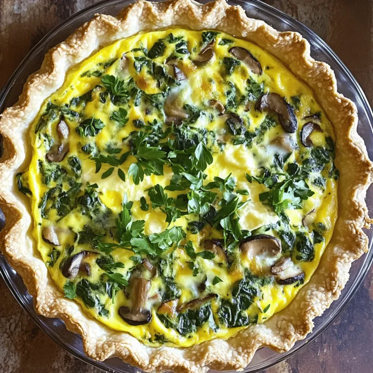 To make a tasty Savory Spinach Mushroom Quiche, gather these ingredients: - 1 pre-made pie crust (or homemade if you’re feeling adventurous) - 2 cups fresh spinach, roughly chopped - 1 cup mushrooms, thinly sliced - 1 medium onion, finely chopped - 3 large eggs - 1 cup heavy cream - 1 cup shredded cheese (recommendations: Swiss, cheddar, or a blend) - 1 teaspoon garlic powder - 1 teaspoon salt - ½ teaspoon black pepper - ½ teaspoon ground nutmeg (optional for added warmth) - 2 tablespoons olive oil Using fresh spinach is best, but you can swap it for frozen spinach if needed. Just make sure to thaw and drain it well. For mushrooms, any type works, but I love using cremini or button mushrooms for their flavor. If you don't have heavy cream, you can use milk or a milk alternative. This will make the quiche lighter. Choosing the right cheese can elevate your quiche. I suggest using Swiss cheese for a nutty taste or cheddar for a sharp kick. A cheese blend can also add depth. You can even try goat cheese for a tangy twist. Just remember, the cheese should melt well for the best texture. You can find the Full Recipe above to see how to use these ingredients for a delicious meal! First, gather all your ingredients. You need: - 1 pre-made pie crust (or homemade if you’re feeling adventurous) - 2 cups fresh spinach, roughly chopped - 1 cup mushrooms, thinly sliced - 1 medium onion, finely chopped - 3 large eggs - 1 cup heavy cream - 1 cup shredded cheese (Swiss, cheddar, or a blend) - 1 teaspoon garlic powder - 1 teaspoon salt - ½ teaspoon black pepper - ½ teaspoon ground nutmeg (optional for added warmth) - 2 tablespoons olive oil Make sure your spinach is fresh. Rinse it well to remove any dirt. Chop the spinach into small pieces. Slice the mushrooms thinly so they cook fast. Chop the onion finely. This helps it mix well. Now, let’s cook the filling. Heat 2 tablespoons of olive oil in a large skillet over medium heat. Once hot, add the finely chopped onion. Sauté for about 3-4 minutes until soft and clear. Next, add the sliced mushrooms. Stir them for about 5-6 minutes. They’ll release liquid and turn golden brown. This adds great flavor. After that, add the chopped spinach to the skillet. Cook for another 2-3 minutes. The spinach will wilt down. Once everything is cooked, take the skillet off the heat. Let the mixture cool for a few minutes. In a separate bowl, whisk together the 3 large eggs and 1 cup of heavy cream. Make sure they are well mixed. Then, add in the garlic powder, salt, black pepper, and nutmeg (if using). Whisk again to combine all the flavors. Now, gently fold the cooled spinach and mushroom mixture into the egg mixture. Add the shredded cheese and mix until everything is evenly spread out. If you are using a pre-made pie crust, place it into a pie dish. Pour the cheesy filling into the crust. Spread it out evenly with a spatula. Finally, place your quiche in the preheated oven at 375°F (190°C) and bake for 35-40 minutes. The center should set and the top should turn lightly golden. When it’s done, let it cool for about 10 minutes before slicing. Enjoy this savory spinach mushroom quiche as a tasty meal. For the full recipe, refer to the earlier section. To make the best crust, use a pre-made pie crust for ease. If you want to try making your own, use cold butter and ice water for a flaky texture. Roll the dough evenly and avoid stretching it. This prevents shrinking during baking. Always chill the crust for at least 30 minutes before filling. This step helps it hold its shape. For a creamy quiche, use heavy cream. It gives a rich mouthfeel. Whisk the eggs and cream together well. This ensures the filling is smooth. Don’t overmix after adding the spinach and mushrooms; you just want to combine them gently. This keeps the filling light and fluffy. Bake your quiche at 375°F (190°C) for even cooking. Check it around the 30-minute mark. If the top browns too quickly, cover it with foil. The quiche is done when the center is set and a knife inserted comes out clean. Let it cool for about 10 minutes before slicing. This helps keep the slices intact. For more tips, check the Full Recipe for detailed instructions. {{image_4}} You can boost your quiche with tasty protein. Adding crispy bacon or diced ham makes it rich and savory. Just cook the bacon until crispy, then crumble it. If you use ham, cut it into small pieces. Mix these into the spinach and mushroom filling before adding it to the egg mixture. This adds flavor and texture that many enjoy. For a twist, swap in bell peppers or kale. Bell peppers add crunch and sweetness. Chop them finely and sauté with the onions. Kale is hearty and full of nutrients. Remove the tough stems, chop the leaves, and add them after the spinach. Both options change the taste and make the dish colorful and fun. If you need dairy-free or gluten-free options, don’t worry. For a dairy-free quiche, use almond or coconut milk instead of cream. Choose a dairy-free cheese that melts well. For gluten-free, use a gluten-free pie crust or make a crustless quiche. Just pour the filling directly into a greased pie dish. These options keep the dish tasty and inclusive for all diets. For the full recipe, check out the Savory Spinach Mushroom Quiche. To keep your leftover quiche fresh, first let it cool. Then, wrap it tightly in plastic wrap or aluminum foil. You can also place it in an airtight container. This helps to keep the moisture in and the flavors intact. Stored this way, quiche can last in the fridge for about 3 to 4 days. When you're ready to eat your leftover quiche, the best method is the oven. Preheat your oven to 350°F (175°C). Place the quiche on a baking sheet. Heat it for about 15 to 20 minutes, or until it's warmed through. You can also use the microwave. Just heat individual slices for about 1 to 2 minutes. Keep an eye on it, so it doesn’t get rubbery. If you want to prepare in advance, freezing is a great option. First, let the quiche cool completely. Then, wrap it well in plastic wrap and foil. Label it with the date for easy tracking. You can freeze it for up to 2 months. When you’re ready to eat, thaw it in the fridge overnight. Reheat it in the oven for the best taste. For the full recipe, check out the Savory Spinach Mushroom Quiche section! Baking a quiche typically takes 35 to 40 minutes. I check the center to see if it’s set. The top should be lightly golden. If it jiggles too much, it needs more time. Always let it cool for 10 minutes before slicing. This helps it firm up. Yes, you can use frozen spinach. Just thaw it and drain the excess water. Fresh spinach has a different flavor and texture, but frozen works well in a pinch. Make sure to squeeze out any moisture. This step keeps your quiche from being soggy. I love serving quiche with a light salad. Mixed greens with a simple vinaigrette pair well. You can add tomatoes or cucumbers for a fresh crunch. For a heartier meal, serve with roasted potatoes. This adds a nice contrast to the soft quiche. Check the Full Recipe for more ideas! To make a great quiche, blend your ingredients well and follow the steps closely. Start with fresh veggies and choose your cheese wisely. Bake until golden for a perfect crust. Remember, you can customize it with proteins or veggies you love. Store any leftovers right to keep them fresh. Whether it's for a brunch or a weeknight meal, this quiche is a fun dish. Enjoy your cooking, and impress your friends and family!