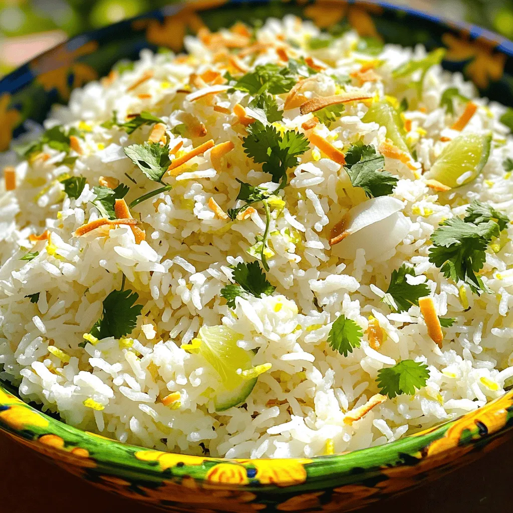 - 1 cup jasmine rice - 1 cup coconut milk - 1 cup water - 1 tablespoon fresh lime juice - Zest of 1 lime - 1 tablespoon granulated sugar - 1/2 teaspoon fine sea salt - Fresh cilantro, chopped (for garnish) - Toasted coconut flakes (for garnish) Coconut lime rice is a treat. It combines sweet and tart flavors. The jasmine rice makes it fragrant. The coconut milk adds creaminess. Lime juice brightens each bite. To start, gather all your ingredients. Rinsing the jasmine rice is key. It removes extra starch. This way, the rice stays fluffy. The coconut milk works with water for cooking. The lime juice and zest add a fresh twist. Sugar balances the flavors, while salt enhances them. I love to add fresh cilantro on top. It gives a pop of color. Toasted coconut flakes add crunch. These toppings make the dish fun and inviting. Check out the Full Recipe for all the details. Enjoy making this amazing side dish! - Rinse jasmine rice under cold water. - Rinsing is key for nice texture. Rinsing the jasmine rice is simple. You want to place the rice in a fine mesh strainer. Then, run cold water over it. Keep rinsing until the water runs clear. This step removes extra starch. If you skip this, your rice may be sticky. - Combine ingredients in a saucepan. - Bring to a boil, then simmer. In a medium saucepan, mix the rinsed rice with coconut milk, water, lime juice, lime zest, sugar, and salt. Stir well to combine. Place the saucepan over medium-high heat. When it starts to boil, reduce the heat to low. Cover the saucepan tightly. Let it simmer for 15-20 minutes. The rice should absorb all the liquid and become tender. - Resting period for the rice. - Fluffing the rice before serving. After cooking, turn off the heat. Keep the lid on for 5 more minutes. This resting helps the rice steam and get fluffy. Once the time is up, remove the lid. Use a fork to fluff the rice gently. This separates the grains without crushing them. Transfer the rice to a serving bowl. To make it pretty, sprinkle with fresh cilantro and toasted coconut flakes. This adds color and crunch. Enjoy your coconut lime rice as a delicious side dish! For the complete recipe, check out the Full Recipe. Using jasmine rice is key. This rice is soft and fluffy when cooked. It absorbs flavors well, making it perfect for coconut lime rice. Rinse the rice before cooking to remove starch. This keeps the rice from being sticky. Adjust lime juice and zest for the right taste. Lime adds brightness and zing. Too much lime can make the dish sour. Start with one tablespoon of juice and zest from one lime. Taste and add more if you want a stronger flavor. Fresh cilantro is a great garnish. It brings a pop of color and fresh taste. Just chop some leaves and sprinkle them on top. Toasted coconut adds crunch. It enhances the coconut flavor and gives texture. You can toast coconut flakes in a pan over low heat. Stir them until golden brown. Sprinkle these on your rice before serving for a delightful finish. For the full recipe, check out the Tropical Coconut Lime Rice section. {{image_4}} You can enhance your coconut lime rice by adding protein. Shrimp is an excellent choice. The sweet, juicy shrimp work well with the coconut flavor. Chicken is another great option. It soaks up the lime and coconut taste, making each bite savory. For a quick meal, grill or sauté your protein and mix it in before serving. If you want a vegan twist, swap out the coconut milk for almond or cashew milk. These choices keep the creamy texture. You can also mix in vegetables. Peas, bell peppers, or corn add color and nutrition. Just sauté them lightly before adding to the rice. Want to change things up? Use different citrus fruits. Lemons and oranges can add a fresh zing. You can also try grapefruit for a unique flavor. Mixing in zest from these fruits can brighten your dish. Feel free to explore other flavors, like fresh herbs or spices. Ginger or basil can add a new layer of taste to your rice. To keep your coconut lime rice fresh, use an airtight container. Place the rice in the container after it cools down. Refrigerate it within two hours of cooking. This helps prevent bacteria growth. You can store the rice in the fridge for about three to four days. To reheat coconut lime rice, you have a few good options. Use the microwave for quick heating. Place the rice in a bowl and cover it with a damp paper towel. Heat it on medium for one to two minutes. Stir halfway to ensure even heating. You can also use the stovetop. Add a splash of water to the rice in a pan. Heat it on low, stirring often. This keeps the rice moist. If it seems dry, add a little more water. Enjoy your tasty rice, just like when it was fresh! To make coconut lime rice creamy, adjust the coconut milk ratios. Use more coconut milk than water. This adds richness and makes the rice smooth. A good starting point is 1.5 cups of coconut milk to 1 cup of water. Also, stir in some extra lime juice for tanginess. Yes, you can use brown rice. However, it needs more cooking time. Brown rice usually takes 30 to 40 minutes. You’ll also need more water. Use 2 cups of water per 1 cup of brown rice. Keep an eye on it to avoid overcooking. Coconut lime rice pairs nicely with many dishes. Try it with grilled chicken, shrimp, or fish. It also works well with spicy curries or stir-fries. For a veggie option, serve it with roasted vegetables or a fresh salad. For the full recipe, check out Tropical Coconut Lime Rice . This recipe brings all the flavors together perfectly. Coconut lime rice is a tasty dish that combines jasmine rice, coconut milk, and zesty lime. You can elevate the rice's flavor with herbs and toppings. Remember to rinse the rice for the best texture. You can add proteins or veggies to make it your own. Store leftovers correctly to enjoy later. This simple dish lets you get creative while cooking. Try the complete recipe to enjoy its tropical taste in your meals!