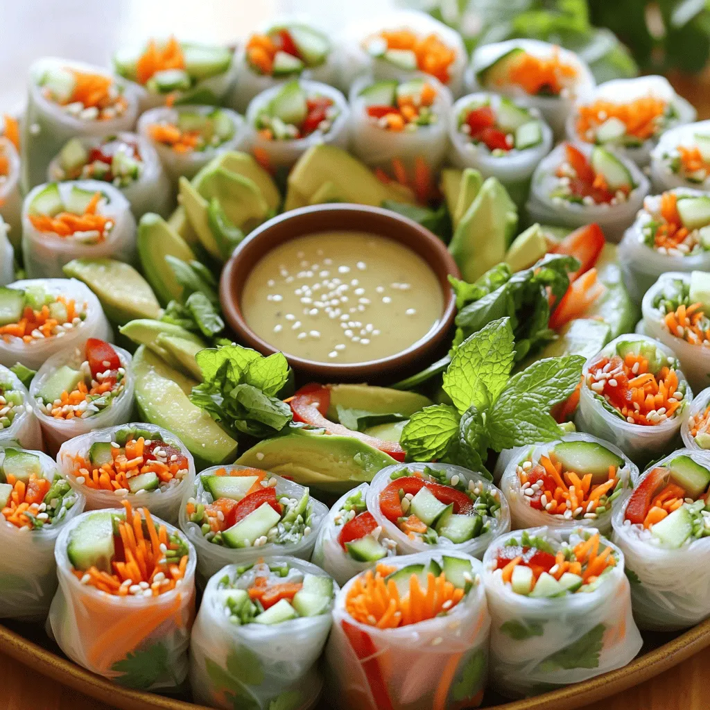 To make these easy veggie spring rolls, gather the following items: - 10 rice paper wrappers - 1 cup cooked vermicelli noodles - 1 cup shredded carrots - 1 cup cucumber, julienned - 1 cup red bell pepper, julienned - 1 cup fresh mint leaves - 1 cup fresh cilantro leaves - 1 avocado, sliced - 1/4 cup soy sauce (or tamari for a gluten-free option) - 2 tablespoons sesame oil - 1 tablespoon rice vinegar - 1 tablespoon honey or agave syrup - Optional: Sesame seeds for garnish You can easily swap some ingredients if needed. For example: - Use zucchini instead of cucumber for a twist. - Try different herbs like basil or dill for unique flavors. - Substitute almond butter for the honey or agave for a nutty taste. - Use rice noodles instead of vermicelli for a different texture. These changes keep your spring rolls exciting! Fresh ingredients make a big difference. Here’s what to look for: - Choose bright, firm vegetables for crunch. - Pick herbs with a strong scent. This shows they are fresh. - Look for ripe avocados that yield slightly when pressed. - Select rice paper that feels soft and pliable. Shopping at local markets can help you find the best produce. Try to buy seasonal items for the best flavor! Start by making the dipping sauce. In a small bowl, mix together the soy sauce, sesame oil, rice vinegar, and honey or agave syrup. Whisk these ingredients until they blend well. Let this sauce sit for a moment. This helps the flavors to mix nicely. Next, get a large shallow dish and fill it with warm water. Take one rice paper wrapper and dip it into the water. Hold it there for about 15 to 20 seconds until it feels soft. Carefully lift it out and lay it flat on a clean spot. This step helps the wrapper become flexible for rolling. Now, it’s time to fill the spring rolls. Place the softened wrapper on a flat surface. In the center, add a small amount of cooked vermicelli noodles. Then, layer on shredded carrots, julienned cucumber, red bell pepper, fresh mint, fresh cilantro, and a slice of avocado. To roll, fold the sides of the wrapper over the filling. Start rolling from the bottom, tucking the filling in as you go. Roll it tightly but gently. This keeps everything inside secure. Repeat this with the rest of the wrappers and filling until you’ve made all your rolls. Arrange the finished spring rolls on a serving platter. For a fun touch, sprinkle sesame seeds on top. This adds a nice crunch and look. Serve the spring rolls with your prepared dipping sauce on the side. Enjoy each fresh bite! To make your spring rolls perfect, keep a few things in mind. Always start with warm water to soften the rice paper. This helps it become stretchy. Use a clean surface to roll. Lay the wrapper flat and keep the filling in the center. Don’t overfill; this keeps your rolls neat and tight. A few errors can spoil your spring rolls. First, don’t rush soaking the rice paper. If it’s not soft enough, it tears. Avoid using too much water when rolling, as it makes the wrapper soggy. Also, don’t skip the herbs like cilantro and mint. They boost flavor and freshness. To take your spring rolls to the next level, add unique flavors. Try adding lime juice or chili for a kick. You can also mix different herbs like basil. For a richer taste, drizzle sesame oil inside before rolling. Don’t forget the dipping sauce; it should balance sweet, salty, and tangy notes. For a recipe that ties it all together, refer to the Full Recipe. {{image_4}} You can easily add protein to your spring rolls. Tofu is a great choice. It absorbs flavors well and adds a nice texture. Simply press and cube firm tofu, then pan-fry until golden. Shrimp is another tasty option. Cook shrimp until they turn pink, then cool them before adding. Using seasonal veggies can make your spring rolls even better. In spring, try fresh asparagus or snap peas. In summer, add zucchini or ripe tomatoes. Fall brings great choices like roasted sweet potatoes or butternut squash. Winter calls for hearty greens like kale or cabbage. You can make these rolls gluten-free by using tamari instead of soy sauce. For a vegan option, swap honey with agave syrup. You can also use coconut aminos for a different flavor. Always check your rice paper wrappers to ensure they are gluten-free. These small changes keep the dish fresh and accessible for everyone. For the complete recipe, check the Full Recipe. To keep your leftover spring rolls fresh, place them in an airtight container. This will help prevent them from drying out. If you have leftover dipping sauce, store it in a separate small container. Make sure to eat the spring rolls within two days for the best taste. If you want to freeze spring rolls, follow these steps. First, assemble the rolls but do not dip them in water. Lay the rolls on a baking sheet lined with parchment paper. Freeze them for about two hours until they are solid. Then, transfer the frozen rolls to a freezer bag. Remove as much air as you can to prevent freezer burn. These can last up to three months in the freezer. To reheat frozen spring rolls, do not thaw them first. Preheat your oven to 375°F (190°C). Place the rolls on a baking sheet and bake for about 15-20 minutes. This method keeps them crispy. You can also pan-fry them in a bit of oil for a few minutes on each side. Enjoy them hot with your dipping sauce from the Full Recipe! Easy veggie spring rolls are fresh, light snacks made with rice paper. They are filled with colorful veggies like carrots, cucumber, and bell peppers. You can add herbs like mint and cilantro for a burst of flavor. These rolls are healthy and fun to eat. You can dip them in a tasty sauce for extra zest. Yes, you can make spring rolls ahead of time! Just prepare them a few hours before you plan to serve. Keep them in an airtight container with a damp paper towel. This will help them stay fresh and moist. Try not to stack them directly on top of each other to avoid sticking. Spring rolls pair well with many sides. Here are some tasty options: - Fresh fruit salads - Crispy lettuce wraps - Spicy dipping sauces - Vegetable stir-fry - Coconut rice Spring rolls can last in the fridge for about 2-3 days. Make sure to store them in an airtight container. They might lose some crispness over time, but they will still taste great. Just keep an eye out for any signs of spoilage. The best way to dip spring rolls is to use a small bowl. Pour your favorite dipping sauce into the bowl. Hold the spring roll by the end, and dip it into the sauce. Take a bite and enjoy the flavors together. The sauce adds a delicious twist! For the complete recipe, check out the full recipe details above. You’ll find everything you need to create these fresh and delightful rolls! You learned about the key ingredients for spring rolls, how to prepare them, and tips for success. We covered ingredient swaps, rolling techniques, and variations for different diets. Storing and reheating spring rolls also got our attention. Try making these rolls your own! Use fresh ingredients, enjoy the process, and get creative with flavors. Spring rolls can be fun to make. Don't shy away from experimenting. Enjoy your tasty, homemade spring rolls!