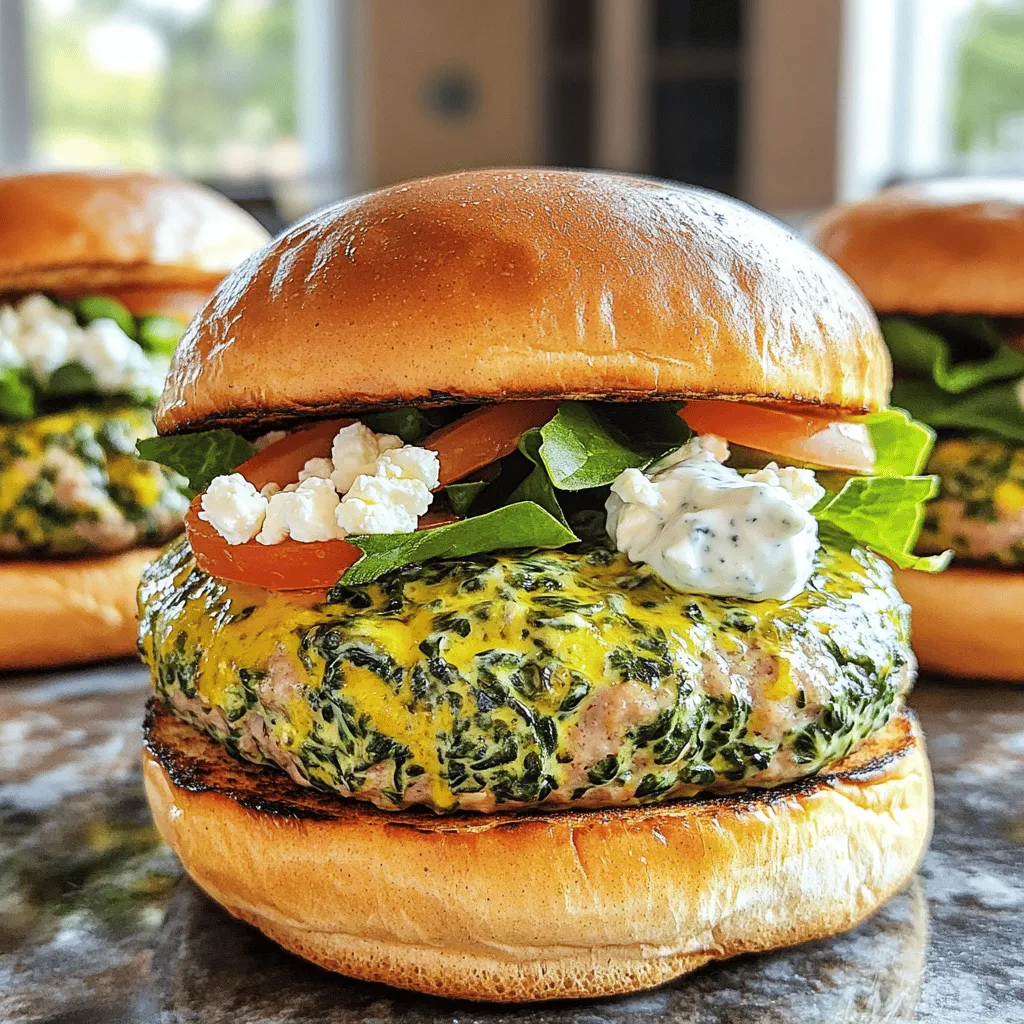 To make these delicious spinach feta turkey burgers, you will need the following ingredients: - 1 lb ground turkey - 1 cup fresh spinach, finely chopped - 1/2 cup feta cheese, crumbled - 1/4 cup plain breadcrumbs - 1 clove garlic, minced - 1 small red onion, very finely chopped - 1 large egg, lightly beaten - 1 teaspoon dried oregano - Salt and freshly ground black pepper to taste - Olive oil for grilling - 4 whole wheat burger buns Feel free to customize your burgers with these tasty toppings: - Sliced tomatoes - Crisp lettuce leaves - Tzatziki sauce These burgers are a healthy option. Here's what you can expect per serving: - Calories: Approximately 350 - Protein: 30g - Carbohydrates: 30g - Fat: 15g - Fiber: 4g This dish combines rich flavors with wholesome ingredients. You can find the full recipe on the main page. Enjoy crafting these savory bites! To begin, gather a large mixing bowl. Add 1 pound of ground turkey. Next, toss in 1 cup of finely chopped fresh spinach. Crumble 1/2 cup of feta cheese over the turkey and spinach. Then, add 1/4 cup of plain breadcrumbs for texture. Mince 1 clove of garlic and chop 1 small red onion very finely. Toss them into the bowl as well. Crack and lightly beat 1 large egg, then pour it in. Sprinkle 1 teaspoon of dried oregano for flavor. Finally, add a pinch of salt and freshly ground black pepper. Gently mix everything until it’s just combined. Avoid overmixing; this keeps the burgers tender. Now, divide the mixture into four equal parts. Shape each part into a round patty about 1 inch thick. Make sure they are uniform in size for even cooking. Press gently in the center of each patty. This helps them cook evenly and prevents puffing up while grilling. Place the formed patties on a plate and set aside while you prepare the grill. Preheat your grill or grill pan to medium heat. Lightly brush the surface with olive oil to prevent sticking. Once hot, place the turkey burgers on the grill. Cook them for about 5 to 7 minutes on each side. Use a meat thermometer to check the internal temperature. It should reach 165°F (75°C) for safe eating. You want a nice golden-brown crust on each side. While the burgers grill, cut your whole wheat buns in half. Place the cut side down on the grill for 1-2 minutes until lightly toasted. This step adds a nice crunch. Assemble your burgers with any toppings you like. Enjoy your delicious Spinach Feta Turkey Burgers! For the full recipe, check out the details above. To make juicy burgers, start with fresh ground turkey. Look for a mix that has some fat. This fat helps keep the burgers moist. Mixing the ingredients gently is key. If you overmix, the burgers can turn tough. Shape the patties into 1-inch thick rounds. Thicker patties cook more evenly and stay juicier. To boost flavor, add herbs and spices. Fresh herbs like basil or parsley work great. You can also try adding a dash of hot sauce for a kick. Toppings can enhance the taste too. Sliced tomatoes and crisp lettuce add freshness. A dollop of tzatziki sauce provides a cool contrast that pairs well with the feta. Avoid making patties too thin; they can dry out while cooking. Skipping the oil on the grill can lead to sticking. Always check the internal temperature. Aim for 165°F to ensure they are safe to eat. Don't forget to toast the buns! This step prevents sogginess and adds crunch to your tasty burger. For the full recipe, check out the details above. {{image_4}} You can switch feta cheese for other types. Try goat cheese for a tangy kick. Cream cheese adds a smooth texture and rich flavor. Cheddar gives a classic taste and melts well. Each cheese brings its own charm to your burger. Want to mix things up? Use ground chicken or lean beef as a base. For a vegetarian option, try black beans or lentils. Each protein adds a unique taste and texture. Experiment to find your favorite! For a lighter version, replace breadcrumbs with ground oats or quinoa. You can also use Greek yogurt instead of the egg. This keeps your burgers moist without extra fat. Don't hesitate to add extra veggies for more nutrients. Try grated zucchini or carrots for added flavor and health benefits. For the full recipe, check out the Spinach Feta Turkey Burgers! You can keep cooked spinach feta turkey burgers in the fridge. Place them in an airtight container. They stay fresh for up to three days. Reheat them gently to keep them juicy. If you want to save some for later, freezing is great. Shape the uncooked patties and wrap each one in plastic wrap. Place them in a freezer bag. They last up to three months in the freezer. When you're ready to cook, just thaw them in the fridge overnight. For the best taste, reheat cooked burgers on a skillet. Heat with a little olive oil on medium heat. Cook for about 3 to 4 minutes on each side. You can also use a microwave, but this may make them a bit dry. Always check that the internal temperature is safe, at least 165°F (75°C). For more detailed steps, refer to the Full Recipe. Yes, you can make these burgers ahead of time. Just prepare the patties and store them in the fridge. They stay fresh for up to two days. If you want to keep them longer, freeze the uncooked patties. Wrap each one tightly in plastic wrap. You can cook them directly from frozen when you're ready to eat. To check if your turkey burgers are done, use a meat thermometer. The safe internal temperature should be 165°F (75°C). If you don’t have a thermometer, cut a burger in half. The meat should be white, not pink. You want to see clear juices running from the burger. These burgers pair well with many sides. Try sweet potato fries or a fresh salad. You can also add roasted veggies for a healthy twist. For a fun touch, serve them with tzatziki sauce for dipping. Don't forget to add some fresh tomato slices and lettuce for extra crunch. For the full recipe, check out the ingredients list above. In this blog post, we explored how to make delicious Spinach Feta Turkey Burgers. We covered essential ingredients, step-by-step instructions, and helpful tips for juicy results. You learned about variations and how to store your burgers effectively. Remember, with the right techniques and unique toppings, you can enjoy a tasty meal that fits your needs. Keep experimenting with flavors and enjoy making these burgers your own!