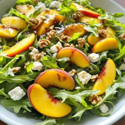 - 2 ripe peaches, thinly sliced - 4 cups fresh arugula, well washed - 1/4 cup feta cheese, crumbled into small pieces - 1/4 cup walnuts, toasted and coarsely chopped - 1 tablespoon pure honey - 2 tablespoons balsamic vinegar - 3 tablespoons extra virgin olive oil - Salt and freshly ground black pepper to taste What can I use instead of peaches? You can swap peaches for nectarines or plums. Both fruits add sweetness and flavor. What are vegan options for feta cheese? For a vegan twist, use almond or tofu feta. They provide a similar texture and taste. This Peach and Arugula Salad is a great dish for summer. It is colorful, fresh, and tasty. You can find the full recipe in the article. Enjoy every bite! To start, gather your ingredients. In a small bowl, combine: - 1 tablespoon pure honey - 2 tablespoons balsamic vinegar - 3 tablespoons extra virgin olive oil - Salt and freshly ground black pepper to taste Whisk these together until they blend well. The goal is a smooth, emulsified dressing that will coat the salad perfectly. Next, take a large salad bowl. Add: - 4 cups fresh arugula, well washed - 2 ripe peaches, thinly sliced Toss them gently with your hands or salad tongs. This mix should look vibrant and fresh. Then, drizzle your dressing over the top. Toss the salad lightly to ensure every piece gets a bit of dressing. Now, for the fun part! Sprinkle the salad with: - 1/4 cup feta cheese, crumbled into small pieces - 1/4 cup walnuts, toasted and coarsely chopped This adds flavor and texture. For a beautiful presentation, serve the salad in a shallow platter or individual bowls. You can garnish with extra peach slices and a light sprinkle of feta. This makes the dish pop visually and tastefully. Enjoy your Peach and Arugula Salad! For the complete recipe, check the Full Recipe. - Tips for selecting ripe peaches: Choose peaches that feel slightly soft but not mushy. Look for a sweet scent and a golden hue. Avoid peaches with green spots, as they may be under ripe. - Best practices for washing arugula: Rinse arugula leaves gently under cold water. Use a salad spinner to dry them well. This keeps the leaves crisp and clean, ready for your salad. - How to prevent bruised arugula: Handle the arugula gently. Toss the salad lightly to avoid crushing the leaves. Always add the dressing last to keep them fresh. - Ensuring even dressing distribution: Drizzle dressing in small amounts over the salad. Toss lightly to coat all ingredients. This helps every bite burst with flavor. - Suggested add-ins for variety: Try adding sliced strawberries or crumbled goat cheese for a twist. You can also mix in toasted almonds for extra crunch. - Pairing tips for complementary dishes: This salad pairs well with grilled chicken or fish. Serve it alongside a light pasta dish or a refreshing soup for a complete meal. For a drink, consider a chilled white wine or sparkling water with lemon. For the complete process, refer to the Full Recipe. {{image_4}} For those needing gluten-free and dairy-free options, this salad is easy to modify. Simply skip the feta cheese or replace it with a vegan cheese. You can also use gluten-free walnuts to ensure the salad meets your dietary needs. Looking for protein? Grilled chicken or chickpeas work well. They add heartiness and make the salad more filling. Just slice the chicken and toss it in with the arugula and peaches for a satisfying meal. You can switch up the cheese in this salad. Try goat cheese for a tangy taste or mozzarella for a milder flavor. Each cheese brings its own unique touch to the dish. Don't be afraid to experiment with dressings, too. While balsamic vinegar is great, a lemon vinaigrette can brighten the salad. Just mix fresh lemon juice, olive oil, salt, and pepper for a zesty twist. The beauty of this salad is its flexibility. You can swap peaches for seasonal fruits like pears or berries. Use whatever is fresh and available in your area. You can also change the greens. While arugula is peppery and bold, spinach or kale can work nicely. This lets you enjoy the salad year-round, using what is in season. For the full recipe, visit the provided link. To keep your peach and arugula salad fresh, use airtight containers. Glass containers work best. They do not absorb odors and help maintain the flavors. If you have extra dressing, store it in a separate container. This keeps the salad crisp and prevents sogginess. When you're ready to eat, simply combine the salad and dressing again. I recommend serving this salad fresh. The crisp arugula and juicy peaches shine when cold. However, if you have leftovers, you can revive some flavors. Add a splash of balsamic vinegar or a drizzle of olive oil. Toss gently to mix. This can help restore the salad's taste without reheating. In the fridge, your peach and arugula salad lasts about 2 days. After that, the arugula wilts, and the peaches may spoil. Signs of spoilage include brown or mushy peaches and slimy greens. Always check your salad before serving to ensure it's safe to eat. For the best flavor, enjoy it within one day of making it. Remember, fresh is best! To slice peaches for your salad, start by washing them. Use a sharp knife to cut the peach in half around the pit. Twist the halves gently to remove the pit. Then, slice each half into thin wedges. To avoid browning, sprinkle the slices with a little lemon juice. This simple trick keeps them fresh and bright. You can also use a small bowl to toss the slices with the lemon juice before adding them to the salad. Yes, but some parts should wait until serving. You can slice the peaches and wash the arugula ahead of time. Store the peaches in a bowl with lemon juice to keep them fresh. For the best taste, mix the salad just before serving. This keeps the arugula crisp and the dressing evenly dispersed. If you must prepare it early, store the dressing separately to add later. This salad pairs well with grilled chicken or fish. The light flavors complement many main dishes. You can also serve it with crusty bread for a lovely meal. For drinks, try a crisp white wine or a light sparkling water. Both options enhance the salad's freshness and flavor profile. Peach and arugula salad is a healthy choice. Peaches are rich in vitamins A and C. They support skin health and boost your immune system. Arugula adds fiber, calcium, and iron to your meal. The nuts provide healthy fats and protein. Together, a serving offers a balanced mix of nutrients that are good for your body. For a detailed breakdown, a serving contains about: - 150 calories - 5 grams of protein - 10 grams of fat - 15 grams of carbohydrates Try the Full Recipe to enjoy this fresh and flavorful delight! This blog post shared a fresh, tasty peach and arugula salad recipe. We covered key ingredients like ripe peaches, feta cheese, and walnuts. I shared easy steps for making the dressing and assembling the salad. Tips helped you select the best ingredients and enhance flavors. Experiment with variations to suit your taste or dietary needs. Remember to store leftovers wisely and enjoy this salad fresh. With this recipe, you can create a delightful dish full of flavor and nutrition. Happy cooking!