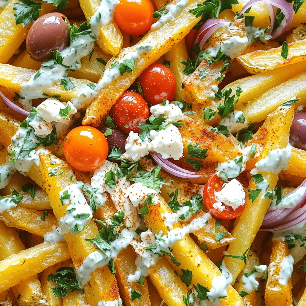 - 4 large russet potatoes - 1 cup crumbled feta cheese - 1 cup cherry tomatoes - ½ cup kalamata olives - ½ cup red onion - 3 tablespoons extra virgin olive oil - 1 teaspoon garlic powder - 1 teaspoon smoked paprika - Salt and freshly ground black pepper - 1 cup tzatziki sauce - Fresh parsley for garnish When making Loaded Greek Fries, the ingredients matter. Start with russet potatoes. They give you the best texture and flavor. You want them crispy on the outside and soft inside. Next, feta cheese adds a nice salty bite. I prefer crumbled feta because it melts slightly on hot fries. Cherry tomatoes bring sweetness and color. Their juicy pop makes each bite exciting. Kalamata olives add a briny flavor. Their unique taste pairs beautifully with the other ingredients. Red onion gives a nice crunch and a bit of sharpness. You can slice them thin for a milder taste. For seasoning, use extra virgin olive oil. It coats the fries and enhances their flavor. Garlic powder and smoked paprika add depth. A pinch of salt and black pepper is key to balance the flavors. Finally, don’t forget the tzatziki sauce. It adds creaminess and cools the dish down. Top it all off with fresh parsley for a pop of color. This mix of ingredients makes the perfect Loaded Greek Fries. For the full recipe, check out the [Full Recipe]. - Preheat the oven to 425°F (220°C). - Cut the russet potatoes into thick fries. - In a large bowl, mix the fries with olive oil, garlic powder, smoked paprika, salt, and pepper. Toss until all fries are covered. - Line a baking sheet with parchment paper. - Spread the fries in a single layer on the sheet. - Bake for 25-30 minutes, flipping halfway. Look for golden brown and crispy fries. - In a separate bowl, mix cherry tomatoes, olives, and red onion. - Add a pinch of salt and pepper to enhance the flavor. Stir well until combined. - Once the fries are done, sprinkle crumbled feta cheese on top. - Layer the tomato, olive, and onion mix over the fries. - Drizzle tzatziki sauce generously over everything. Add as much as you like! These simple steps lead you to a plate of loaded Greek fries that burst with flavor. For the full recipe, check out the complete guide! To get crispy fries, coat them well with oil and seasoning. This helps them cook evenly. Make sure every fry gets some oil for the best crunch. Bake them at 425°F (220°C) for about 25-30 minutes. Flip them halfway for even browning. If you want them extra crispy, leave them in for a few more minutes. Just watch closely to avoid burning! You can change the toppings to fit your taste. Try adding grilled chicken or sautéed bell peppers. For a vegetarian option, use chickpeas or more veggies. To make it gluten-free, check your tzatziki sauce and use gluten-free fries. You can also swap in different cheeses, like goat cheese or mozzarella, for a twist. Serve your loaded fries in a big bowl so everyone can share. A shallow platter works great too. For a fun touch, add a small bowl of tzatziki on the side for dipping. Pair your fries with a refreshing drink, like iced tea or a light beer. They also go well with a fresh salad or grilled veggies on the side. Enjoy your meal! {{image_4}} You can easily change up your loaded Greek fries. Adding grilled chicken or lamb gives a nice boost. It makes the dish heartier and more filling. You could also try different cheeses. Feta is great, but goat cheese or mozzarella can add a new twist to the dish. These options bring in new flavors and textures. Want a healthier choice? Try using an air fryer for the fries. This method cuts down on oil and still gives you crispy fries. If you're looking for a different base, sweet potatoes are a perfect swap. They add a sweet flavor and more nutrients than regular potatoes. Plus, they look great when you serve them! You can make the dish even tastier by adding spices or herbs. A sprinkle of oregano or a dash of cayenne can really wake up the flavors. Don't forget about sauces! Using harissa or spicy yogurt can give your fries a kick. These flavors mix well with the feta and veggies, creating a delicious meal. For the full recipe, check out the detailed instructions above. To keep your loaded Greek fries fresh, store them in an airtight container. Place them in the refrigerator immediately after they cool. This helps to keep them crispy and tasty. Leftovers will last for about 2 to 3 days. After that, the fries may lose their great texture and flavor. When it’s time to enjoy your leftovers, the best way to reheat them is in the oven. Preheat the oven to 375°F (190°C). Spread the fries on a baking sheet and reheat for about 10 to 15 minutes. This method helps to keep them crispy. You can also use an air fryer if you have one. Set it to 350°F (175°C) and heat for around 5 to 7 minutes. You can freeze already made loaded fries, but they may lose some texture. To freeze, let them cool completely. Then, place them in a single layer on a baking sheet and freeze for 1 to 2 hours. After that, transfer them to a freezer bag. For reheating, cook them directly from frozen. Use the oven at 375°F (190°C) for about 20 to 25 minutes. This keeps them warm and slightly crispy. Yes, you can prepare some parts ahead. Cut the fries and store them in water. This keeps them fresh and crisp. You can also mix the toppings early. Just store them in a container in the fridge. Bake the fries and add toppings right before serving. This way, your fries stay hot and crunchy. Absolutely! Frozen fries are a great time-saver. Just follow the package instructions for baking. You may want to bake them a little longer for extra crispiness. After baking, add the toppings as you would with fresh fries. This still delivers that delicious Greek flavor you crave. If you need a substitute, try these options: - Greek yogurt mixed with lemon juice and garlic - Hummus for a creamy texture - Ranch dressing for a different flavor You can also make a simple cucumber sauce at home. Just mix yogurt, grated cucumber, garlic, and a splash of lemon juice. To make these fries vegan, you can swap out a few ingredients: - Use vegan cheese instead of feta. - Replace tzatziki with a vegan yogurt-based sauce. You can blend cashews, lemon juice, and garlic for a creamy dip. These swaps keep the dish tasty while meeting vegan needs. Enjoy your loaded Greek fries guilt-free! Loaded Greek fries are a fun, tasty dish to make. You learned how to prepare crispy fries, layer on fresh toppings, and drizzle them with tzatziki sauce. You can customize your dish with various ingredients or healthier options, making it perfect for any meal. Store leftovers and reheat them easily for later. Try making these fries ahead of time or substituting ingredients as you like. Enjoy your delicious creation and impress your friends and family!