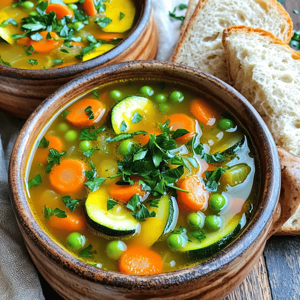 - 2 tablespoons extra virgin olive oil - 1 medium onion, finely diced - 2 cloves garlic, finely minced - 2 medium carrots, peeled and diced - 2 celery stalks, finely diced - 1 medium potato, peeled and diced into small cubes - 1 medium zucchini, diced - 1 cup fresh green beans, trimmed and cut into 1-inch segments - 1 can (14 oz) diced tomatoes, with their juices included - 4 cups low-sodium vegetable broth - 1 teaspoon dried thyme - 1 teaspoon dried basil - 1 bay leaf - Sea salt and freshly cracked black pepper, to taste - Fresh parsley, finely chopped (for garnish) Gathering fresh ingredients is key for a great soup. I love using bright carrots, crunchy celery, and sweet onions. These veggies add depth and texture. Fresh herbs like thyme and basil enhance the flavor. The broth ties everything together, making the soup rich and warm. Use good-quality olive oil for sautéing. It adds flavor and richness. You can adjust the vegetables based on what you have. Feel free to add peas, corn, or any favorite veggies. The goal is to make it your own. For garnish, fresh parsley brightens up the dish. It adds a pop of color and freshness. Remember, this soup is all about the veggies and the joy of cooking. If you want the full recipe, check out the preparation steps. 1. Heating the oil and sautéing the onions Start by heating 2 tablespoons of extra virgin olive oil in a large soup pot over medium heat. Once the oil is hot, add 1 medium onion, finely diced. Sauté the onion for about 3-4 minutes until it turns translucent and fragrant. 2. Adding garlic and initial vegetables Next, add 2 cloves of minced garlic to the pot. Cook for 1 minute, stirring often. Then, introduce 2 medium carrots, peeled and diced, along with 2 finely diced celery stalks. Cook these vegetables for around 5 minutes until they soften and release their aroma. 3. Introducing remaining ingredients Now, it’s time to add 1 medium potato, peeled and diced into small cubes. Add 1 medium zucchini, diced, and 1 cup of fresh green beans, cut into 1-inch segments. Stir until everything combines well. Pour in 1 can of diced tomatoes (14 oz), along with 4 cups of low-sodium vegetable broth. Sprinkle in 1 teaspoon each of dried thyme and dried basil, plus 1 bay leaf. Stir the pot to mix everything. 1. Bringing to a boil and simmering Increase the heat to bring the soup to a gentle boil. Once it starts to boil, reduce the heat to low. Allow the soup to simmer uncovered for about 25-30 minutes. This lets the vegetables become tender and the flavors blend beautifully. 2. Final seasoning adjustments After simmering, taste your soup. Season it with sea salt and freshly cracked black pepper to your liking. Don’t forget to remove the bay leaf before serving. 1. Ladling into bowls and garnishing Serve the soup hot by ladling it into bowls. For a nice touch, garnish each bowl with finely chopped fresh parsley. This adds color and flavor. 2. Pairing with bread or additional sides Pair your soup with slices of crusty bread. This bread is perfect for dipping into the hearty broth. Enjoy the comforting warmth of your classic vegetable soup! To boost flavor, always start with fresh ingredients. Fresh herbs add bright notes. If you use dried herbs, add them early in the cooking. This gives them time to release their flavors. For best results, use about one-third the amount of dried herbs compared to fresh. Fresh herbs should be added at the end to keep their taste vibrant. Vegetable size matters. Cut them into even pieces for even cooking. This helps them cook at the same rate. Larger chunks take longer, while smaller ones cook faster. To avoid overcooking, keep an eye on the simmer. Cook until vegetables are tender but still firm. Taste along the way to find the perfect texture. This soup is easy to adapt. To make it vegan, skip any animal-based broths. Use vegetable broth, which is already in the recipe. For gluten-free options, ensure your broth is gluten-free. Add protein with beans or lentils. They make the soup heartier and more filling. Adding a can of chickpeas or cooked lentils can make it a complete meal. For the Full Recipe, check out the main article. {{image_4}} You can switch the vegetables in this soup based on the season. In spring, try using fresh peas or asparagus. In summer, add corn or bell peppers for a sweet crunch. For fall, root vegetables like squash fit perfectly. In winter, hearty greens like kale add warmth and nutrition. Adding beans or legumes makes the soup more filling. Chickpeas, lentils, or black beans are great choices. They boost protein and fiber. You can mix and match based on what you have. Adding spices gives your soup a global flair. For a spicy kick, try cumin or chili powder. If you want something more fragrant, add ginger or turmeric. These spices transform the soup into a new dish each time. Different cultures have their own versions of vegetable soup. For example, Italian minestrone includes pasta and pesto. In Thai cuisine, you might find coconut milk and lemongrass. Exploring these variations keeps your cooking exciting. To make your soup creamy, you can use dairy or dairy-free options. Heavy cream adds richness. If you prefer a lighter touch, try coconut milk or cashew cream. These options also keep it vegan. Blending part of the soup is key for creaminess. Use an immersion blender or regular blender. Blend until smooth, then mix it back in with the chunky parts. This creates a nice texture while keeping the flavors intact. For more details, refer to the Full Recipe. To store leftover soup in the fridge, let it cool first. Transfer the soup to a container with a lid. I recommend using glass or BPA-free plastic containers. These help keep the soup fresh and tasty. Store the soup in the fridge for up to three days. If you want to freeze the soup, let it cool completely. Pour the soup into freezer-safe containers or bags. Leave some space at the top, as soup expands when frozen. Label the bags with the date. Thaw the soup in the fridge overnight when you are ready to eat. To reheat, warm it on the stove over medium heat or in the microwave until hot. When stored properly, your soup will last about three days in the fridge. In the freezer, it can last up to three months. Always check for signs of spoilage before eating. Look for changes in color, texture, or smell. If it seems off, it's best to throw it away. Enjoy your hearty comfort vegetable soup knowing you can savor it later! To make classic vegetable soup, follow these steps: 1. Heat 2 tablespoons of extra virgin olive oil in a large pot over medium heat. 2. Add 1 finely diced onion and sauté for 3-4 minutes until it turns translucent. 3. Stir in 2 finely minced garlic cloves and cook for 1 minute. 4. Add 2 diced carrots and 2 diced celery stalks, cooking for about 5 minutes. 5. Mix in 1 diced potato, 1 diced zucchini, and 1 cup of green beans cut into 1-inch pieces. 6. Pour in 1 can of diced tomatoes (14 oz) and 4 cups of low-sodium vegetable broth. 7. Sprinkle in 1 teaspoon of dried thyme, 1 teaspoon of dried basil, and add 1 bay leaf. 8. Bring the soup to a gentle boil, then reduce the heat and let it simmer for 25-30 minutes. 9. Season with sea salt and black pepper to taste before serving. Remove the bay leaf. 10. Ladle into bowls and garnish with fresh parsley. Yes, you can use frozen vegetables for this soup. They are a great time-saver! - Best practices: - Thaw the vegetables before adding them to the soup. - You might need to adjust cooking times since frozen veggies are pre-cooked. - Fresh vegetables often have better flavor, but frozen can work well in a pinch. You can easily customize vegetable soup to match your tastes! - Tips for personalization: - Add your favorite vegetables, like spinach or bell peppers. - Use different herbs and spices to change the flavor. - Mix in cooked grains like rice or quinoa for extra heartiness. - Don’t forget to adjust salt and pepper to suit your palate. For the best flavor, use low-sodium vegetable broth. - Recommendations: - Look for brands with natural ingredients. - You can also make your own broth with leftover vegetable scraps. - Avoid high-sodium broths to keep your soup healthy. Feel free to check the Full Recipe for more details on preparing this delicious classic vegetable soup! This blog post covered how to make a tasty vegetable soup. We discussed the key ingredients, preparation, cooking methods, and serving ideas. You learned tips on enhancing flavor and adjusting the recipe for dietary needs. Variations let you explore seasonal and international flavors. Plus, we shared storage tips for leftovers. In closing, soup is easy, fun, and perfect for everyone. Experiment with what you love and enjoy!