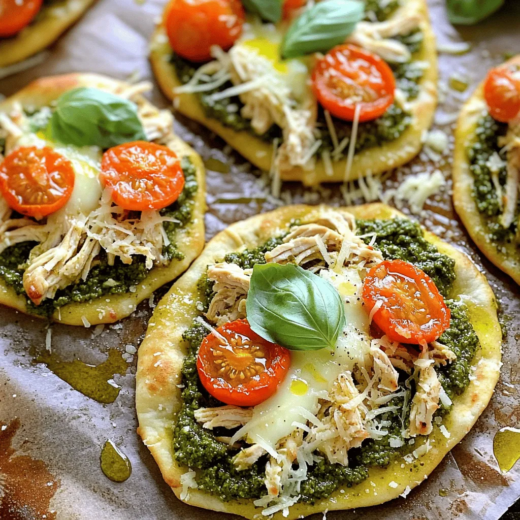 - Flatbreads (store-bought or homemade) - Cooked chicken - Basil pesto - Cherry tomatoes - Shredded mozzarella cheese - Grated Parmesan cheese - Olive oil - Seasoning (salt and pepper) - Fresh basil leaves This dish uses simple, fresh items. Flatbreads form the base, providing a nice, chewy texture. You can use store-bought for quick meals or make your own if you want to try. Cooked chicken is your protein source. Shred it for easy topping. Use leftover chicken or even rotisserie chicken for speed. It adds flavor and heartiness to the meal. Basil pesto is the star flavor. It brings herbal notes and richness. You can buy it or make your own for a fresher taste. Cherry tomatoes add a juicy burst. Halve them for easy distribution over the flatbread. Cheeses make everything better. Shredded mozzarella creates a gooey layer. Grated Parmesan adds a salty kick. Olive oil is essential for brushing the flatbreads. It helps with browning and flavor. Don't forget salt and pepper to bring out the taste. Fresh basil leaves serve as a garnish. They offer a pop of color and flavor. - Additional vegetables (e.g., spinach, bell peppers) - Different cheese options (e.g., feta, Gouda) If you want more crunch, add extra veggies like spinach or bell peppers. They add nutrients and color. You can also swap cheeses. Feta or Gouda can give your flatbread a new twist. These options let you personalize your meal. For more ideas and the full recipe, check out the Savory Chicken Pesto Flatbread Delight. - Preheat oven to 400°F (200°C). - Prepare the baking sheet with parchment paper. - Brush flatbreads with olive oil. - Spread basil pesto evenly. - Add shredded chicken and cherry tomatoes. - Sprinkle mozzarella and Parmesan cheese. - Season with salt and pepper. - Bake for 12-15 minutes. - Monitor for desired doneness. Making chicken pesto flatbread is simple and fast. Preheating the oven helps cook the flatbreads evenly. Use parchment paper for easy removal after baking. Each step builds flavor and texture. Brush the flatbreads with olive oil to create a golden crust. Then, spread the basil pesto. This adds a fresh, herby flavor to each bite. Next, layer on the shredded chicken. This makes the flatbread filling and hearty. Scatter the cherry tomatoes for color and taste. They burst with flavor as they cook. Top with mozzarella and Parmesan cheese for a rich, gooey finish. The salt and pepper enhance all the flavors. When baking, keep an eye on each flatbread. You want the cheese melted and bubbly, with a lovely golden edge. It's easy to make a meal that looks great and tastes even better. For the full recipe, check the detailed instructions and ingredient specifics. To get that perfect crunch, you must pay attention to your oven temperature. Preheat your oven to 400°F (200°C). This heat helps the flatbreads crisp while the cheese melts beautifully. Using parchment paper is smart too. It makes cleanup a breeze and prevents sticking. Want to take your flatbread to the next level? Add fresh herbs and spices. A sprinkle of crushed red pepper or garlic powder can boost the flavor. When choosing pesto, go for vibrant basil pesto. It should be fresh and aromatic. You can even make your own if you want a special touch. Slicing your flatbreads into wedges makes them easy to serve. Use a sharp knife for clean cuts. For garnish, add fresh basil leaves on top. Drizzle a little extra pesto around the edges for color and flavor. This makes your dish pop and looks inviting on the table. For the full recipe, check out Savory Chicken Pesto Flatbread Delight. {{image_4}} You can swap chicken for turkey or shrimp. Turkey has a mild taste and stays juicy. Shrimp cooks quickly and adds a nice touch. If you want a vegetarian option, use chickpeas or tofu. Chickpeas give a good texture, while tofu soaks up all the flavors. Both options make the flatbread just as tasty! Changing up the flavors can make your flatbread special. Try using sun-dried tomatoes instead of fresh ones. They add a rich, sweet taste that pairs well with pesto. You can also switch up your pesto. Sun-dried tomato pesto gives a new twist. A roasted red pepper pesto can add a smoky flavor that is delightful. If you want a low-carb option, use cauliflower flatbreads. They are light and still hold up well. Whole wheat flatbreads add a nutty flavor and are more filling. For those who need gluten-free options, look for gluten-free flatbreads at the store. Each base brings its own charm and taste to your meal. For more details, refer to the Full Recipe for your Easy Chicken Pesto Flatbread. To keep your chicken pesto flatbread fresh, store it in the fridge. Place the flatbread in an airtight container. If you want to keep it longer, vacuum sealing works great. This method removes air and helps prevent freezer burn. You can also wrap it tightly in foil or plastic wrap. To reheat your flatbread and keep it crispy, the oven is best. Preheat your oven to 350°F (175°C). Place the flatbread on a baking sheet and heat it for about 10 minutes. This method keeps the edges crispy and the cheese melty. If you use a microwave, it may become soggy. If you must use the microwave, heat it for short bursts. That way, you can check and avoid overcooking. To make homemade flatbread, you need simple ingredients. Start with: - 2 cups all-purpose flour - 1 teaspoon salt - 3/4 cup warm water - 2 tablespoons olive oil Mix the flour and salt in a bowl. Gradually add water and olive oil. Knead the dough until it is smooth. Let it rest for 30 minutes. Then, roll it out into thin circles. Cook the flatbreads in a hot skillet for 2-3 minutes on each side. This gives you soft, warm flatbreads ready for your toppings. Yes, you can freeze chicken pesto flatbread. To freeze, first let the flatbread cool completely. Wrap each flatbread tightly in plastic wrap. Then, place them in a freezer-safe bag. This helps keep them fresh. For the best results, use them within three months. When you want to eat them, take the flatbreads out of the freezer. Thaw them in the fridge overnight or at room temperature for a few hours. Reheat in the oven at 350°F (175°C) for about 10 minutes, until warm. Chicken pesto flatbread pairs well with many side dishes. Here are a few great options: - Mixed green salad with a light vinaigrette - Roasted vegetables like zucchini and bell peppers - A bowl of tomato soup for dipping These sides add color and nutrition to your meal. You can also serve a simple fruit salad for a refreshing touch. For a complete guide on making this dish, check out the full Savory Chicken Pesto Flatbread Delight recipe for detailed instructions and ingredient specifics. In this post, we explored how to make delicious chicken pesto flatbreads. We covered ingredients like flatbreads, cooked chicken, and fresh basil. I shared step-by-step instructions to guide you through the baking process. We also discussed tips for crispy flatbreads and how to add exciting flavors. Flatbreads are great for quick meals. With easy variations, you can customize them to your taste. Remember to store leftovers properly to enjoy later. Now, go ahead and enjoy your homemade chicken pesto flatbreads!