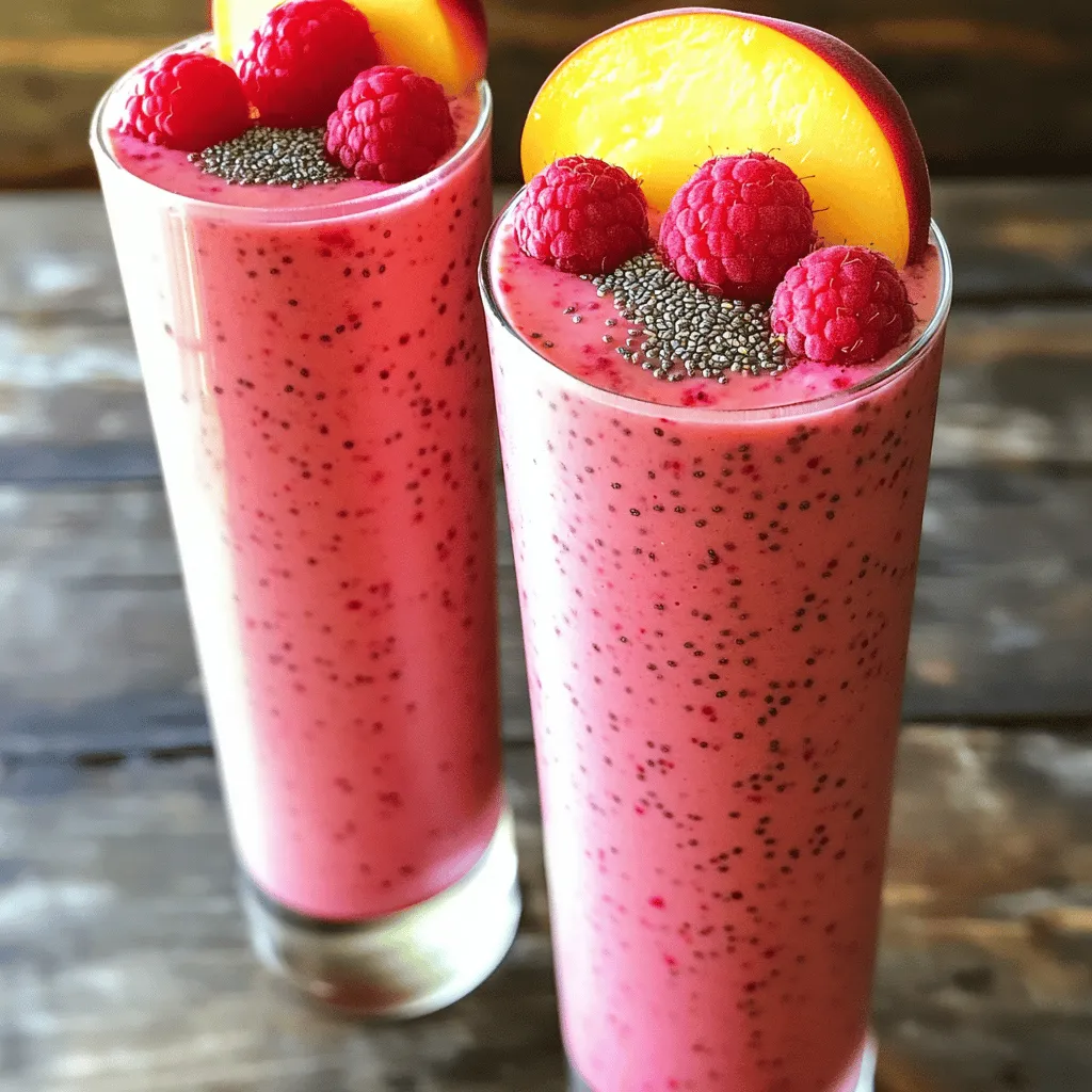 To create a delicious Peach Raspberry Chia Smoothie, gather these ingredients: - 2 ripe peaches, pitted and finely chopped - 1 cup fresh raspberries - 1 ripe banana, frozen - 1 tablespoon chia seeds - 1 cup almond milk (or your preferred choice of milk) - 1 tablespoon honey or maple syrup (optional, for added sweetness) - A handful of ice cubes Sometimes, you may not have all the ingredients. Here are a few swaps you can try: - Peaches: Use nectarines or mangos for a different flavor. - Raspberries: Swap with strawberries or blueberries if desired. - Banana: For a creamier texture, use avocado. - Chia seeds: Try flax seeds as a substitute. - Almond milk: Any milk works, like coconut or oat milk. - Honey or maple syrup: Agave syrup or stevia can work for sweetness. This smoothie is packed with nutrients. Here’s a quick look at what each ingredient brings to the table: - Peaches: They are low in calories and high in vitamins A and C. - Raspberries: These berries are rich in fiber, antioxidants, and vitamins. - Banana: It adds potassium, which is great for heart health. - Chia seeds: They provide omega-3 fatty acids and protein. - Almond milk: This milk is low in calories and rich in vitamin E. - Honey or maple syrup: These natural sweeteners add flavor and quick energy. - Ice cubes: They give a refreshing chill and thick texture. This Peach Raspberry Chia Smoothie delivers a blend of health benefits and delicious taste. For the full recipe, check it out here! To start, gather all your ingredients. This makes the process smooth and easy. You will need: - 2 ripe peaches, pitted and finely chopped - 1 cup fresh raspberries - 1 ripe banana, frozen - 1 tablespoon chia seeds - 1 cup almond milk (or your preferred choice of milk) - 1 tablespoon honey or maple syrup (optional) - A handful of ice cubes First, chop the peaches and wash the raspberries. You want ripe peaches for the best flavor. The banana should be frozen to add creaminess. When blending, start with the fruit. Place the chopped peaches and fresh raspberries into your blender. Next, add the frozen banana. This gives your smoothie a thick, creamy texture. Sprinkle in the chia seeds and pour the almond milk over the fruit. This helps everything blend well. If you like it sweeter, add honey or maple syrup now. Blend on high speed until smooth. Check for any fruit chunks. If it’s too thick, add more almond milk and blend again. For a frosty finish, toss in ice cubes and blend until crushed. Now it’s time to serve! Pour your vibrant smoothie into tall glasses for a fun look. To make it even more appealing, garnish with whole raspberries and a slice of peach on the rim. Sprinkle a few chia seeds on top for texture. This adds a nice touch and shows off the healthy ingredients. Enjoy your delicious Peach Raspberry Chia Smoothie! For more details, refer to the Full Recipe. One common mistake is not using ripe fruit. Ripe peaches and raspberries bring out the best flavor. If your fruit is too firm, the smoothie may taste bland. Another mistake is adding too much liquid. Start with a cup of almond milk and adjust as needed. Avoid over-blending; you want a creamy texture, not a watery mix. To adjust sweetness, taste your smoothie before serving. If it's not sweet enough, add honey or maple syrup. Start with a small amount; you can always add more. You can also use ripe fruits to enhance natural sweetness. Bananas, in particular, can add a nice touch. Freezing fruits makes smoothies easier and faster. Chop and freeze your peaches and bananas ahead of time. You can store them in bags for quick access. Raspberries can also be frozen, but add them fresh for best taste. Prepare your chia seeds by soaking them in water for a few hours. This makes them swell and adds a nice texture. {{image_4}} You can switch out fruits to make this smoothie even more fun. Try using mangoes or strawberries instead of peaches. Both fruits add a sweet touch and blend smoothly. For a tart twist, blackberries or blueberries work great too. Mix and match to find your favorite blend! To keep this smoothie vegan, use plant-based milk, like almond or oat milk. These options are creamy and tasty. You can also skip the honey and use maple syrup instead. This keeps the smoothie sweet and vegan-friendly. Enjoy the same great taste without any dairy! Want to boost your smoothie? Add some protein or superfoods! A scoop of protein powder can help keep you full. You can also mix in spinach or kale for added nutrients. These greens blend well and won’t change the taste much. Chia seeds are already packed with fiber and nutrients. You can even use flaxseed for extra omega-3s! For the full recipe, check out the details above. After making your Peach Raspberry Chia Smoothie, you may have some left over. To store it, pour the smoothie into a clean jar with a tight lid. This keeps it fresh longer. Always try to fill the jar to the top. This way, less air stays in the jar. If you can, drink it within one day. This keeps the flavors bright and tasty. You can freeze this smoothie for later. Pour it into ice cube trays or freezer-safe bags. Make sure to leave space in the bags for expansion. Smoothies can freeze well for up to three months. When you want one, just thaw it in the fridge overnight. You can also blend it again for a quick treat. Your Peach Raspberry Chia Smoothie stays fresh in the fridge for about 24 hours. After that, the chia seeds may soak up too much liquid. This makes it thicker and less enjoyable. If you notice any off smells or changes in color, it's best to toss it. Always trust your nose and eyes. For the best taste, enjoy it soon after making it. If you want the full recipe, check out the details above. Chia seeds are small but mighty. They offer fiber, protein, and omega-3 fats. Fiber helps your digestion and keeps you full. Protein aids muscle growth and repair. Omega-3 fats support heart health. Plus, they are rich in antioxidants. This means they help fight free radicals in your body. Chia seeds also absorb water, which can help with hydration. Adding them to your smoothie boosts its nutrition. Yes, you can use frozen fruits! Frozen fruits are just as healthy as fresh ones. They are often picked at peak ripeness and quickly frozen. This locks in their nutrients and flavor. Using frozen fruits can also make your smoothie colder and creamier. If you use frozen peaches or raspberries, just blend them straight from the freezer. You may need to adjust the almond milk to get your desired texture. Absolutely! This smoothie is great for meal prep. You can make it ahead of time and store it in the fridge. Just keep it in a sealed container. It stays fresh for up to 24 hours. For longer storage, consider freezing it. Pour the smoothie into ice cube trays. Once frozen, pop the cubes into a bag. This way, you can blend them with fresh milk later. It’s a quick and healthy option for busy days. For the full recipe, check here: [Full Recipe]. In this post, we explored smoothie ingredients, blending techniques, and storage tips. I shared common mistakes to avoid and ways to customize your drink. Remember, the right ingredients can boost flavor and nutrition. Always store leftovers properly to keep them fresh and tasty. Try new fruit combos and consider adding superfoods for extra health benefits. Enjoy experimenting with your smoothies, and find what makes them perfect for you. Your next delicious and healthy blend is just a recipe away!