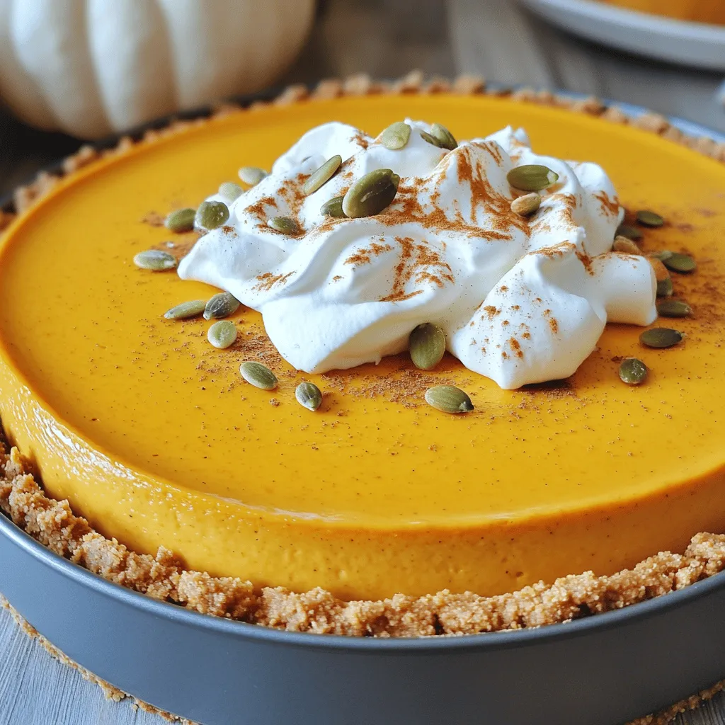 To make the no bake pumpkin cheesecake, you need these ingredients: - 1 ½ cups graham cracker crumbs - ½ cup unsalted butter, melted - 3 tablespoons granulated sugar - 16 oz cream cheese, softened - 1 cup canned pumpkin puree (not pie filling) - 1 cup powdered sugar - 1 teaspoon pure vanilla extract - 1 teaspoon ground cinnamon - ½ teaspoon ground nutmeg - ½ teaspoon ground ginger - 1 cup heavy whipping cream If you need substitutions, here are some ideas: - Use coconut oil instead of unsalted butter for a dairy-free option. - Swap granulated sugar with brown sugar for a richer flavor. - You can replace heavy cream with whipped coconut cream for a lighter version. - Use Greek yogurt instead of cream cheese for a tangy twist. When you choose your ingredients, think about these tips: - Pick graham crackers that are fresh and crunchy for the best crust. - Choose cream cheese that is full-fat for a rich and creamy filling. - Use 100% pure pumpkin puree, not pumpkin pie filling, to control sweetness. - Look for fresh spices in jars, as they have more flavor than older ones. - Always check the expiration dates on dairy products to ensure freshness. This thoughtful selection of ingredients makes your no bake pumpkin cheesecake a true treat for any occasion! Check the [Full Recipe] for all the steps to create this delicious dessert. To start, gather your ingredients for the crust. You will need: - 1 ½ cups graham cracker crumbs - ½ cup unsalted butter, melted - 3 tablespoons granulated sugar In a medium bowl, mix the graham cracker crumbs, melted butter, and sugar. Use a fork or spatula to combine until it looks like wet sand. This will help your crust hold together. Next, take a 9-inch springform pan and press the crumb mixture firmly into the bottom. Pack it down tight for a sturdy base. Chill the crust in the refrigerator while you make the filling. Now it's time to whip up the pumpkin filling! You will need: - 16 oz cream cheese, softened to room temperature - 1 cup canned pumpkin puree (not pie filling) - 1 cup powdered sugar - 1 teaspoon pure vanilla extract - 1 teaspoon ground cinnamon - ½ teaspoon ground nutmeg - ½ teaspoon ground ginger - 1 cup heavy whipping cream In a large bowl, beat the softened cream cheese until smooth with a hand mixer. Add the pumpkin puree, powdered sugar, vanilla, cinnamon, nutmeg, and ginger. Mix until well combined and creamy. In a separate bowl, whip the heavy cream until soft peaks form. Gradually fold the whipped cream into the pumpkin mixture until no white streaks remain. This makes the filling light and fluffy. Pour the pumpkin filling over your chilled crust. Use a spatula to spread it evenly. Cover the cheesecake with plastic wrap or foil and chill it in the refrigerator. Let it set for at least 4 hours, but overnight is best for flavor. When you're ready to serve, run a knife around the edges of the pan. Unclip the springform side carefully. To serve, slice the cheesecake and place it on plates. Top with whipped cream and a dash of cinnamon. You can also sprinkle some pumpkin seeds on top for a nice crunch. For the full recipe, check the details above. Enjoy your delightful no bake pumpkin cheesecake! When making no bake pumpkin cheesecake, some mistakes can ruin your dish. One common mistake is using pie filling instead of pure pumpkin. Always choose canned pumpkin puree for best flavor. Another mistake is not chilling the crust long enough. Make sure it sets for at least 30 minutes. Overmixing the cream cheese can also lead to a dense texture. Beat it just until smooth, then add other ingredients. To achieve a creamy texture, start with softened cream cheese. If it's too cold, it will not mix well. Use a hand mixer to blend until it’s completely smooth. When folding in the whipped cream, do it gently. This keeps the filling light and airy. Also, whip the cream until soft peaks form. This gives your cheesecake a fluffy feel. Presentation is key for any dessert. Here are some fun garnishing ideas. Top your cheesecake with a dollop of fresh whipped cream. This adds a nice touch and richness. Sprinkle a little ground cinnamon or nutmeg on top. For added crunch, toss on some pumpkin seeds. You can also place a few candy corn pieces around the edges for a festive look. These simple steps make your cheesecake irresistible and beautiful. {{image_4}} To make a gluten-free version, swap the graham cracker crumbs for gluten-free crumbs. You can find these at most stores or make your own from gluten-free cookies. Use the same amount, 1 ½ cups, as you would with regular crumbs. The rest of the recipe stays the same. This way, everyone can enjoy the treat without worry. For a vegan version, replace cream cheese with a vegan alternative made from nuts or tofu. Use coconut cream instead of heavy cream for a rich texture. You can also switch regular sugar for coconut sugar. The pumpkin, vanilla, and spices stay in, creating a delicious plant-based dessert. Spice it up by adding different flavors. Try cloves or allspice for a warm twist. You can also add a pinch of cardamom for a unique taste. Adjust the amounts to fit your liking. Mixing in these spices can bring new life to the classic pumpkin flavors. For more ideas and full details, check out the Full Recipe. To keep your no bake pumpkin cheesecake fresh, cover it tightly. Use plastic wrap or foil. Place it in the fridge. It stays good for up to five days. This will help keep the texture and flavor intact. If you want to keep it longer, consider freezing. You can freeze this cheesecake if you have leftovers. First, cut it into slices. Wrap each slice in plastic wrap. Then, place the wrapped slices in a freezer-safe bag. Make sure to remove excess air to prevent freezer burn. It can last up to three months in the freezer. Just remember to label the bag with the date. You don't need to reheat no bake pumpkin cheesecake. It’s best served cold. If you take it out of the fridge or freezer, let it sit at room temperature for a few minutes. This helps soften it a bit, making it easier to cut and serve. Enjoy it as is or add fresh toppings for extra flavor. No Bake Pumpkin Cheesecake can last up to one week in the fridge. Make sure to store it in an airtight container to keep it fresh. For best taste, eat it within the first few days. After that, it may lose some flavor and texture. Yes, you can use fresh pumpkin. Just cook, cool, and puree the pumpkin first. This gives a great taste. However, canned pumpkin is often more consistent in flavor and texture. So if you want ease, stick with canned. You can serve this cheesecake with whipped cream, caramel sauce, or crushed nuts. A sprinkle of cinnamon or nutmeg also adds a nice touch. Fresh fruit or chocolate shavings can make it look even better. For a full recipe and more ideas, check out the [Full Recipe]. In this article, we covered the key ingredients for your No Bake Pumpkin Cheesecake, including substitutions and tips for choosing quality items. You learned step-by-step instructions to prepare the crust and filling, along with serving suggestions. We shared common mistakes to avoid, creamy texture techniques, and garnishing ideas. Variations like gluten-free and vegan options were also discussed, along with storage tips and FAQs. With these insights, you can create a delicious cheesecake that impresses everyone. Enjoy experimenting and sharing your sweet treat!