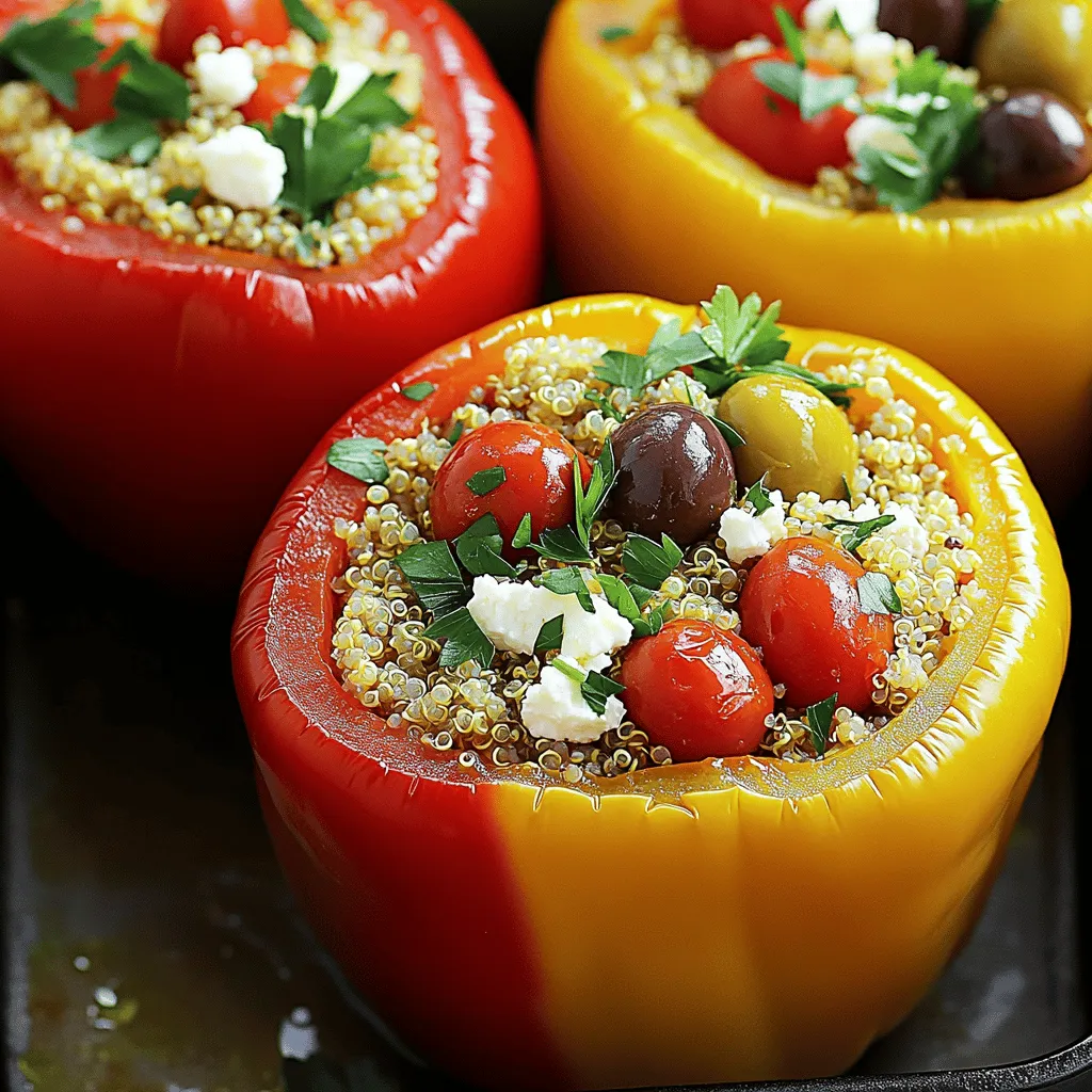 - 4 large bell peppers (your choice of color) - 1 cup quinoa, thoroughly rinsed - 2 cups vegetable broth - 1 cup cherry tomatoes, halved - 1 cup feta cheese, crumbled - 1/2 cup Kalamata olives, pitted and chopped - 1/2 cup red onion, finely chopped - 3 cloves garlic, minced - 1 teaspoon dried oregano - 1 teaspoon smoked paprika - 2 tablespoons olive oil - Salt and pepper to taste - Fresh parsley, finely chopped (for garnish) Fresh ingredients make a big difference. I always choose ripe tomatoes and fresh herbs. They enhance the taste and add brightness. For cheese, high-quality feta brings a creamy, tangy flavor that pairs well with the other ingredients. If you have dietary restrictions, you can make swaps. Use brown rice instead of quinoa for a different grain. If you want a vegan option, skip the feta and use nutritional yeast. You can also use mixed vegetables or beans for added protein. Explore your local market for the best produce. Fresh ingredients lead to better meals. For a twist, try adding spices like cumin or coriander. Each change can create a new taste experience. Check out the Full Recipe for more details on crafting these delicious stuffed peppers. First, preheat your oven to 375°F (190°C). This step helps the peppers cook evenly. Next, take the bell peppers and cut off the tops carefully. Make sure to save the lids! Remove the seeds and membranes inside. Stand each pepper upright in a baking dish. This keeps them stable for stuffing. Rinse 1 cup of quinoa under cold water. This removes the bitter coating. In a medium saucepan, combine the rinsed quinoa with 2 cups of vegetable broth. Bring it to a boil over medium-high heat. Once boiling, lower the heat, cover the pot, and let it simmer for about 15 minutes. Watch for the quinoa to become fluffy and tender. In a large bowl, mix the cooked quinoa with cherry tomatoes, feta cheese, olives, red onion, and garlic. Add dried oregano and smoked paprika for flavor. Drizzle in 2 tablespoons of olive oil and season with salt and pepper. Stir well to combine all the ingredients. Make sure the flavors blend nicely. Now it’s time to stuff the peppers! Fill each pepper with the quinoa mixture. Press down gently to pack the filling. Drizzle a little olive oil on top for extra taste. Cover the baking dish with aluminum foil to keep moisture in. Bake the peppers in your preheated oven for 25 minutes. After that, remove the foil and bake for another 10-15 minutes. Look for tender peppers and slightly charred tops. For the full recipe, check out the detailed instructions above. To make the best stuffed peppers, pay attention to a few key tips. First, you want even cooking. Place the peppers upright and avoid crowding the baking dish. This helps them cook evenly. Second, to avoid soggy peppers, don't overcook them. Bake them just until tender. Lastly, using a shallow baking dish helps the heat circulate. This makes cooking faster and more even. Want to elevate your stuffed peppers? Adding spices can make a big difference. Try cumin, or fresh herbs like basil or dill for a twist. After baking, top your peppers with fresh feta or a drizzle of olive oil for a tasty finish. If you want a side, serve them with a light salad or warm pita bread. These pair well with the flavors of the stuffed peppers. For the full recipe, check out the Mediterranean Oasis Stuffed Peppers section. Enjoy creating your culinary masterpiece! {{image_4}} You can switch up the protein in your Greek stuffed peppers. Instead of quinoa, use ground meat like beef or turkey. For a plant-based option, try black beans or lentils. They both add a nice texture and protein. You can also change the grain. Instead of quinoa, use rice or couscous. Both give a different flavor and feel. If you need a vegan or gluten-free option, simply leave out the cheese and use gluten-free grains. Greek stuffed peppers can have many twists. Some use rice with spices like cinnamon and allspice for a unique flavor. You may also find variations in Mediterranean countries. For example, in Italy, you might see stuffed peppers filled with risotto. There are endless ways to be creative with your fillings. Consider adding nuts or dried fruits for a sweet touch. You can mix in different vegetables, too. The only limit is your imagination! To keep your stuffed peppers fresh, store them in the fridge. Place them in an airtight container to prevent moisture loss. They stay good for about 3 to 5 days. If you want to keep them longer, freezing is a great option. Wrap each pepper in plastic wrap, then put them in a freezer-safe bag. They can last for up to three months in the freezer. When you're ready to enjoy your leftovers, the oven works best for reheating. Preheat it to 350°F (175°C). Place the stuffed peppers in a baking dish and cover them with foil. This keeps them moist while heating. Bake for about 20 minutes or until they are hot throughout. To keep the flavors vibrant, add a drizzle of olive oil before reheating. Avoid the microwave if possible. It can make the peppers soggy and change their texture. Using these methods ensures your Greek stuffed peppers taste just as good as when you first made them. How do I know when stuffed peppers are done? Stuffed peppers are done when they are soft. You can poke them with a fork. The filling should be hot, and the tops may have a nice golden color. Can I make stuffed peppers ahead of time? Yes, you can make the filling and stuff the peppers in advance. Just keep them in the fridge. Bake them when you’re ready to eat. What are the best peppers to use for stuffing? Large bell peppers work best. They hold the filling well and cook evenly. You can choose any color: red, yellow, green, or orange. Can I freeze stuffed peppers before or after baking? You can freeze them both ways. For best results, freeze them before baking. Wrap them tightly in plastic wrap and foil. How do I adjust the recipe for larger servings? To serve more people, simply double the ingredients. Use more peppers and cook them all together. Just make sure your baking dish is big enough. What variations can I try for a different taste? Try adding different ingredients, like ground meat or beans. You can switch quinoa for rice or couscous. Add spices for a unique twist. You can find the full recipe [here](#). Greek stuffed peppers are a delicious and flexible dish. We covered the best ingredients and cooking steps to make them right. I shared tips to ensure even cooking and enhance flavors, as well as variations for different diets. Remember, experimenting with ingredients can lead to tasty surprises. When stored properly, leftovers can last and still taste great. Enjoy cooking and personalizing this meal for your taste buds. With each bite, you celebrate the vibrant flavors of Greek cuisine. Make it your own and share the joy with others!