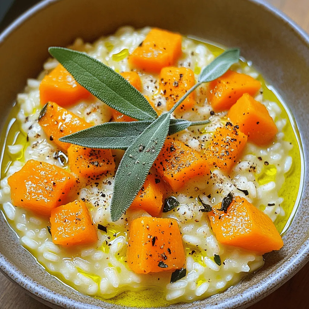 - 1 medium butternut squash, peeled and cut into small cubes - 1 cup arborio rice - 4 cups vegetable broth, preferably low sodium - 1 small onion, finely chopped - 2 cloves garlic, minced - 3 tablespoons extra-virgin olive oil - 1 tablespoon fresh sage, finely chopped (or 1 teaspoon dried sage) - 1/2 cup grated Parmesan cheese (optional, for serving) - Salt and freshly ground black pepper to taste - Additional freshly cracked black pepper for garnish The butternut squash is the star here. Its sweet, nutty flavor shines. I use arborio rice for the ideal creamy texture. This rice absorbs the broth well, making each bite rich. Vegetable broth adds depth without overpowering the dish. Fresh sage brings a lovely herbal note. You can also use dried sage if fresh isn't handy. I like to add salt and pepper to enhance the flavors. Finally, Parmesan cheese adds a nice touch, but it's optional. When I create this dish, I focus on quality. Each ingredient plays a key role. Using fresh produce and good broth makes a big difference. You can find the full recipe [here](#). First, take a medium saucepan. Pour in the vegetable broth. Heat it over medium heat until it simmers. Then, lower the heat to keep it warm. This step is important. A warm broth helps the risotto cook evenly. Next, grab a large skillet. Add the olive oil and heat it over medium heat. Chop the onion finely and add it to the skillet. Cook the onion for about 3-4 minutes. It should turn translucent. Then, add the minced garlic and diced butternut squash. Stir well and cook for 5-7 minutes. The squash should soften and caramelize a bit. This adds great flavor. Now, it’s time for the arborio rice. Add it to the skillet and stir continuously for about 2 minutes. This toasts the rice and brings out its nuttiness. After that, begin adding the warm broth. Use about 1 cup at a time. Stir the rice and let it absorb the broth before adding more. This should take around 20-25 minutes. The rice will become creamy and cook to al dente. Once your rice is the right texture, it’s time to add the sage. Stir it in well. Season with salt and freshly cracked black pepper to taste. Cook for another 2-3 minutes to help the flavors blend. If you want a creamier risotto, take it off the heat. Fold in the grated Parmesan cheese until it melts. Taste and adjust the seasoning if needed. Let the risotto rest for a minute before serving. This lets the flavors come together. For the full recipe, check the section above. To get that perfect creamy texture, you must stir often. Stirring helps release the starch in the rice. This starch is what makes risotto rich and smooth. Add the broth slowly, about one cup at a time. Wait until most of the broth is absorbed before adding more. This method takes time, but it is worth it. You will see the rice swell and become tender. To enhance the flavor of your risotto, think about your seasonings. A little more salt can make a big difference. Fresh herbs can brighten the dish. You can try thyme or rosemary if you want variety. A squeeze of lemon juice can also add a nice zest. Taste as you go, and adjust to your liking. Serving risotto can be fun and creative. For a fancy touch, use shallow bowls. This gives your risotto room to shine. Drizzle some extra-virgin olive oil on top for richness. Add a few fresh sage leaves for color. A sprinkle of cracked black pepper adds a nice finish. These small touches can make your dish look elegant and inviting. Find the full recipe for more details on making this creamy delight. {{image_4}} You can add protein to your butternut squash risotto. Chicken, shrimp, or plant-based proteins work well. For chicken, use cooked, diced pieces. Stir them in after the rice is creamy. If you prefer shrimp, sauté them until pink before adding to the risotto. For a vegan option, use chickpeas or lentils. They add protein and a nice texture. Each choice enhances the meal and makes it more filling. To make this risotto vegan, swap out the Parmesan cheese. Use a dairy-free cheese or skip it entirely. You can also add nutritional yeast for a cheesy flavor without dairy. Be sure to check the broth too. Some vegetable broths contain animal products, so look for a vegan option. With these changes, you still get a rich, creamy dish that's 100% plant-based. You can mix in other flavors to change your risotto. Mushrooms add a nice earthiness. Sauté them with the onions for the best flavor. Spinach is another great option. Stir it in just before serving. Fresh herbs like thyme or rosemary also pair well with butternut squash. Experiment with different combinations to find your perfect taste. For the full recipe, check out the complete guide. Enjoy your cooking! To store leftover risotto, let it cool first. Spread it in a shallow dish. Cover it tightly with plastic wrap or a lid. Place it in the fridge. Risotto stays good for about three days. Make sure to check for any signs of spoilage before using it again. To reheat your risotto, use a pan over low heat. Add a splash of broth or water. Stir it often for even heating. This keeps the risotto creamy. Avoid the microwave if you can. It makes risotto dry and clumpy, which is not what we want. Yes, you can freeze risotto! Cool it completely first. Place it in a freezer-safe bag or container. Remove as much air as possible. Label it and freeze it for up to three months. When you want to eat it, thaw it overnight in the fridge. Then follow the reheating tips to bring it back to life. Enjoy your creamy butternut squash risotto again! For the full recipe, check the earlier section. It takes about 40 minutes to cook butternut squash risotto. Here's the time breakdown: - Prep Time: 10 minutes - Cooking Time: 30 minutes - Total Time: 40 minutes This gives you a creamy and rich risotto. Yes, you can use other types of rice for risotto. Arborio rice is the best choice. It has a high starch content. This starch gives risotto its creamy texture. If you use jasmine or basmati rice, the dish will change. These types have less starch. They will not create the same creaminess. Stick with short-grain rice for the best result. You have options if you need to replace Parmesan cheese. Here are some good alternatives: - Pecorino Romano: It has a sharp flavor. - Nutritional yeast: A great choice for vegan dishes. - Grana Padano: A milder option, similar to Parmesan. - Asiago: This cheese adds a nutty taste. Each of these cheeses will change the flavor slightly. Choose what fits your taste best. For the full recipe, check out the Butternut Squash Risotto with Sage. This blog post provided a simple recipe for butternut squash risotto. You learned about each ingredient and how to prepare it step-by-step. We covered tips for perfect creaminess, flavor boosts, and eye-catching presentation. Plus, we explored variations, storage methods, and common questions. Using fresh ingredients makes a big difference. Enjoy this comforting dish with your own twist. Savor the flavor and share it with family or friends. It's all about enjoying good food together. Happy cooking!