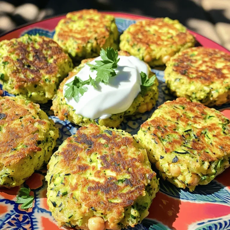 - Zucchini: Use 2 medium zucchinis. Grate them and squeeze out excess moisture. - Chickpeas: One can (15 oz) of chickpeas. Drain and rinse them well. - Other key ingredients: - 1/2 cup breadcrumbs (gluten-free if needed) - 1/4 cup grated Parmesan cheese (or nutritional yeast for a vegan option) - 1/4 cup fresh parsley, finely chopped - 2 green onions, thinly sliced - 2 cloves garlic, minced - 1 teaspoon ground cumin - 1 teaspoon smoked paprika - Salt and pepper to taste - 1 large egg (or a flax egg) - Olive oil for frying - Calories per serving: Each serving has about 250 calories. - Macronutrient breakdown: Roughly 10g of protein, 30g of carbs, and 10g of fats per serving. - Dietary considerations: This recipe can be vegan if you use a flax egg and nutritional yeast. It's also gluten-free with the right breadcrumbs. With these ingredients, you can create a batch of Zucchini Chickpea Patties that are tasty and healthy. For the full recipe, check out the Zesty Zucchini Chickpea Patties 🥒 section. Grating and draining zucchini is a key step. Start by grating two medium zucchinis. Once grated, transfer them to a clean kitchen towel. Twist the towel tightly and squeeze out as much moisture as you can. This removes excess water, which helps the patties stay crisp. If you skip this step, your patties may turn out soggy. Next, you’ll want to mash the chickpeas. Take one can of drained and rinsed chickpeas. Use a fork or potato masher to coarsely mash them. Aim for a chunky texture. This gives your patties a nice bite. Don’t over-mash; you want some pieces to remain whole for texture. Now it’s time to mix everything together. In a large bowl, combine the grated zucchini and mashed chickpeas. Add 1/2 cup of breadcrumbs, 1/4 cup of grated Parmesan or nutritional yeast, and 1/4 cup of chopped parsley. Also, include 2 sliced green onions, 2 minced garlic cloves, 1 teaspoon of ground cumin, and 1 teaspoon of smoked paprika. Season with salt and pepper. Mix until everything is evenly distributed. For binding, beat one egg in a separate bowl. If you prefer a vegan option, mix 1 tablespoon of ground flaxseed with 2.5 tablespoons of water to form a flax egg. Add this to the chickpea mix and stir until combined. Now, shape the mixture into patties. Aim for a size of 2-3 inches in diameter. You should get about 8-10 patties, depending on how big you want them. Time to cook the patties! Heat olive oil in a skillet over medium heat. The oil should shimmer but not smoke. Carefully place the patties in the skillet, making sure not to overcrowd them. This helps them cook evenly. Cook each patty for about 4-5 minutes on each side. You want them to be golden brown and crispy. If you have more patties than fit in the pan, cook them in batches. Once cooked, transfer them to a plate with paper towels. This absorbs any extra oil and keeps them crispy. Now, enjoy these delicious zucchini chickpea patties! If you want the full recipe, check it out [here](#). - How to test patty readiness: Look for a golden color and a crispy edge. When the patties are firm to the touch, they are ready to flip. If they fall apart easily, they need more time to cook. - Best oils for frying: I recommend using olive oil for its rich flavor and health benefits. Canola oil is another good choice for frying due to its high smoke point. Avoid oils with strong flavors that might overpower the patties. - Accompaniments: These patties go great with a creamy yogurt sauce or zesty tahini. You can also serve them with a fresh salad or grilled veggies for a balanced meal. - Presentation ideas: Arrange your patties on a colorful plate. Garnish with a dollop of sauce and sprinkle fresh herbs on top. This makes the dish eye-catching and appetizing for your guests. For the full recipe, click here! {{image_4}} You can easily swap out ingredients to fit your needs. If you want a dairy-free option, use nutritional yeast instead of Parmesan cheese. This gives a nice cheesy flavor without any dairy. For those avoiding chickpeas, you can try black beans or lentils instead. Both options add protein and keep the patties tasty. Get creative with spices to boost flavor. Try adding chili powder for heat or oregano for a Mediterranean twist. You can also mix in chopped spinach or bell peppers for extra nutrition. These additions not only enhance taste but also add color and texture to your patties. To keep your zucchini chickpea patties fresh, use airtight containers. Glass or plastic containers work great. Store them in the fridge for up to three days. If you want to keep them longer, consider freezing. You can reheat your patties in the oven or microwave. For the oven, preheat to 350°F (175°C). Place the patties on a baking sheet for about 10-15 minutes. This helps them stay crispy. If you choose the microwave, heat them for about 30 seconds. They may not be as crispy, but still tasty. For long-term storage, freeze the patties before cooking. Lay them on a baking sheet to freeze individually. Once firm, transfer them to a freezer-safe bag. They will last up to three months. When ready to eat, simply cook them from frozen, adding a few extra minutes to the cooking time. What can I use instead of breadcrumbs? You can use oats, crushed nuts, or ground flaxseed. These options keep the patties together. Each will add its own flavor and texture. How do I make this recipe without eggs? To replace the egg, use a flax egg. Mix 1 tablespoon of ground flaxseed with 2.5 tablespoons of water. Let it sit for a few minutes until it thickens. Can I bake instead of fry these patties? Yes, you can bake them! Preheat your oven to 400°F (200°C). Place the patties on a lined baking sheet and bake for about 20-25 minutes. Flip halfway for an even crisp. Do these patties freeze well? Yes, these patties freeze well. Place cooked patties in a single layer on a baking sheet. Freeze until solid, then transfer them to an airtight container. How can I ensure they don’t fall apart while cooking? Make sure to squeeze out all the moisture from the zucchini. This step is key for a firm texture. Also, don’t skip the binding ingredient like egg or flax egg. Can I prepare the mixture ahead of time? Absolutely! You can prepare the mixture a day ahead. Store it in the fridge. Just remember to shape the patties before cooking for best results. For the complete recipe, check out the Full Recipe section above. Enjoy your cooking! In this post, we explored how to make delicious zucchini and chickpea patties. We discussed key ingredients, including preparation methods and cooking tips. You learned about nutritional values and dietary considerations and received advice on serving and storing leftovers. This recipe offers a healthy twist on classic flavors. It’s easy to adapt based on your needs. Enjoy creating your own perfect patties today! Trust me; they won’t disappoint.
