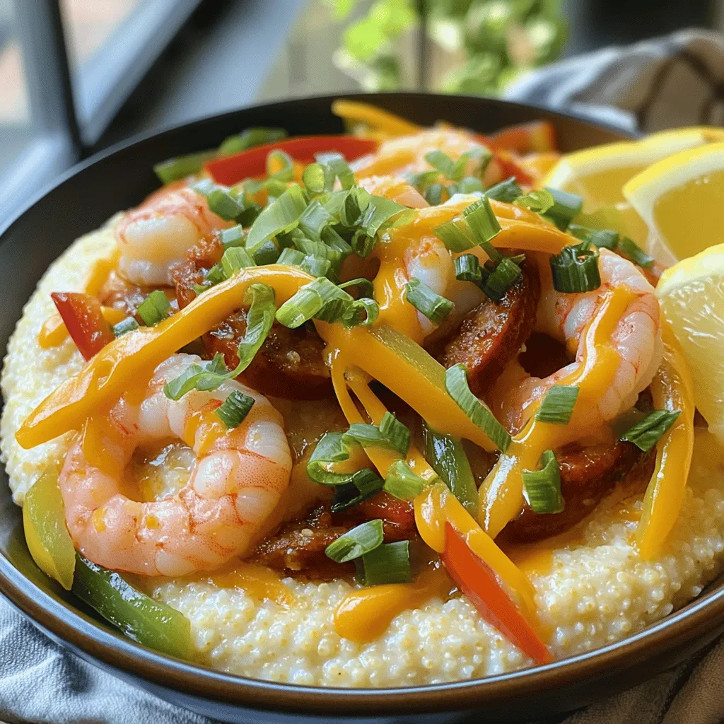 - 1 cup stone-ground grits - 4 cups water or chicken broth - 1 pound shrimp, peeled and deveined - 1/2 pound Andouille sausage, sliced into rounds - 1 tablespoon olive oil - 1 tablespoon unsalted butter - 1 bell pepper (choose red or green), diced - 1 small onion, diced - 2 garlic cloves, minced - 1 teaspoon smoked paprika - 1/2 teaspoon cayenne pepper (adjust to taste for spice) - Salt and freshly ground black pepper, to taste - 1 cup shredded sharp cheddar cheese - 1/4 cup chopped green onions, for garnish - Lemon wedges, for serving This list holds the key to making a warm dish of shrimp and grits. Stone-ground grits give a creamy base, while shrimp and Andouille sausage add flavor. Always pick fresh shrimp for the best taste. Andouille sausage brings a nice spice, giving depth to the dish. Use water or chicken broth to cook the grits; broth adds more flavor. The veggies, garlic, and spices create a rich aroma as they cook. Smoked paprika brings warmth, and cayenne pepper adds a kick. Salt and black pepper enhance all the flavors. The sharp cheddar cheese makes the grits extra creamy and rich. Green onions are a great garnish, adding color and freshness. Finally, lemon wedges brighten the dish, making each bite pop. For the full recipe, check out the Shrimp & Grits Delight with Andouille Sizzle. Start by bringing 4 cups of water or chicken broth to a boil in a medium saucepan. Once it bubbles, slowly whisk in 1 cup of stone-ground grits. Stir gently to avoid clumps. Lower the heat to let it simmer for 20-25 minutes. Stir occasionally to keep it from sticking. You want the grits to be thick and creamy. When they reach that point, add 1 cup of shredded sharp cheddar cheese and 1 tablespoon of butter. Stir well and season with salt and pepper to taste. Keep the mixture warm on low heat. In a large skillet, heat 1 tablespoon of olive oil over medium heat. Add the sliced Andouille sausage. Cook it for about 5-7 minutes until it gets a nice brown color and crispy edges. Once it’s done, take the sausage out of the skillet and set it aside on a plate. This will keep it warm for later. Using the same skillet, add the diced onion and bell pepper, along with 2 minced garlic cloves. Cook this mixture for about 5 minutes. Stir it around so it cooks evenly. The veggies should soften and let out a nice aroma. Now, push the sautéed veggies to one side of the skillet. On the other side, add 1 pound of peeled and deveined shrimp. Season the shrimp with 1 teaspoon of smoked paprika, 1/2 teaspoon of cayenne pepper, and some salt and black pepper. Cook the shrimp for about 3-4 minutes. They should turn pink and opaque. Stir the shrimp with the veggies to mix the flavors well. Once the shrimp are cooked, add the sausage back into the skillet. Mix everything together for about a minute. This helps heat it all through. Taste it and adjust the seasoning if needed. To serve, take a generous amount of the cheesy grits and spoon it onto each plate. Top it with the shrimp and sausage mix. For a fresh touch, sprinkle some chopped green onions on top. Serve lemon wedges on the side for a zesty kick. Enjoy your savory dish! To get the best texture, start with stone-ground grits. They give a creamy, rich taste. Cook them in water or chicken broth for more flavor. Stir often to avoid lumps. Aim for a smooth, thick consistency. For cheese options, I recommend sharp cheddar. It melts well and adds a great flavor. You can also try Gruyère or pepper jack for a twist. Mix the cheese in after cooking. This makes the grits extra creamy and delicious. Overcooking shrimp can ruin your dish. To avoid this, cook them just until they turn pink. This usually takes about 3 to 4 minutes on medium heat. Use fresh shrimp for the best taste. Check the shrimp's color as they cook. When they are opaque, they are done. Remove them from the heat right away. This keeps them tender. Adjusting spice levels is key. For a milder dish, use less cayenne pepper. If you love heat, add more! Always taste as you go. Fresh herbs, like parsley or cilantro, can really enhance the dish. Add them just before serving to keep their bright taste. This adds freshness and balance to the rich flavors of the shrimp and sausage. For the full recipe, check out the [Full Recipe]. {{image_4}} You can change your dish by swapping some ingredients. If you want a different sausage, try kielbasa or chorizo. Each gives a unique taste. You can also use shrimp alternatives, such as scallops. For cheese, try Gruyère or pepper jack for a kick. Both melt well and add great flavor. If you need a gluten-free meal, use corn grits. They taste just as good. For those on a low-carb diet, skip the grits and serve shrimp and sausage over sautéed cauliflower rice. This keeps your meal light and healthy while still being tasty. Adding more veggies can boost your dish. Try spinach, zucchini, or diced tomatoes. They add color and nutrients. You can also experiment with spices. A touch of cumin or garlic powder can enhance the flavor. If you want a different broth, seafood or vegetable broth works well. They add depth to the overall taste of the dish. For more details on making this dish, check the Full Recipe. To keep your shrimp and grits fresh, place them in an airtight container. This helps prevent any strong odors from seeping in. It’s best to store the shrimp and grits separately. They will stay good in the fridge for about 3 days. After that, the shrimp may lose quality, and the grits can get too thick. If you want to save some for later, you can freeze shrimp and grits. Make sure to cool them completely before freezing. Use freezer-safe bags or containers. Shrimp and grits can last up to 3 months in the freezer. When you're ready to enjoy, thaw them overnight in the fridge. For reheating, the best method is to use the stove. Add a splash of water or broth to the grits to keep them creamy. Heat them on low, stirring often. For the shrimp, reheat gently in a skillet. This helps keep them from getting tough. Avoid microwaving the grits, as this can make them mushy. Enjoy your meal warm and full of flavor! The best shrimp for Shrimp and Grits is large, fresh shrimp. Look for shrimp labeled "jumbo" or "extra-large." These sizes hold up well in cooking. Fresh shrimp has a sweet taste and firm texture. If fresh shrimp is not available, frozen shrimp works too. Just ensure you thaw it properly before cooking. Yes, you can make Shrimp and Grits ahead of time. Cook the grits and shrimp separately. Store them in airtight containers. When ready to serve, reheat the grits on the stove. Add a splash of water or broth to keep them creamy. Sauté the shrimp quickly in a skillet to warm them through. You can serve Shrimp and Grits with various sides. Fresh greens like collard greens or a simple salad pair well. You might also enjoy crusty bread or cornbread on the side. For a lighter option, try sliced cucumbers or tomatoes. Lemon wedges add a nice touch too. Shrimp and Grits with Andouille sausage can be mildly spicy. Andouille sausage has a kick, but you can adjust the heat. Use less cayenne pepper if you prefer milder flavors. You can also add hot sauce on the side for those who like it spicy. Shrimp and Grits originated in the Southern United States. It began as a breakfast dish in coastal areas. The dish combines shrimp with creamy grits. Over time, it evolved into a beloved dinner option. Today, it represents Southern comfort food at its best. For the full recipe, check out the Shrimp & Grits Delight with Andouille Sizzle. You now know how to make a delicious shrimp and grits dish. We covered every step, from the ingredients to storage tips. Remember, the key to great grits is the texture. Don’t rush the shrimp; cook it perfectly to enhance the dish. Feel free to customize by swapping ingredients or adjusting spices. This meal is not just tasty; it can fit any diet. Enjoy your cooking adventures, and share your creations with others!
