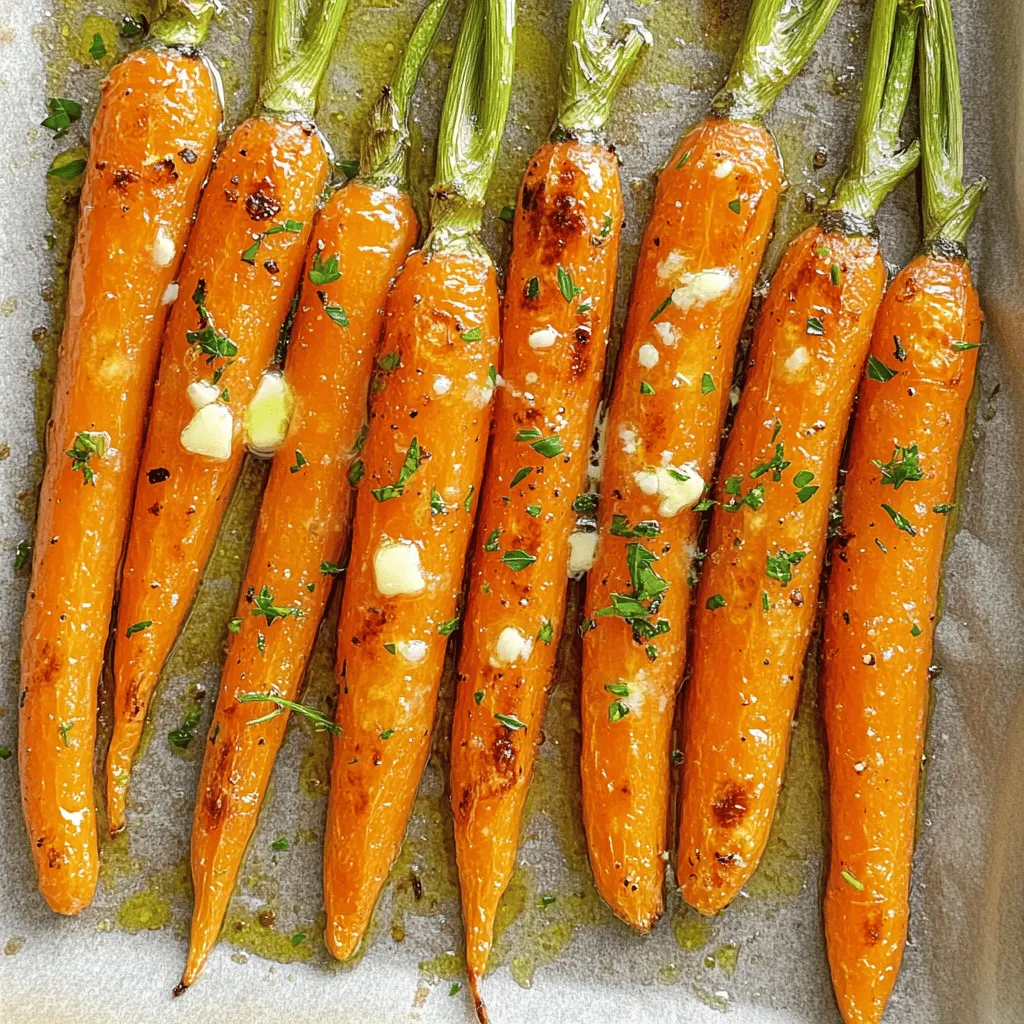 - 1 pound baby carrots (or regular carrots, peeled and cut into sticks) - 4 tablespoons unsalted butter, melted - 4 cloves garlic, finely minced - 1 teaspoon fresh thyme leaves (or ½ teaspoon dried thyme) - 1 teaspoon honey (optional) - Salt and freshly cracked black pepper to taste - Fresh parsley, finely chopped To make garlic butter roasted carrots, gather these simple ingredients. The baby carrots are sweet and tender. If you use regular carrots, peel and cut them into sticks. The melted butter adds richness, while minced garlic gives a bold flavor. Fresh thyme brings a nice herbal note. Honey is optional, but it adds a touch of sweetness. Season with salt and pepper to enhance the taste. Finally, fresh parsley adds color and freshness as a garnish. For the full recipe, check out the Garlic Butter Roasted Carrots section above. Enjoy cooking these delightful flavors! - Preheat oven to 425°F (220°C). - In a bowl, mix melted butter, minced garlic, thyme, and honey. Start with your oven. Preheating it to a high temperature helps the carrots roast well. This step is key for getting that nice caramelization. Next, prepare your garlic butter mixture. Combine the melted butter, minced garlic, thyme, and honey in a large bowl. Whisk until everything is mixed well. You want the garlic spread evenly through the butter. Season the mixture with salt and black pepper to taste. - Coat carrots with garlic butter mixture. - Arrange carrots on the baking sheet. Now, take your baby carrots and place them in the bowl with the garlic butter. Toss them gently until each carrot is coated in the butter mixture. This adds flavor to every bite. Then, grab a baking sheet lined with parchment paper. Spread the coated carrots out in a single layer. This helps them roast evenly and brown nicely. - Roast carrots in the oven for 25-30 minutes. - Toss halfway for even roasting. Put the baking sheet in your preheated oven. Roast the carrots for 25 to 30 minutes. Halfway through, take them out and give them a good toss. This step helps them cook evenly and become tender. You want the carrots to be fork-tender and have a light, caramel color. Once done, taste a few to check for seasoning. Adjust with more salt or pepper if needed. Just before serving, sprinkle with fresh parsley for a bright touch. Enjoy your garlic butter roasted carrots! For a complete guide, refer to the Full Recipe. Oven temperature is very important for roasting. I always preheat my oven to 425°F (220°C). This high heat helps the carrots caramelize well. Caramelization gives them a sweet, rich flavor. Spread the carrots out in a single layer on the baking sheet. This step helps them roast evenly. If they are too close together, they may steam instead. Halfway through roasting, I toss the carrots. This helps them brown on all sides. You can add more flavor to your garlic butter roasted carrots. Try spices like paprika or cumin for a kick. Fresh herbs like rosemary or dill also work great. If you want to change things up, add other veggies. Sweet potatoes or parsnips add sweetness. Mix them with the carrots for a colorful dish. Just remember to cut them to the same size for even cooking. Garlic butter roasted carrots pair well with many main dishes. They go nicely with grilled chicken or steak. You can also serve them next to fish for a light meal. For plating, arrange the carrots in a circle on the plate. Sprinkle some fresh parsley on top for color. This makes the dish look bright and inviting. Want to impress your guests? Use a colorful serving dish to show off the vibrant carrots. {{image_4}} You can use different types of carrots for this dish. Regular carrots work great when you peel and cut them. Baby carrots are easy and save time. They are small and sweet, perfect for roasting. You can also try colorful carrot medleys. These add bright colors and fun to your plate. Purple, yellow, and orange carrots can make your dish pop and taste great. You can change the flavor of garlic butter roasted carrots easily. For a sweet taste, add honey. It gives a nice balance to the garlic. If you want a savory kick, skip the honey. You might also add citrus zest like lemon or orange. This adds a zesty twist that brightens the dish. Fresh herbs like rosemary or dill can also enhance flavor. If you follow a vegan diet, you can swap out butter. Use plant-based butter instead. This keeps the dish creamy and flavorful. Garlic butter roasted carrots remain tasty without the dairy. For gluten-free options, this recipe is already gluten-free. Just ensure that any added ingredients, like seasoning, are gluten-free too. This way, everyone can enjoy this delightful dish. Store leftover garlic butter roasted carrots in the fridge. Place them in an airtight container. This helps keep them fresh. Make sure to cool the carrots before sealing the container. They will last for up to three days in the fridge. To reheat roasted carrots, the oven is the best choice. Preheat your oven to 350°F (175°C). Spread the carrots on a baking sheet. Bake for about 10 minutes until warm. If you want to keep them crispy, avoid using the microwave. The microwave can make them soft and mushy. If you want to freeze roasted carrots, first let them cool completely. Place them in a freezer-safe bag or container. Remove as much air as possible. This helps prevent freezer burn. Roasted carrots can last up to three months frozen. When you’re ready to eat them, thaw in the fridge overnight. Reheat in the oven for best results. Enjoy the same great flavor! Garlic butter roasted carrots can last about 3 to 5 days in the refrigerator. Store them in an airtight container to keep them fresh. If you want to keep them longer, you can freeze them. Frozen roasted carrots will last about 3 to 6 months. Just make sure to cool them completely before freezing. Yes, you can use many other vegetables for roasting. Here are some great options: - Parsnips: They have a sweet flavor and pair well with garlic. - Potatoes: Baby potatoes or cut regular ones can work nicely. - Brussels sprouts: They get crispy and add a nice crunch. - Bell peppers: They add color and sweetness to your dish. - Zucchini: This vegetable roasts quickly and adds a tender bite. You can also mix and match these vegetables with your carrots for a colorful medley. You will know the carrots are done roasting when they are fork-tender. They should also look slightly caramelized, with golden edges. A good way to check is to pierce them with a fork. If it goes in easily, they are ready. You can also taste one for seasoning and doneness. Roasting carrots with garlic butter is simple and tasty. You can mix ingredients, bake, and enjoy a great side dish. Remember to adjust flavors and try different carrots or herbs. Proper storage keeps leftovers fresh for later. Experimenting can make each meal special and fun. Try these tips, and you’ll enjoy delicious roasted carrots every time!