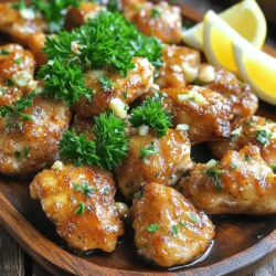 - 1 lb (450g) boneless chicken breast - 4 tablespoons unsalted butter - 4 cloves garlic - 1 teaspoon dried oregano - 1 teaspoon dried thyme - Fresh parsley and lemon wedges for garnish - Salt and pepper to taste - Red pepper flakes for heat - Parmesan cheese for added flavor - Additional herbs like basil or rosemary To make garlic butter chicken bites, you need the right ingredients. Start with fresh, boneless chicken breast. This meat cooks quickly and stays juicy. You’ll also need unsalted butter, which adds richness. Garlic is key for that strong flavor. Using fresh garlic cloves gives the best taste. Herbs like oregano and thyme add depth to the dish. Fresh parsley brightens things up when you garnish. Don’t forget salt and pepper—they bring the flavors together. You can also add red pepper flakes if you like heat. Parmesan cheese brings a cheesy touch, too. Feel free to mix in other herbs for fun twists. I recommend using the full recipe to guide you through the cooking process. Each ingredient plays a part in making these bites tasty and satisfying. Start by trimming any extra fat from the chicken breast. Cut the chicken into bite-sized pieces. This helps them cook evenly. Next, season the chicken with salt and pepper. This simple step adds great flavor to your dish. Heat 2 tablespoons of butter in a large skillet over medium heat. When the butter is bubbly, add the seasoned chicken pieces. Cook them in a single layer for 5-7 minutes. Wait until they turn golden brown and are no longer pink inside. Stir them occasionally to cook them evenly. Once cooked, remove the chicken from the skillet and set it aside. In the same skillet, add the remaining 2 tablespoons of butter. Once melted, add the minced garlic. Sauté the garlic for about 1 minute. Keep stirring until it becomes fragrant and lightly golden. Be careful not to burn the garlic, as it can spoil the dish. Return the cooked chicken to the skillet. Sprinkle in the dried oregano and thyme. Adjust the salt and pepper to your taste. Toss everything together until the chicken is coated in the garlic butter and herbs. Let it cook for 1-2 minutes. This time allows the flavors to meld perfectly. For a great finish, garnish the dish with freshly chopped parsley. This adds a bright touch. Serve with lemon wedges to squeeze over the chicken. The lemon adds zest and freshness to every bite. You can find the full recipe for Garlic Butter Chicken Bites in the earlier section. Enjoy your cooking! To keep your chicken tender and juicy, follow these tips: - Cut chicken into even bite-sized pieces. This helps them cook evenly. - Season the chicken well with salt and pepper before cooking. This adds great flavor. - Cook on medium heat. This prevents the outside from burning while the inside cooks. - Do not overcrowd the pan. Cook in batches if needed for even browning. When sautéing garlic, here’s how to do it right: - Use fresh garlic for the best taste. - Add garlic to the pan after the chicken has cooked. This keeps it from burning. - Sauté it for just one minute. You want it fragrant, not brown. Garlic butter chicken bites pair well with these side dishes: - Fluffy rice or quinoa makes a great base. - A fresh salad adds a nice crunch and color. - Roasted vegetables bring extra flavor to the meal. For an attractive presentation: - Use a large serving platter. Arrange the chicken bites nicely. - Drizzle leftover garlic butter over the chicken for a glossy look. - Add lemon wedges around the dish for a pop of color. To create fun variations, try these ideas: - Add red pepper flakes for a spicy kick. - Mix in shredded Parmesan cheese for a richer taste. - Experiment with herbs like basil or rosemary for a fresh twist. You can also use different spices to enhance the flavor. Just remember to keep the balance. Each addition can make your dish unique! {{image_4}} You can change the flavors of garlic butter chicken bites easily. Using different herbs can make a big impact. Try fresh basil for a sweet touch or rosemary for a woodsy flavor. Adding veggies can create a complete meal. Bell peppers, zucchini, or broccoli work well. Just chop them and cook them with the chicken. This adds color and nutrients to your dish. If you need gluten-free options, swap the butter for a gluten-free cooking oil. You can also check labels on all ingredients to ensure they are gluten-free. For low-carb or keto-friendly choices, use chicken thighs instead of breasts. You can add more herbs for flavor without adding carbs. You can make garlic butter chicken bites in different ways. Baking in the oven is easy and gives crispy edges. Preheat your oven to 400°F (200°C). Place the chicken on a baking sheet and coat it with garlic butter. Bake for 15-20 minutes until golden brown. Grilling is another fun method. It gives the chicken a smoky flavor. Use a grill pan or outdoor grill. Skewer the chicken bites and cook for about 5-7 minutes per side. Both methods keep the chicken juicy and tasty. For the full recipe, check the previous section. To store leftovers, let the chicken cool first. Place it in an airtight container. Store it in the fridge for up to three days. When you want to reheat, use a skillet or microwave. Heat it until it’s warm all the way through. This keeps the chicken juicy and tasty. You can freeze garlic butter chicken bites for later. First, let them cool completely. Then, transfer them to a freezer-safe container. Use freezer bags if you want to save space. Make sure to remove as much air as you can to avoid freezer burn. You can keep them frozen for up to three months. Leftovers can last in the fridge for about three days. In the freezer, they can last for about three months. Look for signs that chicken bites have gone bad. If they smell sour or have a strange color, it’s best to throw them away. Always trust your nose and eyes when checking for freshness. You should check the internal temperature of the chicken. The safe temperature for cooked chicken is 165°F (75°C). Use a meat thermometer for accuracy. Insert it in the thickest part of the chicken. If it reads 165°F, your chicken is ready to eat. Yes, you can use frozen chicken breasts. However, you must thaw them before cooking. The best way to thaw is in the fridge overnight. If you're in a hurry, you can use the microwave. Once thawed, follow the recipe as usual. This ensures even cooking and great flavor. Garlic butter chicken bites pair well with many sides. Here are some suggestions: - Steamed broccoli or green beans - Rice or quinoa for a hearty meal - A fresh salad with a light dressing - Mashed potatoes for comfort food - Lemonade or iced tea to drink These sides balance the rich flavors of the chicken bites. Enjoy your meal! This blog post shared the essentials for making garlic butter chicken bites. You learned about required ingredients, cooking methods, and serving ideas. I also highlighted storage tips and variations to keep meals exciting. Remember, cooking is all about experimenting and enjoying the process. Use different herbs or methods to make this recipe your own. With these steps, you'll create tasty dishes every time. Enjoy your cooking journey!
