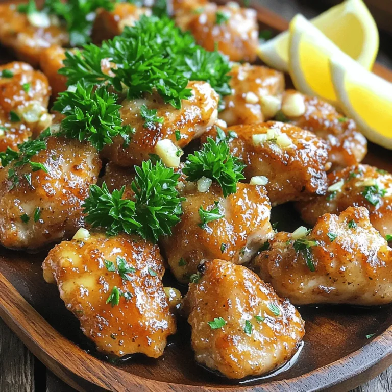 - 1 lb (450g) boneless chicken breast - 4 tablespoons unsalted butter - 4 cloves garlic - 1 teaspoon dried oregano - 1 teaspoon dried thyme - Fresh parsley and lemon wedges for garnish - Salt and pepper to taste - Red pepper flakes for heat - Parmesan cheese for added flavor - Additional herbs like basil or rosemary To make garlic butter chicken bites, you need the right ingredients. Start with fresh, boneless chicken breast. This meat cooks quickly and stays juicy. You’ll also need unsalted butter, which adds richness. Garlic is key for that strong flavor. Using fresh garlic cloves gives the best taste. Herbs like oregano and thyme add depth to the dish. Fresh parsley brightens things up when you garnish. Don’t forget salt and pepper—they bring the flavors together. You can also add red pepper flakes if you like heat. Parmesan cheese brings a cheesy touch, too. Feel free to mix in other herbs for fun twists. I recommend using the full recipe to guide you through the cooking process. Each ingredient plays a part in making these bites tasty and satisfying. Start by trimming any extra fat from the chicken breast. Cut the chicken into bite-sized pieces. This helps them cook evenly. Next, season the chicken with salt and pepper. This simple step adds great flavor to your dish. Heat 2 tablespoons of butter in a large skillet over medium heat. When the butter is bubbly, add the seasoned chicken pieces. Cook them in a single layer for 5-7 minutes. Wait until they turn golden brown and are no longer pink inside. Stir them occasionally to cook them evenly. Once cooked, remove the chicken from the skillet and set it aside. In the same skillet, add the remaining 2 tablespoons of butter. Once melted, add the minced garlic. Sauté the garlic for about 1 minute. Keep stirring until it becomes fragrant and lightly golden. Be careful not to burn the garlic, as it can spoil the dish. Return the cooked chicken to the skillet. Sprinkle in the dried oregano and thyme. Adjust the salt and pepper to your taste. Toss everything together until the chicken is coated in the garlic butter and herbs. Let it cook for 1-2 minutes. This time allows the flavors to meld perfectly. For a great finish, garnish the dish with freshly chopped parsley. This adds a bright touch. Serve with lemon wedges to squeeze over the chicken. The lemon adds zest and freshness to every bite. You can find the full recipe for Garlic Butter Chicken Bites in the earlier section. Enjoy your cooking! To keep your chicken tender and juicy, follow these tips: - Cut chicken into even bite-sized pieces. This helps them cook evenly. - Season the chicken well with salt and pepper before cooking. This adds great flavor. - Cook on medium heat. This prevents the outside from burning while the inside cooks. - Do not overcrowd the pan. Cook in batches if needed for even browning. When sautéing garlic, here’s how to do it right: - Use fresh garlic for the best taste. - Add garlic to the pan after the chicken has cooked. This keeps it from burning. - Sauté it for just one minute. You want it fragrant, not brown. Garlic butter chicken bites pair well with these side dishes: - Fluffy rice or quinoa makes a great base. - A fresh salad adds a nice crunch and color. - Roasted vegetables bring extra flavor to the meal. For an attractive presentation: - Use a large serving platter. Arrange the chicken bites nicely. - Drizzle leftover garlic butter over the chicken for a glossy look. - Add lemon wedges around the dish for a pop of color. To create fun variations, try these ideas: - Add red pepper flakes for a spicy kick. - Mix in shredded Parmesan cheese for a richer taste. - Experiment with herbs like basil or rosemary for a fresh twist. You can also use different spices to enhance the flavor. Just remember to keep the balance. Each addition can make your dish unique! {{image_4}} You can change the flavors of garlic butter chicken bites easily. Using different herbs can make a big impact. Try fresh basil for a sweet touch or rosemary for a woodsy flavor. Adding veggies can create a complete meal. Bell peppers, zucchini, or broccoli work well. Just chop them and cook them with the chicken. This adds color and nutrients to your dish. If you need gluten-free options, swap the butter for a gluten-free cooking oil. You can also check labels on all ingredients to ensure they are gluten-free. For low-carb or keto-friendly choices, use chicken thighs instead of breasts. You can add more herbs for flavor without adding carbs. You can make garlic butter chicken bites in different ways. Baking in the oven is easy and gives crispy edges. Preheat your oven to 400°F (200°C). Place the chicken on a baking sheet and coat it with garlic butter. Bake for 15-20 minutes until golden brown. Grilling is another fun method. It gives the chicken a smoky flavor. Use a grill pan or outdoor grill. Skewer the chicken bites and cook for about 5-7 minutes per side. Both methods keep the chicken juicy and tasty. For the full recipe, check the previous section. To store leftovers, let the chicken cool first. Place it in an airtight container. Store it in the fridge for up to three days. When you want to reheat, use a skillet or microwave. Heat it until it’s warm all the way through. This keeps the chicken juicy and tasty. You can freeze garlic butter chicken bites for later. First, let them cool completely. Then, transfer them to a freezer-safe container. Use freezer bags if you want to save space. Make sure to remove as much air as you can to avoid freezer burn. You can keep them frozen for up to three months. Leftovers can last in the fridge for about three days. In the freezer, they can last for about three months. Look for signs that chicken bites have gone bad. If they smell sour or have a strange color, it’s best to throw them away. Always trust your nose and eyes when checking for freshness. You should check the internal temperature of the chicken. The safe temperature for cooked chicken is 165°F (75°C). Use a meat thermometer for accuracy. Insert it in the thickest part of the chicken. If it reads 165°F, your chicken is ready to eat. Yes, you can use frozen chicken breasts. However, you must thaw them before cooking. The best way to thaw is in the fridge overnight. If you're in a hurry, you can use the microwave. Once thawed, follow the recipe as usual. This ensures even cooking and great flavor. Garlic butter chicken bites pair well with many sides. Here are some suggestions: - Steamed broccoli or green beans - Rice or quinoa for a hearty meal - A fresh salad with a light dressing - Mashed potatoes for comfort food - Lemonade or iced tea to drink These sides balance the rich flavors of the chicken bites. Enjoy your meal! This blog post shared the essentials for making garlic butter chicken bites. You learned about required ingredients, cooking methods, and serving ideas. I also highlighted storage tips and variations to keep meals exciting. Remember, cooking is all about experimenting and enjoying the process. Use different herbs or methods to make this recipe your own. With these steps, you'll create tasty dishes every time. Enjoy your cooking journey!