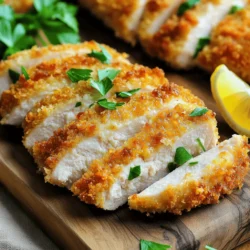 - 4 boneless, skinless chicken breasts - 1 cup grated Parmesan cheese - 1 cup panko breadcrumbs - 1 teaspoon garlic powder - 1 teaspoon onion powder - 1 teaspoon Italian seasoning - 1/4 cup all-purpose flour - 2 large eggs - Olive oil spray Gather these ingredients to make a tasty dish. The chicken breasts provide a lean protein. Parmesan cheese adds a rich, savory flavor. Panko breadcrumbs give a satisfying crunch. For seasoning, garlic powder, onion powder, and Italian seasoning bring depth to the dish. Flour helps the coating stick, while eggs bind everything together. A light spray of olive oil helps achieve that golden crispiness. Using these fresh ingredients ensures a delicious meal. Make sure to select high-quality Parmesan cheese for the best taste. If you want an extra crunch, consider using more panko. This recipe is simple, fun, and perfect for weeknight dinners. Check out the Full Recipe for more details on how to make it! First, set your oven to 400°F (200°C). This high temperature helps make the chicken crispy. Next, grab a baking sheet and line it with parchment paper. This step stops the chicken from sticking and makes cleanup easier. Now, let’s get organized. You need three shallow bowls. In the first bowl, add all-purpose flour, seasoned lightly with salt and pepper. In the second bowl, crack two large eggs. Beat the eggs until the yolks mix well with the whites. For the third bowl, combine grated Parmesan cheese, panko breadcrumbs, chopped parsley, garlic powder, onion powder, Italian seasoning, and a pinch of salt and pepper. Mix it well. This mixture gives your chicken a tasty crust. Take one chicken breast. First, dip it into the flour. Shake off any extra flour. Next, dip it into the beaten eggs. Let the excess egg drip back into the bowl. Finally, place it in the Parmesan breadcrumb mixture. Press down gently so the crumbs stick well. Repeat this for each chicken breast. Make sure each piece is evenly coated. This step is key to getting that perfect crunch. To make your chicken super crispy, use panko breadcrumbs. They add a great crunch. Regular breadcrumbs won’t give you the same texture. For an extra boost, spray the chicken lightly with olive oil. This helps the coating brown nicely in the oven. You want that golden color that makes your dish pop. To keep your chicken moist, let it rest after baking. This resting period allows the juices to settle back into the meat. Check the internal temperature too. It should reach 165°F (75°C). This ensures your chicken is safe to eat and perfectly cooked. For a nice presentation, serve the chicken on a wooden cutting board. Slice it into strips for easy serving. A sprinkle of fresh parsley adds color and freshness. Don’t forget a lemon wedge on the side. It brightens up the dish and enhances the flavors. {{image_4}} You can make this dish even tastier by adding other cheeses. Try mixing in some shredded mozzarella or a bit of sharp cheddar. This gives the chicken a nice gooey texture. You can also sprinkle some feta cheese on top before baking for a tangy kick. Herbs can change the flavor too. Add fresh basil, oregano, or thyme to the breadcrumb mix. These herbs bring a fresh taste that pairs well with the cheese. You can even use a mix of dried herbs for an easy boost in flavor. To add a kick, consider adding spices. Try paprika, cumin, or chili powder for a warm flavor. Just a teaspoon can make a big difference! You can also mix in some crushed red pepper flakes to make it spicy. Adjust the amount based on your heat preference. If you want a savory touch, add some smoked paprika or a dash of cayenne pepper. These spices will give the chicken a rich depth of flavor. You can also blend them with the cheese for added taste. You can use an air fryer for a quicker dish. Set the air fryer to 375°F (190°C) and cook for about 15-20 minutes. Make sure to check the chicken to avoid overcooking. The result will be a crispy outside with juicy meat inside. Grilling is another fun option. Preheat your grill and cook the chicken for about 5-7 minutes on each side. This gives it a nice smoky flavor that pairs well with the cheese. You can also wrap the chicken in foil for a tender finish. For every method, watch the internal temperature closely. It should reach 165°F (75°C) for safe eating. Enjoy your crispy and delicious baked Parmesan crusted chicken! You should store leftover chicken in an airtight container. This keeps it fresh. Place the chicken in the fridge right after it cools. It will last for about 3 to 4 days. Make sure to label the container with the date so you can keep track. You can freeze the chicken to enjoy later. Wrap each piece in plastic wrap tightly. Then, place them in a freezer bag or container. This helps prevent freezer burn. The chicken can stay frozen for up to 3 months. When you're ready to eat, thaw it in the fridge overnight. This keeps it safe and tasty. To reheat chicken, use the oven for the best results. Preheat it to 350°F (175°C). Place the chicken on a baking sheet and cover it with foil. Bake for about 15-20 minutes until it’s hot. This keeps it crispy. You can also use the microwave if you’re in a hurry. But, be careful as it can make the chicken soggy. If using the microwave, heat it in short bursts and check often. To check if your chicken is done, use a meat thermometer. The internal temperature should reach 165°F (75°C). This ensures it is safe to eat. You can also look for visual cues. The chicken should be golden brown on the outside. The juices should run clear when you cut into it. No pink should be visible inside. Yes, you can easily adapt this recipe. For breadcrumbs, you can use gluten-free options. Look for gluten-free panko or crushed rice cereal as a substitute. For flour, try almond flour or coconut flour. Both work well in this recipe. Just remember to adjust the amounts to get the right texture. This chicken goes well with many sides. A simple green salad adds freshness. You can mix greens with tomatoes, cucumbers, and a light vinaigrette. Roasted vegetables like broccoli or asparagus also complement it nicely. You could even serve it with mashed potatoes for a hearty meal. The full recipe includes steps to coat and bake the chicken. It also lists all the ingredients needed. You can find the complete recipe here: [Full Recipe]. Baked Parmesan Crusted Chicken combines simple ingredients for a delicious meal. We discussed main ingredients, like chicken breasts and panko breadcrumbs, and important seasonings. You learned how to prep the breading station and coat the chicken to achieve that perfect crispiness. With tips on variations, storage, and reheating, you can enjoy this dish at its best. Remember, a few tweaks can personalize the flavor. Whether you’re dining solo or hosting a gathering, this recipe guarantees satisfaction. Make it your own and enjoy every bite!