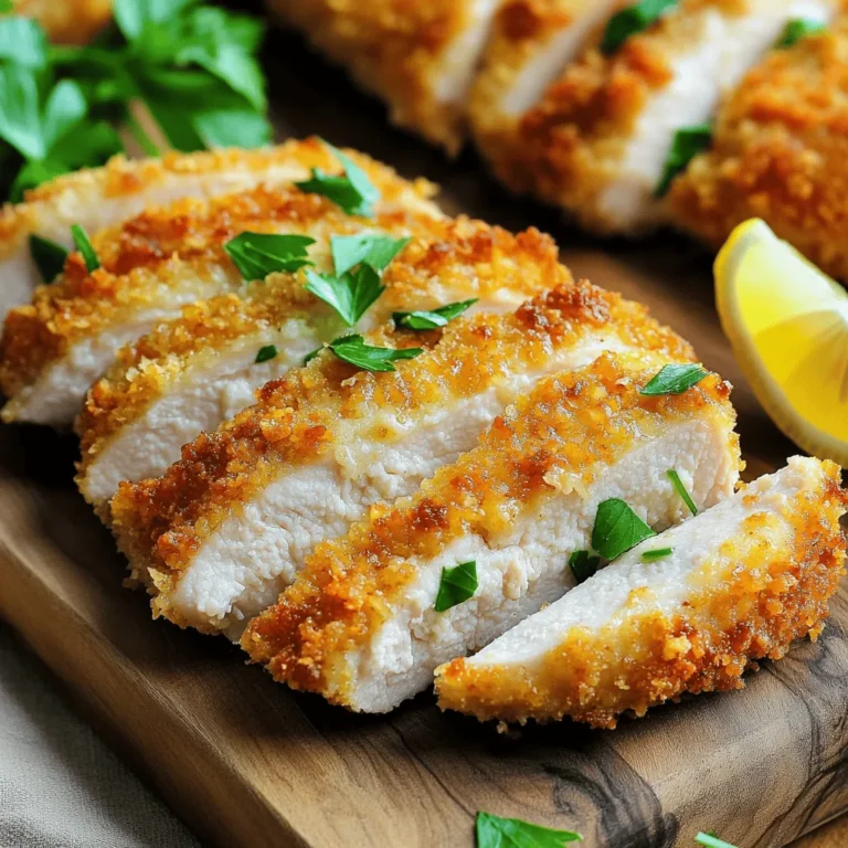 - 4 boneless, skinless chicken breasts - 1 cup grated Parmesan cheese - 1 cup panko breadcrumbs - 1 teaspoon garlic powder - 1 teaspoon onion powder - 1 teaspoon Italian seasoning - 1/4 cup all-purpose flour - 2 large eggs - Olive oil spray Gather these ingredients to make a tasty dish. The chicken breasts provide a lean protein. Parmesan cheese adds a rich, savory flavor. Panko breadcrumbs give a satisfying crunch. For seasoning, garlic powder, onion powder, and Italian seasoning bring depth to the dish. Flour helps the coating stick, while eggs bind everything together. A light spray of olive oil helps achieve that golden crispiness. Using these fresh ingredients ensures a delicious meal. Make sure to select high-quality Parmesan cheese for the best taste. If you want an extra crunch, consider using more panko. This recipe is simple, fun, and perfect for weeknight dinners. Check out the Full Recipe for more details on how to make it! First, set your oven to 400°F (200°C). This high temperature helps make the chicken crispy. Next, grab a baking sheet and line it with parchment paper. This step stops the chicken from sticking and makes cleanup easier. Now, let’s get organized. You need three shallow bowls. In the first bowl, add all-purpose flour, seasoned lightly with salt and pepper. In the second bowl, crack two large eggs. Beat the eggs until the yolks mix well with the whites. For the third bowl, combine grated Parmesan cheese, panko breadcrumbs, chopped parsley, garlic powder, onion powder, Italian seasoning, and a pinch of salt and pepper. Mix it well. This mixture gives your chicken a tasty crust. Take one chicken breast. First, dip it into the flour. Shake off any extra flour. Next, dip it into the beaten eggs. Let the excess egg drip back into the bowl. Finally, place it in the Parmesan breadcrumb mixture. Press down gently so the crumbs stick well. Repeat this for each chicken breast. Make sure each piece is evenly coated. This step is key to getting that perfect crunch. To make your chicken super crispy, use panko breadcrumbs. They add a great crunch. Regular breadcrumbs won’t give you the same texture. For an extra boost, spray the chicken lightly with olive oil. This helps the coating brown nicely in the oven. You want that golden color that makes your dish pop. To keep your chicken moist, let it rest after baking. This resting period allows the juices to settle back into the meat. Check the internal temperature too. It should reach 165°F (75°C). This ensures your chicken is safe to eat and perfectly cooked. For a nice presentation, serve the chicken on a wooden cutting board. Slice it into strips for easy serving. A sprinkle of fresh parsley adds color and freshness. Don’t forget a lemon wedge on the side. It brightens up the dish and enhances the flavors. {{image_4}} You can make this dish even tastier by adding other cheeses. Try mixing in some shredded mozzarella or a bit of sharp cheddar. This gives the chicken a nice gooey texture. You can also sprinkle some feta cheese on top before baking for a tangy kick. Herbs can change the flavor too. Add fresh basil, oregano, or thyme to the breadcrumb mix. These herbs bring a fresh taste that pairs well with the cheese. You can even use a mix of dried herbs for an easy boost in flavor. To add a kick, consider adding spices. Try paprika, cumin, or chili powder for a warm flavor. Just a teaspoon can make a big difference! You can also mix in some crushed red pepper flakes to make it spicy. Adjust the amount based on your heat preference. If you want a savory touch, add some smoked paprika or a dash of cayenne pepper. These spices will give the chicken a rich depth of flavor. You can also blend them with the cheese for added taste. You can use an air fryer for a quicker dish. Set the air fryer to 375°F (190°C) and cook for about 15-20 minutes. Make sure to check the chicken to avoid overcooking. The result will be a crispy outside with juicy meat inside. Grilling is another fun option. Preheat your grill and cook the chicken for about 5-7 minutes on each side. This gives it a nice smoky flavor that pairs well with the cheese. You can also wrap the chicken in foil for a tender finish. For every method, watch the internal temperature closely. It should reach 165°F (75°C) for safe eating. Enjoy your crispy and delicious baked Parmesan crusted chicken! You should store leftover chicken in an airtight container. This keeps it fresh. Place the chicken in the fridge right after it cools. It will last for about 3 to 4 days. Make sure to label the container with the date so you can keep track. You can freeze the chicken to enjoy later. Wrap each piece in plastic wrap tightly. Then, place them in a freezer bag or container. This helps prevent freezer burn. The chicken can stay frozen for up to 3 months. When you're ready to eat, thaw it in the fridge overnight. This keeps it safe and tasty. To reheat chicken, use the oven for the best results. Preheat it to 350°F (175°C). Place the chicken on a baking sheet and cover it with foil. Bake for about 15-20 minutes until it’s hot. This keeps it crispy. You can also use the microwave if you’re in a hurry. But, be careful as it can make the chicken soggy. If using the microwave, heat it in short bursts and check often. To check if your chicken is done, use a meat thermometer. The internal temperature should reach 165°F (75°C). This ensures it is safe to eat. You can also look for visual cues. The chicken should be golden brown on the outside. The juices should run clear when you cut into it. No pink should be visible inside. Yes, you can easily adapt this recipe. For breadcrumbs, you can use gluten-free options. Look for gluten-free panko or crushed rice cereal as a substitute. For flour, try almond flour or coconut flour. Both work well in this recipe. Just remember to adjust the amounts to get the right texture. This chicken goes well with many sides. A simple green salad adds freshness. You can mix greens with tomatoes, cucumbers, and a light vinaigrette. Roasted vegetables like broccoli or asparagus also complement it nicely. You could even serve it with mashed potatoes for a hearty meal. The full recipe includes steps to coat and bake the chicken. It also lists all the ingredients needed. You can find the complete recipe here: [Full Recipe]. Baked Parmesan Crusted Chicken combines simple ingredients for a delicious meal. We discussed main ingredients, like chicken breasts and panko breadcrumbs, and important seasonings. You learned how to prep the breading station and coat the chicken to achieve that perfect crispiness. With tips on variations, storage, and reheating, you can enjoy this dish at its best. Remember, a few tweaks can personalize the flavor. Whether you’re dining solo or hosting a gathering, this recipe guarantees satisfaction. Make it your own and enjoy every bite!