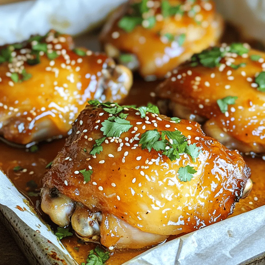 - 4 bone-in, skin-on chicken thighs - 1/4 cup honey - 3 tablespoons low sodium soy sauce - 3 cloves of garlic, finely minced - 1 tablespoon fresh ginger, finely grated - 2 tablespoons apple cider vinegar - 1 tablespoon sesame oil - Salt and freshly ground black pepper to taste - Fresh cilantro, finely chopped (for garnish) - Toasted sesame seeds (for garnish) Honey gives the dish its sweet flavor. I prefer to use local honey for freshness. Low sodium soy sauce keeps the dish flavorful without being too salty. Fresh ginger adds a nice kick and depth. Use fresh garlic for the best taste. If you don’t have honey, maple syrup works well too. You can replace the soy sauce with tamari for a gluten-free option. For ginger, ground ginger can substitute in a pinch. If you want a milder taste, use less garlic. To make the marinade, grab a medium bowl. Add the following items: - 1/4 cup honey - 3 tablespoons low sodium soy sauce - 3 cloves of garlic, finely minced - 1 tablespoon fresh ginger, finely grated - 2 tablespoons apple cider vinegar - 1 tablespoon sesame oil - A pinch of salt and pepper Whisk these ingredients together until smooth. This blend gives the chicken a sweet and savory taste. The garlic and ginger add a wonderful kick. Next, you need 4 bone-in, skin-on chicken thighs. Place them in a resealable plastic bag or a shallow dish. Pour the marinade over the chicken. Make sure each piece is well-coated. Seal the bag or cover the dish. Let the chicken marinate in the fridge for at least one hour. If you have time, marinate it overnight for more flavor. Now it's time to bake! Preheat your oven to 400°F (200°C). To make cleanup easier, line a baking dish with parchment paper. Take the chicken out of the marinade. Let any extra marinade drip off, then place the thighs skin-side up in the dish. Keep the leftover marinade for later. Bake the chicken for 25 to 30 minutes. Look for a golden skin and check that the internal temperature reaches 165°F (74°C). While the chicken cooks, pour the reserved marinade into a saucepan. Bring it to a boil over medium heat. Let it simmer for about 5 to 7 minutes until it thickens. Once the chicken is done, brush the thickened marinade over the thighs. Put them back in the oven for 5 to 10 minutes. This creates a sticky glaze. After baking, let the chicken rest for a few minutes. This helps keep it juicy. Garnish with chopped cilantro and toasted sesame seeds before serving. Enjoy your sticky honey garlic chicken thighs! Don't forget to check the Full Recipe for more details. To get juicy chicken thighs, start with bone-in, skin-on pieces. The skin adds flavor and keeps the meat moist. Make sure to preheat your oven to 400°F (200°C). This high heat gives the skin a nice crisp. When baking, use a lined pan. It helps with easy cleanup. Bake the thighs for 25 to 30 minutes. Check that the internal temperature is 165°F (74°C) for safety. A good marinade is key for flavor. Combine honey, soy sauce, garlic, ginger, and vinegar in a bowl. Whisk it well until smooth. Soak the chicken in this mix for at least one hour. For even more flavor, let it marinate overnight. This allows the meat to absorb all those tasty flavors. Don’t forget to set aside some marinade for later. You will brush it on during baking. Presentation makes a dish special. Serve your honey garlic chicken thighs on a colorful plate. A rustic wooden platter adds charm. Pair it with steamed jasmine rice and bright veggies. This creates a beautiful and tasty meal. For final touches, sprinkle with fresh cilantro and toasted sesame seeds. This adds color and a fresh taste. Trust me; it looks great and tastes even better. You can check the Full Recipe for more details. {{image_4}} You can add fun flavors to honey garlic chicken thighs. Try lime juice for a zesty kick. You can also mix in chili flakes for some heat. For a sweet touch, add orange juice or zest. Each twist makes the dish unique. Grilling gives chicken thighs a smoky flavor. It’s quick and creates nice grill marks. Simply marinate the chicken, then grill on medium heat. Aim for about 6-8 minutes on each side. Baking is easy and hands-off. Just follow the recipe. The chicken becomes juicy and crispy in the oven. Both methods work well, so choose what you prefer. If you want to skip soy sauce, there are tasty options. Coconut aminos work well as a substitute. It’s less salty and has a slight sweetness. You can also use tamari for a gluten-free choice. For a different flavor, try using Worcestershire sauce. Adjust the amount to fit your taste. You can find more ideas in the [Full Recipe]. Store any leftover honey garlic chicken thighs in an airtight container. Ensure you let them cool before sealing. Place them in the fridge within two hours after cooking. They will stay fresh for up to three days. You can also keep the sauce separate to maintain the chicken's texture. To reheat your chicken, the oven is best. Preheat it to 350°F (175°C). Place the chicken on a baking sheet and cover it with foil. Heat for about 15 to 20 minutes, or until it's warm. This keeps the chicken juicy and the skin crispy. You can also use a microwave, but the skin won't be as crispy. Heat on medium power for 1 to 2 minutes. You can freeze honey garlic chicken thighs for later use. Wrap each thigh tightly in plastic wrap, then place them in a freezer bag. Remove as much air as possible. They will last for up to three months in the freezer. When ready to eat, thaw them overnight in the fridge and reheat as mentioned above. Yes, you can use chicken breast. Breasts cook faster than thighs. They may not be as juicy, but they can work. Just watch the cooking time. Bake until they reach 165°F. You might also want to add more marinade for flavor. Many sides go well with honey garlic chicken. Here are some ideas: - Steamed jasmine rice - Roasted vegetables - Garlic mashed potatoes - Stir-fried greens - A fresh garden salad These sides will balance the sweet and savory taste of the chicken. To make more servings, simply multiply the ingredients. Each chicken thigh is about one serving. You can double or triple the recipe as needed. Just ensure your baking dish is big enough. You may need to adjust the baking time. Check the internal temperature to ensure it reaches 165°F. For the full recipe, visit the dedicated section above and enjoy cooking! In this blog post, we explored key ingredients, cooking steps, and variations for honey garlic chicken thighs. I shared tips for great flavor and perfect cooking methods. You now know how to store and reheat leftovers effectively. Remember, the key to a delicious meal lies in both quality and technique. Try the different variations and enjoy unique flavors in your kitchen. With these tips, you can confidently create a tasty dish each time. Happy cooking!