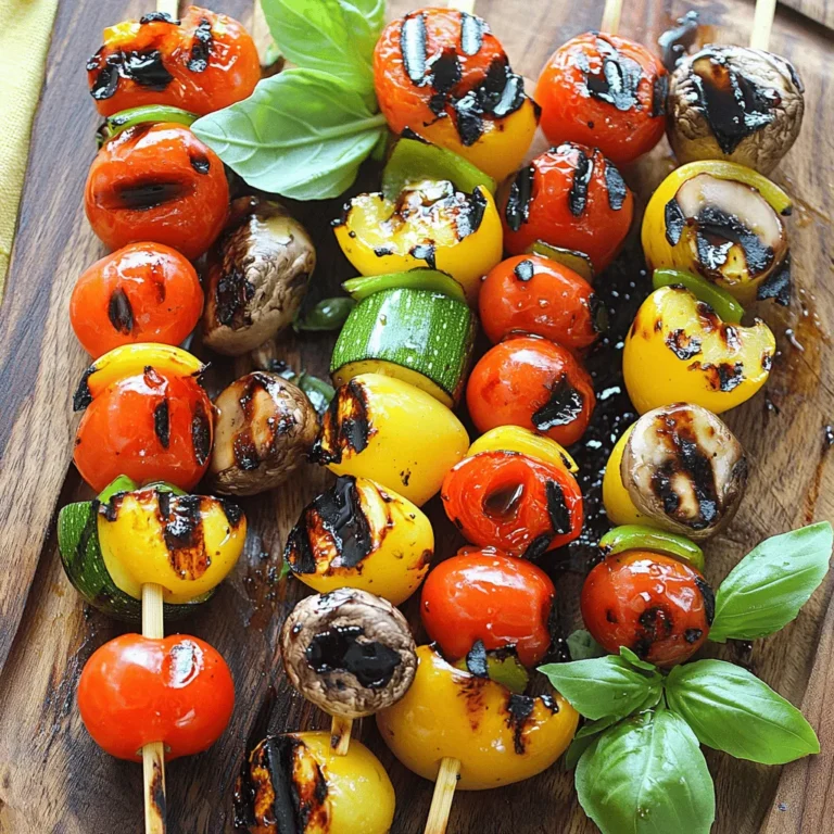 - 1 large zucchini, sliced into half-moons - 1 bell pepper (red or yellow), cut into chunks - 1 red onion, cut into wedges - 8 cherry tomatoes, whole - 1 cup mushrooms, stems removed - 2 tablespoons extra virgin olive oil - 1 tablespoon balsamic vinegar - 1 teaspoon garlic powder - 1 teaspoon dried oregano - Salt and pepper to taste - Fresh basil leaves for garnish When making grilled vegetable skewers, fresh ingredients shine. Each vegetable adds rich flavor and color. For instance, zucchini provides a mild taste. Bell peppers add sweetness, while onions bring a sharp bite. Cherry tomatoes burst with juice when grilled. Mushrooms have a meaty texture. Together, they create a delightful mix. The marinade is key to infusing flavor. Extra virgin olive oil adds richness. Balsamic vinegar gives a sweet tang. Garlic powder enhances the savory notes, while oregano adds depth. Salt and pepper balance the flavors well. Fresh basil leaves complete the dish with a fragrant touch. - Skewers (wooden or metal) - Grill - Mixing bowls - Whisk Having the right tools makes cooking easier. Skewers hold your veggies together for grilling. A grill gives those beautiful marks and smoky flavor. Mixing bowls help combine ingredients smoothly. A whisk is perfect for blending the marinade. Each piece of equipment plays a role in making your skewers a success. For the full recipe, check the section on step-by-step instructions. - Preheat the grill to medium-high heat. - Soak wooden skewers if using. This step is important to keep your skewers from burning. If you're using metal skewers, you can skip soaking them. A hot grill helps cook the veggies quickly while giving them nice grill marks. - Combine all vegetables in a large bowl. - Whisk marinade ingredients in a separate bowl. Mix zucchini, bell pepper, onion, cherry tomatoes, and mushrooms in a bowl. Each vegetable adds color and flavor. Next, whisk extra virgin olive oil, balsamic vinegar, garlic powder, and dried oregano in another bowl. This marinade brings out the best in your veggies. - Drizzle marinade on vegetables and coat evenly. - Thread vegetables onto skewers and grill for 8-10 minutes. Pour the marinade over the veggies and toss them well. This ensures every bite bursts with flavor. Now, thread the colorful veggies onto your skewers. Aim for a mix of shapes and colors for a stunning look. Place the skewers on the grill. Cook for about 8-10 minutes, turning them often. This helps grill them evenly. You'll know they're ready when they become tender with appealing grill marks. For the full recipe, check the main article. - Turn skewers occasionally for even cooking. - Ensure vegetables are similar in size for even grilling. When you grill vegetable skewers, rotating them helps cook all sides evenly. If one side sits too long, it may burn. Keep an eye on your veggies and turn them every few minutes. Also, try to cut your vegetables into similar sizes. This way, they will cook at the same rate. For example, cut zucchini and bell peppers into 1-inch pieces. - Experiment with different marinades (e.g., teriyaki, lemon herb). - Add spices like cayenne or smoked paprika for heat. Marinades can change the whole taste of your skewer. Try using teriyaki sauce for a sweet twist or lemon herb for a zesty kick. You can also add spices like cayenne for heat or smoked paprika for a rich flavor. Don’t be afraid to get creative! - Serve on a platter with drizzle of marinade. - Garnish with fresh basil for visual appeal. Presentation makes a big difference. Serve your skewers on a bright platter and drizzle with any leftover marinade. This adds flavor and looks nice. Fresh basil leaves on top not only add color but also a fresh aroma. These small touches turn simple skewers into a feast for the eyes! For the full recipe, check out the details above. {{image_4}} You can mix and match vegetables to create exciting flavors. Try using asparagus instead of zucchini for a crunchy twist. Asparagus brings a fresh taste that complements other veggies well. Adding eggplant or squash can also enhance the flavor. They have a lovely texture that grills beautifully. Experimenting with different combinations keeps your skewers fun and interesting. While balsamic vinegar shines in the marinade, you can switch it up. Try using pesto instead. Pesto adds a rich, herby flavor that makes the vegetables sing. You can also create a creamy finish by adding a yogurt-based sauce. This gives a nice contrast to the smoky grilled flavors. Each option opens new taste adventures. To make your skewers heartier, consider adding some protein. Tofu or halloumi cheese works great. They soak up flavors and add a nice chew. You can also marinate chicken for a more filling meal. It pairs well with the grilled veggies and adds depth. Mixing proteins lets you create a complete dish everyone will enjoy. You can keep your grilled vegetable skewers fresh by storing them properly. Place the leftovers in an airtight container and refrigerate for up to three days. When you’re ready to enjoy them again, reheat gently. Use the oven or grill for the best results. This method keeps the flavors intact and the vegetables tender. If you want to save some skewers for later, freezing is a great choice. Freeze the skewers before grilling them for longer storage. Just remember to prepare them well. When you’re ready to cook, thaw the skewers in the refrigerator overnight. This way, they will be ready for grilling and still taste great. Soak for at least 30 minutes to prevent burning. This simple step keeps your skewers from catching fire on the grill. It also helps them hold up better during cooking, letting the flavors shine. Fresh vegetables are recommended for best flavor, but frozen can be used. Frozen veggies may lack the same crispness, but they still cook well. If you choose frozen, thaw them first for even grilling. A medium-high heat of around 400°F is ideal for grilling vegetable skewers. This temperature allows the veggies to cook through while getting those nice grill marks. You want them tender yet still vibrant and colorful. In this article, you learned how to make tasty vegetable skewers. We covered the key ingredients, tools needed, and steps for grilling. I shared tips for improving flavor and presentation. You can even switch up the veggies or add protein to suit your taste. Remember to store leftovers properly for future meals. Enjoy making these skewers any time. They’re fun, easy, and delicious!