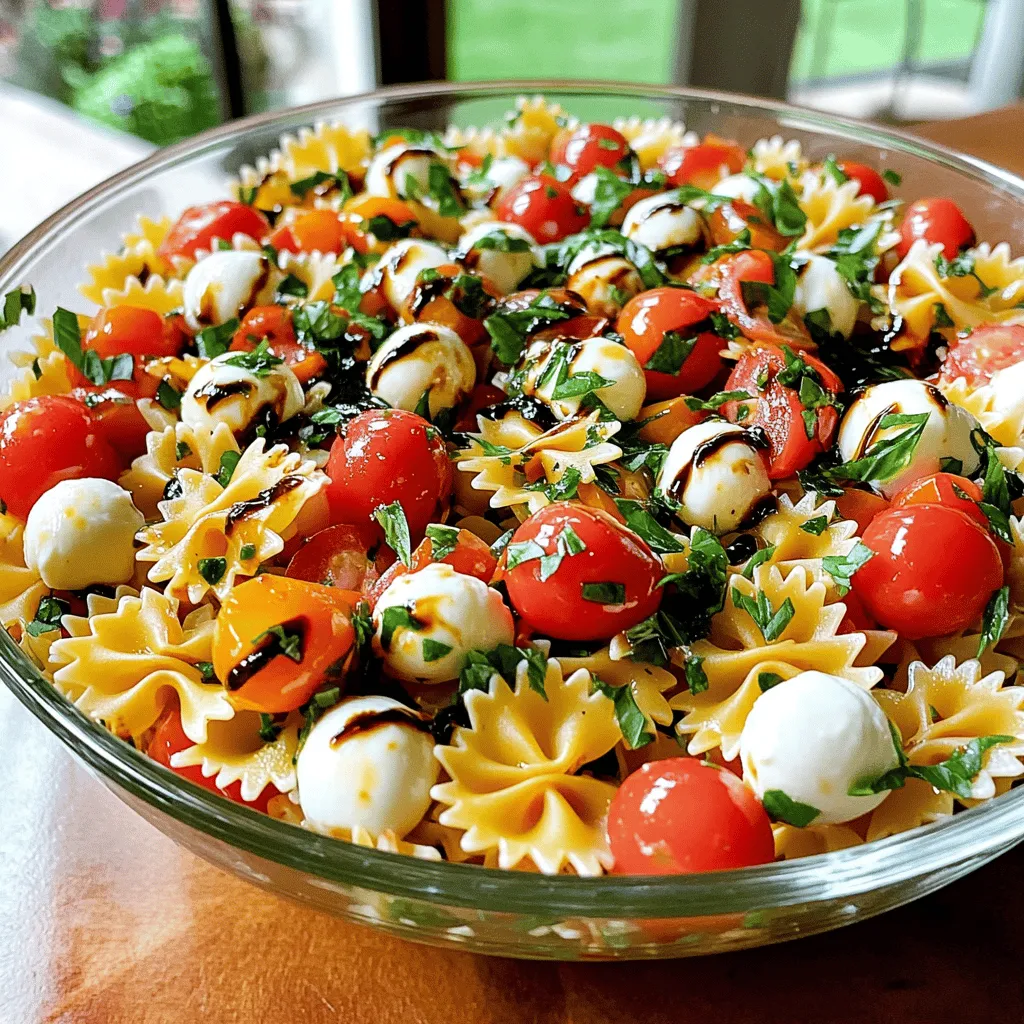 - 8 ounces bowtie pasta - 1 cup cherry tomatoes, halved - 8 ounces fresh mozzarella balls, halved - 1/4 cup fresh basil leaves, finely chopped - 2 tablespoons balsamic glaze - 2 tablespoons extra virgin olive oil - 1 clove garlic, minced - Salt and freshly cracked black pepper, to taste In this Caprese pasta salad, we focus on fresh and simple ingredients. The bowtie pasta serves as a delightful base. I love using cherry tomatoes for their sweet and juicy flavor. Fresh mozzarella adds a creamy texture. The basil leaves bring a fragrant aroma that brightens the dish. The balsamic glaze gives a touch of sweetness and tang. Extra virgin olive oil adds richness. Minced garlic enhances the flavor profile, making it more robust. Salt and black pepper help balance all the tastes. Using high-quality ingredients makes a big difference. For example, ripe tomatoes and fresh mozzarella create a vibrant taste. This salad is perfect for a light meal or as a side dish. You can find the full recipe in the section above. Enjoy the fresh flavors! To make the perfect pasta, start with a big pot of water. Add salt to the water before it boils. This helps flavor the pasta. Once the water is rolling, add the bowtie pasta. Cook it for about 8-10 minutes until you reach al dente. This means it should be firm but not hard. After cooking, drain the pasta and rinse it with cold water. This stops the cooking process and cools it down quickly. Now, take a large mixing bowl. Add your cooled pasta, halved cherry tomatoes, and fresh mozzarella balls. Make sure everything is evenly mixed. This gives a beautiful color and flavor to the salad. The even mix ensures every bite is tasty and fresh. In a small bowl, whisk together balsamic glaze, extra virgin olive oil, and minced garlic. Add a pinch of salt and cracked black pepper for extra taste. Taste it and adjust the flavors. You can add more salt or glaze if needed. This dressing brings a rich and tangy taste to the salad. Drizzle the dressing over the pasta mixture. Gently toss everything together using a spatula or tongs. Be careful not to break the pasta or cheese. Let the salad sit at room temperature for about 15 minutes. This resting time helps the flavors blend together, making each bite even better. Enjoy your Caprese Pasta Salad Delight! For a full recipe, check the detailed instructions. To make your Caprese Pasta Salad shine, start with fresh ingredients. Look for bright tomatoes and creamy mozzarella. Fresh basil adds a fragrant touch. Always check for ripeness. Use a sharp knife to cut your ingredients. This keeps them looking neat and helps with even mixing. For easy mixing, a large bowl works best. A spatula helps you toss without breaking the pasta. If you have tongs, they can also work well. You want to gently mix everything so the flavors blend. To boost flavor, consider adding spices. A pinch of red pepper flakes can add heat. Fresh cracked black pepper enhances the taste. You can also try dried oregano or Italian seasoning. They pair nicely with the basil. If you want to get creative, add extra ingredients. Try sliced olives for a briny kick. Avocado can bring creaminess. Roasted bell peppers add sweetness and color. Each addition changes the flavor profile, making it fun to experiment. Serve your salad with crusty bread. It’s perfect for soaking up extra dressing. Pair it with grilled chicken or shrimp for a full meal. Both add protein and balance the salad's lightness. For a stunning presentation, use a glass bowl. This way, the bright colors show through. Just before serving, top with extra basil and a drizzle of balsamic glaze. It looks beautiful and makes the dish even more inviting. For the full recipe, check out the detailed steps to create your own Caprese Pasta Salad Delight. {{image_4}} You can change the pasta type in this Caprese Pasta Salad. Try using whole wheat, penne, or even gluten-free pasta. Each type brings a unique taste and texture. If you want a twist, substitute fresh mozzarella with burrata cheese or feta. Both add creamy goodness and different flavors. You can switch up the dressing to add your own flair. A lemon vinaigrette can brighten the salad. To make one, mix lemon juice, olive oil, salt, and pepper. For a spicy kick, add red pepper flakes. Adjust flavors by adding more herbs like oregano or thyme. Experimenting keeps the salad exciting. Use fresh, seasonal ingredients for the best taste. In summer, add fresh corn or cucumber for crunch. In fall, roasted butternut squash or pumpkin seeds bring warmth. For festive occasions, incorporate pomegranate seeds or roasted nuts for a colorful touch. Seasonal swaps make the salad unique every time. To store leftovers of your Caprese Pasta Salad, first let it cool. Place the salad in an airtight container. This keeps it fresh and tasty. I recommend using glass containers, as they do not stain and are easy to clean. Make sure to keep the dressing separate if you plan to store it for a longer time. This helps keep the pasta and cheese from getting soggy. In the fridge, your Caprese Pasta Salad lasts about three days. It’s best to eat it fresh, but leftovers can be tasty too. If you want to freeze it, I suggest not freezing the salad. The fresh ingredients do not hold up well. If you must, freeze only the pasta. It can last up to three months in the freezer. To reheat the pasta without losing its texture, use a microwave. Heat it in short intervals, stirring in between. This helps warm it evenly. You can add a splash of olive oil to keep it moist. For serving leftover salad, try adding fresh basil or a drizzle of balsamic glaze. This makes it look and taste fresh again. Enjoy your flavorful and fresh delight! You can use many pasta types for Caprese Pasta Salad. Bowtie pasta is popular, but penne or fusilli works well, too. Cooking times may vary slightly. For penne, cook for 10-12 minutes. For fusilli, aim for 9-11 minutes. Always check the package for exact times. After cooking, rinse the pasta to cool it down. This stops the cooking process and keeps it firm. Yes, you can prepare this salad ahead of time. I recommend mixing the pasta and veggies. Keep the dressing separate until you serve. This keeps the pasta from getting soggy. You can store the salad in the fridge for up to 24 hours. Just remember to let it sit at room temperature for about 15 minutes before serving. Caprese Pasta Salad pairs great with many dishes. Try serving it with grilled chicken for protein. A slice of crusty bread complements it nicely. You can also serve it with a fresh green salad. For a special touch, add a glass of chilled white wine. Absolutely! Adding protein makes this salad even more filling. Grilled chicken is an excellent choice. You can also use shrimp or even chickpeas for a vegetarian option. Cook the protein separately and mix it in just before serving. This keeps the salad fresh and tasty. For more details, refer to the Full Recipe. This blog post covers the delicious Caprese Pasta Salad, from fresh ingredients to storage tips. You learned how to cook pasta perfectly, mix fresh ingredients, and create tasty dressings. We explored tips for flavor enhancements and different storage methods. You can customize your salad and try new ingredients. Enjoy this easy, tasty dish on any occasion. Whether as a main or a side, it brings flavor and freshness to your table. Make it your own and impress your guests with this simple recipe.